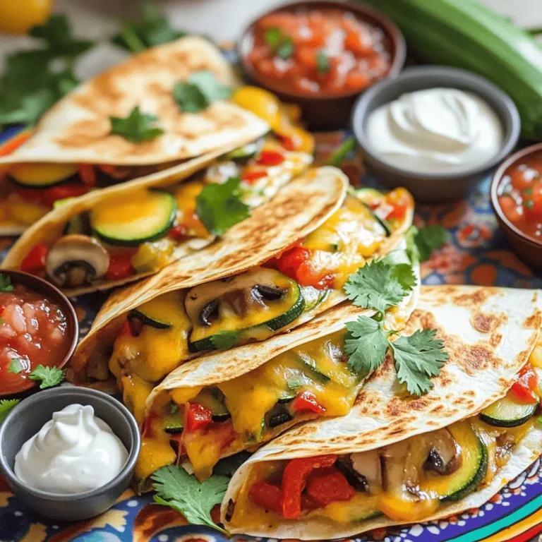 - 4 large flour tortillas - 1 cup black beans, drained and rinsed - 1 cup corn kernels (fresh or frozen) - 1 red bell pepper, diced - 1 medium zucchini, diced - 1 cup mushrooms, sliced (cremini or button) - 1 teaspoon ground cumin - 1 teaspoon smoked paprika - Fresh cilantro, chopped When I make loaded veggie quesadillas, I start with simple ingredients. The main items are tortillas, black beans, and corn. These form the base of the dish. I love using black beans for protein and corn for a sweet crunch. Next, I choose fresh vegetables. A diced red bell pepper adds color and sweetness. A medium zucchini brings moisture and texture. I also use mushrooms, either cremini or button, for their earthy flavor. These veggies blend well and create a hearty filling. Seasoning is key. I add ground cumin for a warm, earthy taste. Smoked paprika gives a hint of smokiness. Finally, I sprinkle chopped cilantro on top for freshness. These flavors come together to make a tasty and healthy meal. For the full recipe, you can find it [here](link). To make the filling, start by sautéing the vegetables. Heat olive oil in a large skillet over medium heat. Once the oil shimmers, add diced red bell pepper, zucchini, and sliced mushrooms. Cook these for about 5-7 minutes. Stir often. You want them soft and fragrant. Next, add the black beans and corn. Sprinkle in the ground cumin and smoked paprika. Season with salt and black pepper. Mix well, then cook for another 2-3 minutes. This helps all the flavors blend. After everything heats up, remove the skillet from the heat. Transfer the veggie mixture to a bowl and let it cool. Now, let’s layer the quesadillas. Wipe out the skillet with a paper towel. Place one tortilla back in the skillet. Sprinkle half of it with shredded cheese. Next, add a good heap of the veggie mixture on top of the cheese. Then, layer another sprinkle of cheese over the veggies. Carefully fold the tortilla in half. Cook it for about 3-4 minutes on each side. You want the tortilla golden brown and crispy. The cheese should melt nicely. Repeat this with the remaining tortillas and filling. Once all your quesadillas are cooked, slice them into wedges. Arrange these tasty pieces on a serving platter. For a nice touch, sprinkle chopped cilantro on top. You can serve with small bowls of sour cream or Greek yogurt, and zesty salsa. This makes it fun for dipping. Enjoy your delicious creation! For the full recipe, check out the details above. To boost flavor in your loaded veggie quesadillas, use spices like: - Ground cumin: It adds warmth. - Smoked paprika: This gives a nice smoky taste. For cheese, I love using a mix. Try: - Cheddar: Sharp and tangy. - Monterey Jack: Creamy and mild. - A blend: This gives you the best of both worlds. To get the perfect crispiness, ensure your skillet is hot. Cook each quesadilla for about 3-4 minutes on each side. You want a golden brown color and melted cheese. You can choose different cooking methods: - Grill: Adds a smoky flavor. - Skillet: Perfect for easy flipping. Plating is key for a great look. Serve your quesadillas on a bright platter. Top them with fresh cilantro for a pop of color. Add small bowls of sour cream and salsa on the side. This not only looks nice but also lets everyone dip as they like. For the full recipe, check the details above. {{image_4}} You can add protein to your quesadillas easily. Chicken is a great choice. Simply cook it and shred it before mixing it with your veggies. If you want a vegan option, try tofu. Press and cube the tofu, then sauté until golden. This adds texture and boosts protein. If you're looking for dairy-free options, you have choices. Many brands offer vegan cheese that melts well. Nutritional yeast is another great substitute. It adds a cheesy flavor without dairy. You can also mix different cheese types for a unique taste. Try a blend of cheddar and mozzarella for creaminess. You can customize your quesadillas with seasonal veggies. Fresh spinach adds color and nutrients. Roasted sweet potatoes give a sweet touch. Bell peppers and onions are also tasty choices. Play around with your favorites to make a dish that you love. Add what you enjoy most for a personal touch. To keep your loaded veggie quesadillas fresh, store them the right way. - Refrigerating leftovers: Place any leftover quesadillas in an airtight container. They will stay fresh in the fridge for up to three days. Make sure they cool down first to avoid steam buildup, which can make them soggy. - Freezing cooked quesadillas: If you want to save some for later, freeze them. Wrap each quesadilla in plastic wrap or foil. Then, put them in a freezer bag. They can last for about two months in the freezer. When it’s time to eat your stored quesadillas, reheating them properly is key. - Best methods to maintain texture: For the best results, heat them in a skillet over medium heat. This method keeps them crispy. You can also use an oven at 350°F for about 10-15 minutes. - Tips for reheating without drying out: If using a microwave, cover the quesadilla with a damp paper towel. This helps keep it from drying out. Heat in short bursts, checking often to avoid overcooking. Knowing how long to keep your quesadillas is important. - How long to keep in the fridge: Store them in the fridge for up to three days. After that, they may lose flavor and texture. - Signs of spoilage: Look out for any off smells or visible mold. If you see any changes, it's best to toss them. Fresh quesadillas should smell good and look appetizing. For more details on making these delicious quesadillas, check out the Full Recipe. Yes, you can make Loaded Veggie Quesadillas ahead of time. To do this, prepare the filling and let it cool. You can then store it in the fridge for up to three days. When ready to cook, fill your tortillas with the veggie mix and cheese as usual. Cook them in a skillet until they are crispy and hot. This way, you save time and still enjoy a tasty meal. If you need a substitute for tortillas, you have options. You can use corn tortillas if you want a gluten-free choice. Lettuce wraps are also great for a low-carb option. You can even try using large cabbage leaves. These will hold your filling well and add a nice crunch. To keep your quesadillas crispy, avoid overloading them with filling. Use just enough to enjoy the flavors without making a mess. Cook them on medium heat, and flip them only once. Let them rest for a minute before slicing. This helps keep them crispy until serving. Loaded veggie quesadillas are delicious and easy to make with fresh ingredients. You start by sautéing veggies and mixing in beans and corn. Then, assemble and cook for that perfect crunch. Don’t forget to add your favorite spices and herbs for flavor. You can even switch up ingredients to suit your tastes. Store leftovers properly for later enjoyment. With these tips, you’ll impress anyone with great quesadillas. Enjoy creating your own tasty versions!