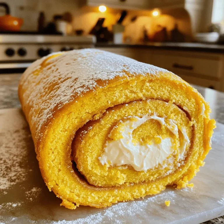 - 3/4 cup all-purpose flour - 1 cup granulated sugar - 1 cup canned pumpkin puree The main ingredients bring the classic pumpkin flavor. All-purpose flour gives the cake structure. Granulated sugar adds sweetness, while canned pumpkin puree keeps it moist and flavorful. - 8 oz cream cheese, softened - 1/4 cup unsalted butter, softened - 1 cup powdered sugar The filling makes the pumpkin roll special. Cream cheese adds a rich taste. Unsalted butter gives a smooth texture, and powdered sugar sweetens the filling just right. - 15x10 inch jelly roll pan - Electric mixer - Parchment paper Using the right tools makes cooking easier. The jelly roll pan is perfect for baking the cake evenly. An electric mixer saves time and effort when mixing. Don't forget parchment paper to prevent sticking and make cleanup simple. For the full recipe, check out the complete instructions to make this delightful pumpkin roll cake! 1. Preheat the Oven: First, heat your oven to 375°F (190°C). This step is key for even baking. 2. Prepare the Pan: Take a 15x10-inch jelly roll pan. Line it with parchment paper and lightly grease it. This helps the cake come out easily. 3. Mix Dry Ingredients: In a medium bowl, sift together: - 3/4 cup all-purpose flour - 1 teaspoon baking powder - 1/2 teaspoon baking soda - 1/2 teaspoon ground cinnamon - 1/4 teaspoon ground nutmeg - 1/4 teaspoon ground ginger - 1/4 teaspoon salt Set this mixture aside for later. 4. Beat Eggs and Sugar: In a large bowl, combine: - 3 large eggs - 1 cup granulated sugar Use an electric mixer to beat this on medium speed for about 3-4 minutes. You want it light and fluffy. 5. Incorporate Pumpkin: Add 1 cup canned pumpkin puree and 1 teaspoon vanilla extract. Stir gently until smooth. 6. Combine Mixtures: Slowly mix the dry ingredients into the pumpkin mixture. Be careful not to overmix. Just stir until combined. 7. Bake the Cake: Pour the batter into your prepared jelly roll pan. Spread it evenly. Bake for 13-15 minutes. The cake is done when it springs back when touched. 8. Roll the Cake: As soon as you take it out, dust the top with powdered sugar. Place a clean kitchen towel on top and flip the cake onto the towel. Carefully peel off the parchment. 9. Cool the Rolled Cake: Starting from one edge of the towel, roll the cake tightly. This helps shape it. Let it cool completely while rolled. Follow these steps to create your easy pumpkin roll cake. For the full recipe, check out the details above. Enjoy the process and the delicious outcome! To make your pumpkin roll cake a hit, avoid common mistakes. One key issue is overmixing the batter. Mix just until combined. This keeps the cake fluffy. Another mistake is cooling the cake incorrectly. After baking, roll it up in the towel right away. This helps it keep its shape. Garnishing your cake adds charm. Dust the top with powdered sugar for a sweet touch. You can also sprinkle some ground cinnamon. For a crunch, add a few toasted pecans. Serve the slices on a decorative platter. This makes your dessert look inviting and festive. Prep time is about 30 minutes. To save time, measure all your ingredients first. This way, you won’t search for items while mixing. When baking, use the oven timer. It helps you stay focused. After baking, rolling the cake while it’s warm speeds up the process. Follow these strategies for an efficient baking session. For the full recipe, check out the [Full Recipe]. {{image_4}} You can easily change the taste of your pumpkin roll cake. Adding spices can give it a new twist. Try using allspice or cloves for a warm flavor. You can also mix in nuts or chocolate chips. Walnuts or pecans add crunch. Chocolate chips make it sweet and fun. These small changes make a big difference in your cake. If you need to adjust for diet, there are great options. For a gluten-free version, use gluten-free flour. It works well in the recipe. If you want it dairy-free, swap the cream cheese for a dairy-free alternative. Coconut cream or a nut-based spread can be good choices. These swaps help everyone enjoy the cake without worry. Let’s get creative with themes! A Halloween-themed pumpkin roll can be fun. Add some orange and black sprinkles on top. You can also use spooky shapes when serving. For Thanksgiving, make it a centerpiece dessert. Serve it on a nice platter with cinnamon sticks. Both ideas make your pumpkin roll special for the occasion. For more details, check out the Full Recipe. To keep your pumpkin roll cake fresh, store it in the fridge. Wrap it tightly in plastic wrap or aluminum foil. This helps prevent it from drying out. Place it in an airtight container for extra protection. If you plan to eat it within a few days, refrigeration is best. If you want to save it for later, freezing is a great option. First, wrap the cake tightly in plastic wrap. Then, wrap it in foil to keep it safe from freezer burn. Label the package with the date, so you remember when you froze it. It can stay fresh in the freezer for about three months. When stored properly, the pumpkin roll cake can last about 4 to 5 days in the fridge. If you freeze it, it stays good for about three months. Always check for signs of spoilage before eating. Signs your cake may be bad include mold growth or an off smell. If it feels dry or hard, it’s also best to toss it. Enjoy your cake while it’s fresh for the best taste! For the full recipe, check out the earlier section. How do I fix a cracked pumpkin roll cake? If your pumpkin roll cake cracks, don’t worry! You can fix it with some frosting. Spread the cream cheese filling over the cracks. This way, no one will notice. You can also serve it with the cracks facing down. It can hide any flaws! Can I make this recipe ahead of time? Yes, you can make this pumpkin roll cake ahead of time! Prepare the cake and let it cool. Then, wrap it tightly in plastic wrap. Store it in the fridge for up to three days. You can also freeze it for up to three months. Just thaw it in the fridge before serving. Can I substitute fresh pumpkin for canned? You can use fresh pumpkin! Just cook and blend it until smooth. Make sure to drain any extra moisture. Canned pumpkin is often thicker, so fresh pumpkin may change the cake's texture a bit. How can I adjust the sweetness? To adjust the sweetness, you can add or reduce sugar. Start by reducing the sugar by 1/4 cup. Taste the batter before baking. If you want it sweeter, add a bit more sugar. You can also try a sugar substitute for a healthier option. What beverages pair well with pumpkin roll cake? Pumpkin roll cake goes well with many drinks. A warm cup of spiced chai or coffee is perfect. You can also serve it with apple cider for a cozy fall feel. Can I serve it with ice cream or whipped cream? Yes, serving pumpkin roll cake with ice cream or whipped cream is a great idea! A scoop of vanilla ice cream adds creaminess. Whipped cream on top can enhance the cake’s flavors. Try both for a delightful treat! This blog post covered everything you need for a pumpkin roll cake. We explored the key ingredients, from flour to pumpkin puree. You learned how to prepare, mix, and bake the cake, plus tips to make it perfect. Variations can add flavor and fit different diets, while storage info ensures freshness. Enjoy making your pumpkin roll cake, and remember, each step counts. Happy baking!