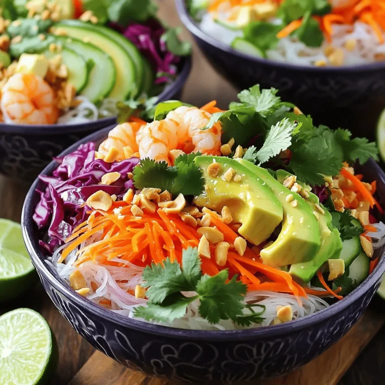 - 1 cup rice noodles - 1 cup shredded carrots - 1 cup red cabbage, finely sliced - 1 cucumber, peeled and julienned - 1 bell pepper (your choice of color), julienned - 1 ripe avocado, sliced - 1 cup cooked shrimp or cubed tofu (optional) These main ingredients form the base of your rainbow spring roll bowls. The rice noodles bring a nice chew, while the fresh veggies add crunch and color. Feel free to mix and match your favorite vegetables. You can even add more colors if you like. - 3 tablespoons soy sauce or tamari - 1 tablespoon sesame oil - 1 tablespoon fresh lime juice The dressing ties everything together. Soy sauce gives a salty kick, while sesame oil adds a nutty flavor. Lime juice brings a refreshing zing that wakes up your taste buds. You can adjust the amounts based on your taste. - 1/4 cup fresh cilantro, roughly chopped - 1/4 cup fresh mint leaves, roughly chopped - 1/4 cup peanuts, crushed (for garnish) Garnishes make your bowls pop! Fresh herbs like cilantro and mint add brightness. Crushed peanuts give a lovely crunch. These garnishes enhance both the look and taste of your dish. For the full recipe, check out [Full Recipe]. To start, fill a medium pot with water. Bring it to a rolling boil. Add 1 cup of rice noodles. Cook them for about 3 to 5 minutes. You want them tender but not mushy. When they are done, drain the noodles well. Rinse them under cold water. This stops the cooking. Set the noodles aside for now. While the noodles cook, wash all your vegetables. Use fresh and crisp ones for the best taste. I like to peel the cucumber first, then julienne it into thin strips. For the carrots, you can use a grater or a knife. Slice the red cabbage finely. Take a large bowl and mix the shredded carrots, sliced cabbage, julienned cucumber, and bell pepper. Toss them gently to combine. You want a colorful mix that looks great. Grab a small bowl for the dressing. Whisk together 3 tablespoons of soy sauce (or tamari), 1 tablespoon of sesame oil, and 1 tablespoon of fresh lime juice. Make sure to mix it well. Taste it and add a pinch of salt and pepper if needed. Adjusting seasoning helps bring out the flavors. Now, it’s time to build your bowls. Take individual serving bowls. Start with a layer of noodles at the bottom. Next, add a generous amount of the mixed vegetables on top. Then, lay down some slices of avocado. If you want protein, sprinkle cooked shrimp or tofu evenly across the bowls. Finally, top with fresh cilantro and mint leaves. They add a nice aroma and flavor. For a beautiful presentation, use clear or brightly colored bowls. This way, all the vibrant hues shine. For extra zest, place lime wedges on the side. Guests can squeeze them over their bowls before digging in. To roll spring rolls well, start with fresh rice paper. Dip it in warm water briefly until soft. Lay it flat on a clean surface. Place your ingredients close to the edge. Fold the edge over the filling. Tuck it in tight. Then, roll the paper away from you, folding in the sides. This creates a tight roll. To avoid tearing, don’t soak the rice paper too long. If it feels fragile, let it sit for a moment. You can also layer the filling for extra support. If a roll tears, use it as a guide for your next one. To boost the taste of your bowls, try adding crunchy toppings. Toasted sesame seeds or sliced jalapeños can add a nice crunch. You can also mix in edamame or bean sprouts for extra texture. Adjust the dressing to your liking. If you want more zing, add lime juice. For a richer taste, use more sesame oil. Always taste before you pour it over the bowls. This way, you can find the perfect balance for you. Rainbow Spring Roll Bowls are packed with fresh ingredients. Fresh veggies provide vitamins and minerals. Carrots, for instance, are great for your eyes. Cabbage offers fiber and antioxidants. In terms of calories, this bowl is light but filling. Each serving has around 300 calories, depending on your toppings. This makes it a good choice for lunch or dinner. Plus, the healthy fats from avocado keep you satisfied. Eating fresh is not just tasty; it’s good for your body too! {{image_4}} You can make Rainbow Spring Roll Bowls vegetarian by adding tofu or chickpeas. Tofu gives a nice texture, while chickpeas add protein. For veggies, switch up the mix! Try using sweet bell peppers, zucchini, or snap peas for a fresh taste. You can even add cooked quinoa for extra nutrients. These choices keep your meal colorful and fun! If you need gluten-free options, use gluten-free soy sauce or tamari instead of regular soy sauce. This keeps your sauce flavorful without the gluten. You can also swap rice noodles for rice paper wraps or spiralized veggies. This creates a light and fun meal without losing any taste. In summer, load your bowls with fresh fruits like mango or pineapple. These add a sweet touch that brightens up each bite. For winter, consider using roasted root vegetables like sweet potatoes or beets. They add warmth and depth to your bowls. Mixing in seasonal ingredients makes your bowls exciting all year round. To store your Rainbow Spring Roll Bowls, keep the fresh ingredients separate. This helps maintain their crunch and flavor. Use airtight containers for the rice noodles and veggies. For best results, store them in the fridge. They can stay fresh for about 2-3 days. If you have leftover dressing, place it in a small jar. It will keep well sealed in the fridge too. I love preparing ingredients in advance. Chop your veggies a day early and store them in the fridge. This makes it quick to assemble bowls when you are ready to eat. You can also cook the rice noodles ahead of time. Just make sure to rinse them in cold water to stop the cooking process. Assemble your bowls right before serving. This keeps everything fresh and colorful. If you need to reheat the noodles, do it gently. Place them in a microwave-safe bowl and add a bit of water. Heat for 30 seconds, then stir. This helps avoid sogginess. If you want to keep the textures nice, try not to overheat them. Serve the noodles warm, but enjoy the fresh veggies cold. This contrast makes each bite delightful. Yes, you can prep your Rainbow Spring Roll Bowls in advance. Start by cooking the rice noodles and letting them cool. You can chop all the veggies and store them in an airtight container. This keeps them fresh and crunchy. Mix the dressing and keep it in a separate jar. Assemble the bowls just before you serve. This way, the colors stay bright, and the veggies stay crisp. If you want to switch up the noodles, try using soba or glass noodles. They offer a nice texture and flavor. You can even use zucchini noodles for a low-carb option. Just remember to adjust your cooking time based on what you choose. Each type of noodle brings its own taste to the dish. Leftovers from your Rainbow Spring Roll Bowls will last about three days in the fridge. Store them in an airtight container to keep them fresh. The veggies might soften over time, so it’s best to eat them quickly. If you have leftovers, you can also use them in stir-fries or salads. You now have all the key steps to create delicious Rainbow Spring Roll Bowls. From selecting fresh ingredients like rice noodles and vibrant veggies to crafting a flavorful dressing, everything is at your fingertips. Remember to store your leftovers properly and follow meal prep tips for easy weeknight meals. These bowls are not just tasty; they are also a healthy choice. Get creative with seasonal variations and toppings to suit your taste. Enjoy the process and share the joy of cooking with others!
