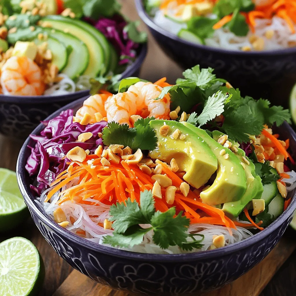 - 1 cup rice noodles - 1 cup shredded carrots - 1 cup red cabbage, finely sliced - 1 cucumber, peeled and julienned - 1 bell pepper (your choice of color), julienned - 1 ripe avocado, sliced - 1 cup cooked shrimp or cubed tofu (optional) These main ingredients form the base of your rainbow spring roll bowls. The rice noodles bring a nice chew, while the fresh veggies add crunch and color. Feel free to mix and match your favorite vegetables. You can even add more colors if you like. - 3 tablespoons soy sauce or tamari - 1 tablespoon sesame oil - 1 tablespoon fresh lime juice The dressing ties everything together. Soy sauce gives a salty kick, while sesame oil adds a nutty flavor. Lime juice brings a refreshing zing that wakes up your taste buds. You can adjust the amounts based on your taste. - 1/4 cup fresh cilantro, roughly chopped - 1/4 cup fresh mint leaves, roughly chopped - 1/4 cup peanuts, crushed (for garnish) Garnishes make your bowls pop! Fresh herbs like cilantro and mint add brightness. Crushed peanuts give a lovely crunch. These garnishes enhance both the look and taste of your dish. For the full recipe, check out [Full Recipe]. To start, fill a medium pot with water. Bring it to a rolling boil. Add 1 cup of rice noodles. Cook them for about 3 to 5 minutes. You want them tender but not mushy. When they are done, drain the noodles well. Rinse them under cold water. This stops the cooking. Set the noodles aside for now. While the noodles cook, wash all your vegetables. Use fresh and crisp ones for the best taste. I like to peel the cucumber first, then julienne it into thin strips. For the carrots, you can use a grater or a knife. Slice the red cabbage finely. Take a large bowl and mix the shredded carrots, sliced cabbage, julienned cucumber, and bell pepper. Toss them gently to combine. You want a colorful mix that looks great. Grab a small bowl for the dressing. Whisk together 3 tablespoons of soy sauce (or tamari), 1 tablespoon of sesame oil, and 1 tablespoon of fresh lime juice. Make sure to mix it well. Taste it and add a pinch of salt and pepper if needed. Adjusting seasoning helps bring out the flavors. Now, it’s time to build your bowls. Take individual serving bowls. Start with a layer of noodles at the bottom. Next, add a generous amount of the mixed vegetables on top. Then, lay down some slices of avocado. If you want protein, sprinkle cooked shrimp or tofu evenly across the bowls. Finally, top with fresh cilantro and mint leaves. They add a nice aroma and flavor. For a beautiful presentation, use clear or brightly colored bowls. This way, all the vibrant hues shine. For extra zest, place lime wedges on the side. Guests can squeeze them over their bowls before digging in. To roll spring rolls well, start with fresh rice paper. Dip it in warm water briefly until soft. Lay it flat on a clean surface. Place your ingredients close to the edge. Fold the edge over the filling. Tuck it in tight. Then, roll the paper away from you, folding in the sides. This creates a tight roll. To avoid tearing, don’t soak the rice paper too long. If it feels fragile, let it sit for a moment. You can also layer the filling for extra support. If a roll tears, use it as a guide for your next one. To boost the taste of your bowls, try adding crunchy toppings. Toasted sesame seeds or sliced jalapeños can add a nice crunch. You can also mix in edamame or bean sprouts for extra texture. Adjust the dressing to your liking. If you want more zing, add lime juice. For a richer taste, use more sesame oil. Always taste before you pour it over the bowls. This way, you can find the perfect balance for you. Rainbow Spring Roll Bowls are packed with fresh ingredients. Fresh veggies provide vitamins and minerals. Carrots, for instance, are great for your eyes. Cabbage offers fiber and antioxidants. In terms of calories, this bowl is light but filling. Each serving has around 300 calories, depending on your toppings. This makes it a good choice for lunch or dinner. Plus, the healthy fats from avocado keep you satisfied. Eating fresh is not just tasty; it’s good for your body too! {{image_4}} You can make Rainbow Spring Roll Bowls vegetarian by adding tofu or chickpeas. Tofu gives a nice texture, while chickpeas add protein. For veggies, switch up the mix! Try using sweet bell peppers, zucchini, or snap peas for a fresh taste. You can even add cooked quinoa for extra nutrients. These choices keep your meal colorful and fun! If you need gluten-free options, use gluten-free soy sauce or tamari instead of regular soy sauce. This keeps your sauce flavorful without the gluten. You can also swap rice noodles for rice paper wraps or spiralized veggies. This creates a light and fun meal without losing any taste. In summer, load your bowls with fresh fruits like mango or pineapple. These add a sweet touch that brightens up each bite. For winter, consider using roasted root vegetables like sweet potatoes or beets. They add warmth and depth to your bowls. Mixing in seasonal ingredients makes your bowls exciting all year round. To store your Rainbow Spring Roll Bowls, keep the fresh ingredients separate. This helps maintain their crunch and flavor. Use airtight containers for the rice noodles and veggies. For best results, store them in the fridge. They can stay fresh for about 2-3 days. If you have leftover dressing, place it in a small jar. It will keep well sealed in the fridge too. I love preparing ingredients in advance. Chop your veggies a day early and store them in the fridge. This makes it quick to assemble bowls when you are ready to eat. You can also cook the rice noodles ahead of time. Just make sure to rinse them in cold water to stop the cooking process. Assemble your bowls right before serving. This keeps everything fresh and colorful. If you need to reheat the noodles, do it gently. Place them in a microwave-safe bowl and add a bit of water. Heat for 30 seconds, then stir. This helps avoid sogginess. If you want to keep the textures nice, try not to overheat them. Serve the noodles warm, but enjoy the fresh veggies cold. This contrast makes each bite delightful. Yes, you can prep your Rainbow Spring Roll Bowls in advance. Start by cooking the rice noodles and letting them cool. You can chop all the veggies and store them in an airtight container. This keeps them fresh and crunchy. Mix the dressing and keep it in a separate jar. Assemble the bowls just before you serve. This way, the colors stay bright, and the veggies stay crisp. If you want to switch up the noodles, try using soba or glass noodles. They offer a nice texture and flavor. You can even use zucchini noodles for a low-carb option. Just remember to adjust your cooking time based on what you choose. Each type of noodle brings its own taste to the dish. Leftovers from your Rainbow Spring Roll Bowls will last about three days in the fridge. Store them in an airtight container to keep them fresh. The veggies might soften over time, so it’s best to eat them quickly. If you have leftovers, you can also use them in stir-fries or salads. You now have all the key steps to create delicious Rainbow Spring Roll Bowls. From selecting fresh ingredients like rice noodles and vibrant veggies to crafting a flavorful dressing, everything is at your fingertips. Remember to store your leftovers properly and follow meal prep tips for easy weeknight meals. These bowls are not just tasty; they are also a healthy choice. Get creative with seasonal variations and toppings to suit your taste. Enjoy the process and share the joy of cooking with others!