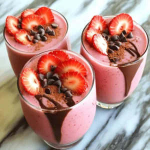 - 1 cup fresh strawberries - 1 ripe banana (frozen) - 1 cup almond milk (or preferred milk) - 2 tablespoons unsweetened cocoa powder - 1 tablespoon honey or maple syrup - 1/2 teaspoon pure vanilla extract - 1 tablespoon chia seeds (optional) - 1/4 cup dark chocolate chips When making this smoothie, it starts with fresh strawberries. You want to wash and hull them well. A ripe banana adds a creamy texture. Freeze your banana for the best result. Almond milk is a great choice, but use any milk you like. Cocoa powder gives that rich chocolate flavor. Honey or maple syrup helps sweeten it just right. A touch of vanilla extract adds depth. If you want extra nutrition, toss in chia seeds. Lastly, dark chocolate chips blend in perfectly for that indulgent taste. - Whole strawberries (for garnish) - Cocoa powder (for sprinkling) - Extra chocolate chips To make your smoothie look even more tempting, use whole strawberries to garnish. A sprinkle of cocoa powder adds flair. If you love chocolate, extra chocolate chips can top it off nicely. These simple touches make your smoothie not only tasty but also pretty. - First, wash each strawberry under cool water. - Remove the green tops with a knife. - Set aside a few whole strawberries for later. - In a high-speed blender, combine the hulled strawberries and frozen banana. - Add almond milk, cocoa powder, honey, vanilla, and dark chocolate chips. - If you want more thickness, add chia seeds now. - Blend until it’s smooth and creamy. - If it’s too thick, add more almond milk. - Taste your smoothie to see if it’s sweet enough. - If you want it sweeter, blend in more honey or syrup. - Carefully pour the smoothie into your glasses. - Garnish with the saved strawberries and sprinkle cocoa powder or chocolate chips on top. To adjust the thickness of your smoothie, add more almond milk. Start with a small amount. Blend well. If your smoothie is too thin, add more frozen banana or chia seeds. These ingredients will help thicken it. Always blend until smooth for the best texture. When blending, use a high-speed blender. This ensures a creamy mix. Stop and scrape down the sides if needed. Blending in batches can help if your blender is small. You can adjust the sweetness to fit your taste. If you prefer a sweeter drink, add more honey or syrup. Blend again to mix it in well. Taste your smoothie after blending. This way, you can get it just right. If you want sugar-free options, try using mashed dates or agave nectar. Both work well in smoothies. You can also skip the sweeteners if you like it less sweet. Serve your smoothie in clear glasses. This highlights the bright red color of the strawberries. For a fancy touch, melt some chocolate in the microwave. Drizzle it along the inside of the glass before pouring in your smoothie. Garnish with whole strawberries on top. A sprinkle of cocoa powder or extra chocolate chips adds extra flair. These simple tips make your drink look special and inviting. {{image_4}} You can make this smoothie creamy without dairy. Oat milk or coconut milk works great. Both choices add a nice taste. Oat milk is smooth and nutty. Coconut milk gives a tropical twist. Just swap almond milk for either option. Feel free to switch up the fruit. Instead of strawberries, use blueberries or raspberries. They add a different flavor but keep it fruity. You can also add protein powder or nut butter. These add protein and make it more filling. Try using seasonal fruits for new flavors. In summer, add peaches or cherries. These fruits blend well with the chocolate taste. You can also mix in some fresh mint for a refreshing touch. Enjoy experimenting with what’s in season! To store leftover smoothie, pour it into a clean jar or container. Seal tightly. This keeps it fresh and tasty. Your smoothie lasts about 1 to 2 days in the fridge. Make sure to give it a shake before drinking. The ingredients might settle, but that’s normal. If you want to save it for later, freezing is a great option. Pour the smoothie into ice cube trays or freezer-safe bags. This makes it easy to grab a portion. Smoothies can last up to 3 months in the freezer. When you’re ready to enjoy it, just blend it again with a splash of almond milk. Got leftover strawberries or cocoa powder? You can add them to yogurt or oatmeal for breakfast. They also work well in baked goods. If you have extra smoothie, make a smoothie bowl. Pour it into a bowl, then add toppings like granola, nuts, or more fruit. This way, nothing goes to waste, and you get a fun new dish! You can swap almond milk for several alternatives. Here are some options: - Oat milk: Creamy and sweet, it works well in smoothies. - Coconut milk: Adds a tropical flavor, great for a rich taste. - Soy milk: High in protein and has a similar texture. - Regular milk: If you’re not dairy-free, this is a simple choice. These options suit different diets and tastes. Yes, you can use frozen strawberries. They help make the smoothie cold and thick. Frozen fruit also keeps well, so it's a great option if fresh berries aren't available. Just remember to blend them longer to achieve a smooth texture. They may add a bit of sweetness too. This smoothie can work as a meal replacement. It has fruits, healthy fats, and protein from chia seeds. For a balanced meal, consider adding a scoop of protein powder. This provides more nutrients and keeps you full longer. Enjoy it as a quick breakfast or a post-workout snack. This blog post shared a simple recipe for a tasty smoothie. I covered the main ingredients, step-by-step instructions, tips, variations, and storage info. You learned how to blend strawberries, bananas, and cocoa for a creamy treat. Remember, you can customize it with different fruits or milk based on your needs. Smoothies are fun and healthy. Enjoy making your own versions with these tips. With practice, you’ll create a smoothie you love every time.