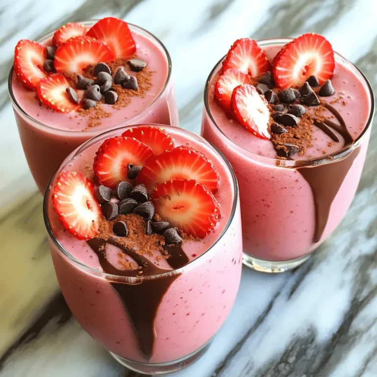 - 1 cup fresh strawberries - 1 ripe banana (frozen) - 1 cup almond milk (or preferred milk) - 2 tablespoons unsweetened cocoa powder - 1 tablespoon honey or maple syrup - 1/2 teaspoon pure vanilla extract - 1 tablespoon chia seeds (optional) - 1/4 cup dark chocolate chips When making this smoothie, it starts with fresh strawberries. You want to wash and hull them well. A ripe banana adds a creamy texture. Freeze your banana for the best result. Almond milk is a great choice, but use any milk you like. Cocoa powder gives that rich chocolate flavor. Honey or maple syrup helps sweeten it just right. A touch of vanilla extract adds depth. If you want extra nutrition, toss in chia seeds. Lastly, dark chocolate chips blend in perfectly for that indulgent taste. - Whole strawberries (for garnish) - Cocoa powder (for sprinkling) - Extra chocolate chips To make your smoothie look even more tempting, use whole strawberries to garnish. A sprinkle of cocoa powder adds flair. If you love chocolate, extra chocolate chips can top it off nicely. These simple touches make your smoothie not only tasty but also pretty. - First, wash each strawberry under cool water. - Remove the green tops with a knife. - Set aside a few whole strawberries for later. - In a high-speed blender, combine the hulled strawberries and frozen banana. - Add almond milk, cocoa powder, honey, vanilla, and dark chocolate chips. - If you want more thickness, add chia seeds now. - Blend until it’s smooth and creamy. - If it’s too thick, add more almond milk. - Taste your smoothie to see if it’s sweet enough. - If you want it sweeter, blend in more honey or syrup. - Carefully pour the smoothie into your glasses. - Garnish with the saved strawberries and sprinkle cocoa powder or chocolate chips on top. To adjust the thickness of your smoothie, add more almond milk. Start with a small amount. Blend well. If your smoothie is too thin, add more frozen banana or chia seeds. These ingredients will help thicken it. Always blend until smooth for the best texture. When blending, use a high-speed blender. This ensures a creamy mix. Stop and scrape down the sides if needed. Blending in batches can help if your blender is small. You can adjust the sweetness to fit your taste. If you prefer a sweeter drink, add more honey or syrup. Blend again to mix it in well. Taste your smoothie after blending. This way, you can get it just right. If you want sugar-free options, try using mashed dates or agave nectar. Both work well in smoothies. You can also skip the sweeteners if you like it less sweet. Serve your smoothie in clear glasses. This highlights the bright red color of the strawberries. For a fancy touch, melt some chocolate in the microwave. Drizzle it along the inside of the glass before pouring in your smoothie. Garnish with whole strawberries on top. A sprinkle of cocoa powder or extra chocolate chips adds extra flair. These simple tips make your drink look special and inviting. {{image_4}} You can make this smoothie creamy without dairy. Oat milk or coconut milk works great. Both choices add a nice taste. Oat milk is smooth and nutty. Coconut milk gives a tropical twist. Just swap almond milk for either option. Feel free to switch up the fruit. Instead of strawberries, use blueberries or raspberries. They add a different flavor but keep it fruity. You can also add protein powder or nut butter. These add protein and make it more filling. Try using seasonal fruits for new flavors. In summer, add peaches or cherries. These fruits blend well with the chocolate taste. You can also mix in some fresh mint for a refreshing touch. Enjoy experimenting with what’s in season! To store leftover smoothie, pour it into a clean jar or container. Seal tightly. This keeps it fresh and tasty. Your smoothie lasts about 1 to 2 days in the fridge. Make sure to give it a shake before drinking. The ingredients might settle, but that’s normal. If you want to save it for later, freezing is a great option. Pour the smoothie into ice cube trays or freezer-safe bags. This makes it easy to grab a portion. Smoothies can last up to 3 months in the freezer. When you’re ready to enjoy it, just blend it again with a splash of almond milk. Got leftover strawberries or cocoa powder? You can add them to yogurt or oatmeal for breakfast. They also work well in baked goods. If you have extra smoothie, make a smoothie bowl. Pour it into a bowl, then add toppings like granola, nuts, or more fruit. This way, nothing goes to waste, and you get a fun new dish! You can swap almond milk for several alternatives. Here are some options: - Oat milk: Creamy and sweet, it works well in smoothies. - Coconut milk: Adds a tropical flavor, great for a rich taste. - Soy milk: High in protein and has a similar texture. - Regular milk: If you’re not dairy-free, this is a simple choice. These options suit different diets and tastes. Yes, you can use frozen strawberries. They help make the smoothie cold and thick. Frozen fruit also keeps well, so it's a great option if fresh berries aren't available. Just remember to blend them longer to achieve a smooth texture. They may add a bit of sweetness too. This smoothie can work as a meal replacement. It has fruits, healthy fats, and protein from chia seeds. For a balanced meal, consider adding a scoop of protein powder. This provides more nutrients and keeps you full longer. Enjoy it as a quick breakfast or a post-workout snack. This blog post shared a simple recipe for a tasty smoothie. I covered the main ingredients, step-by-step instructions, tips, variations, and storage info. You learned how to blend strawberries, bananas, and cocoa for a creamy treat. Remember, you can customize it with different fruits or milk based on your needs. Smoothies are fun and healthy. Enjoy making your own versions with these tips. With practice, you’ll create a smoothie you love every time.