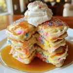 - 1 cup all-purpose flour - 2 tablespoons granulated sugar - 1 teaspoon baking powder - 1/2 teaspoon baking soda - 1/4 teaspoon salt These main ingredients form the base of your pancakes. All-purpose flour gives them structure. Sugar adds sweetness, while baking powder and baking soda help them rise. Salt balances the flavors. - 1 large egg - 1 cup buttermilk (or homemade substitute) - 2 tablespoons unsalted butter, melted - 1 teaspoon vanilla extract The wet ingredients bring moisture and flavor. The egg binds everything together. Buttermilk adds a nice tang. Melted butter gives richness, and vanilla brings warmth. - 1/4 cup rainbow sprinkles - Additional butter or oil for cooking Rainbow sprinkles make these pancakes fun and festive. They add color and a sweet crunch. Use butter or oil in your pan to prevent sticking while cooking. Start by grabbing a large mixing bowl. In it, combine 1 cup of all-purpose flour, 2 tablespoons of granulated sugar, 1 teaspoon of baking powder, 1/2 teaspoon of baking soda, and 1/4 teaspoon of salt. Whisk them together. Make sure there are no lumps. This mix gives the pancakes their fluffy texture. In another bowl, crack 1 large egg and beat it lightly. Then, add 1 cup of buttermilk. If you need a quick substitute, mix 1 cup of regular milk with 1 tablespoon of vinegar. Next, pour in 2 tablespoons of melted unsalted butter and 1 teaspoon of vanilla extract. Mix this until it’s smooth and well blended. Now it’s time to combine! Carefully pour the wet mixture into the dry ingredients. Use a spatula or spoon to stir gently. Mix until just combined. It’s okay if you see a few lumps; this keeps the pancakes light and airy. Preheat your non-stick skillet over medium heat. Add a small amount of butter or oil to coat the surface. Using a 1/4 cup measuring cup, pour the batter onto the skillet. Cook until bubbles form on the surface, about 2-3 minutes. Then, flip the pancakes and cook for another 1-2 minutes until golden brown. Repeat this with the rest of the batter, adding more butter or oil if needed. Enjoy your fluffy funfetti pancakes! To make the fluffiest pancakes, avoid over-mixing the batter. When you combine your wet and dry ingredients, stir just until they blend. Lumps are okay; they help keep your pancakes light. The best cooking temperature is medium heat. Too hot, and the outsides burn while the insides stay raw. A non-stick skillet works well, but you can use a griddle too. For a fun and festive look, stack your pancakes high on a colorful plate. Drizzle warm maple syrup all over them. Add extra rainbow sprinkles on top for a bright finish. A dollop of whipped cream makes it even better! For a birthday touch, place a candle on the stack. It turns breakfast into a celebration! If your pancakes stick to the skillet, make sure you use enough butter or oil. A non-stick spray can help too. Adjust the heat if you find they are burning or not cooking through. If the texture isn't right, you may need to tweak the batter. For denser pancakes, add a little more milk. For lighter ones, add an extra egg. Experiment until you find your perfect fluffy pancake! {{image_4}} You can make these fluffy Funfetti pancakes fit your diet. For gluten-free options, use a gluten-free flour blend. This swap works well and keeps the pancakes light. If you're avoiding dairy, substitute regular milk with almond or oat milk. These options still give a great taste. You can also mix vinegar with any non-dairy milk to create a homemade buttermilk alternative. Want to take your pancakes to the next level? Try adding chocolate chips! Fold in about 1/2 cup of mini chocolate chips for a sweet twist that pairs well with sprinkles. You can also add fresh fruit, like sliced bananas or berries. Just fold in 1/2 cup of your favorite fruit into the batter. Nuts are great, too. Chopped walnuts or pecans add crunch and flavor. Make your pancakes special for any occasion! Use seasonal sprinkles for holidays. For instance, red and green sprinkles work for Christmas, while pastel colors fit Easter perfectly. For a birthday theme, decorate your pancakes with extra sprinkles and a candle on top. You can even serve them on a fun plate to make the day even more special. To keep your fluffy Funfetti pancakes fresh, refrigerate or freeze them. For refrigerating, stack the pancakes with parchment paper between each one. Place them in an airtight container. They can last up to three days in the fridge. If you want to freeze them, wrap each pancake in plastic wrap. Then place them in a freezer bag. They can stay good for up to two months. When you’re ready to enjoy them, just take out what you need! Reheating pancakes can be tricky if you want to keep them fluffy. For the best results, use the oven. Preheat it to 350°F (175°C). Place the pancakes on a baking sheet and cover them with foil. Heat for about 10 minutes. You can also use the microwave. Just put a damp paper towel over the pancakes to keep them moist. Heat for 20-30 seconds. Check to see if they are warm enough, and add more time if needed. If you have leftover batter, store it in the fridge. Use an airtight container and cover it well. The batter can stay fresh for up to 24 hours. When you are ready to use it, give it a gentle stir. If it seems too thick, add a little milk to thin it out. Avoid storing it for longer than a day, as the baking powder can lose its power. This may lead to flat pancakes. If you don't have buttermilk, you can make a simple substitute. Mix 1 cup of regular milk with 1 tablespoon of vinegar. Let it sit for about 5 minutes. This mixture will work well in your pancakes. It gives them the same tangy flavor and helps them rise. Yes, you can prepare the batter ahead of time. Mix all the dry ingredients together and store them in a bowl. In another bowl, beat the egg and mix it with the wet ingredients. Keep them in the fridge until you are ready to cook. Just remember to mix them together before cooking. To keep pancakes warm, place them on a plate in a warm oven. Set your oven to a low temperature, around 200°F (93°C). Cover the pancakes with aluminum foil to keep them from drying out. This way, you can serve warm pancakes to everyone at once! In this blog post, we explored the key ingredients needed for great pancakes, from flour to wet elements like buttermilk. You learned step-by-step instructions to mix, cook, and troubleshoot along the way. We also discussed fun variations and dietary adjustments. Remember, fluffy pancakes require gentle mixing and the right heat. Enjoy experimenting with different flavors and toppings. This keeps pancake-making both fun and delicious. Your breakfast game is now stronger!