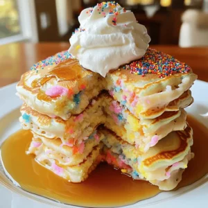 - 1 cup all-purpose flour - 2 tablespoons granulated sugar - 1 teaspoon baking powder - 1/2 teaspoon baking soda - 1/4 teaspoon salt These main ingredients form the base of your pancakes. All-purpose flour gives them structure. Sugar adds sweetness, while baking powder and baking soda help them rise. Salt balances the flavors. - 1 large egg - 1 cup buttermilk (or homemade substitute) - 2 tablespoons unsalted butter, melted - 1 teaspoon vanilla extract The wet ingredients bring moisture and flavor. The egg binds everything together. Buttermilk adds a nice tang. Melted butter gives richness, and vanilla brings warmth. - 1/4 cup rainbow sprinkles - Additional butter or oil for cooking Rainbow sprinkles make these pancakes fun and festive. They add color and a sweet crunch. Use butter or oil in your pan to prevent sticking while cooking. Start by grabbing a large mixing bowl. In it, combine 1 cup of all-purpose flour, 2 tablespoons of granulated sugar, 1 teaspoon of baking powder, 1/2 teaspoon of baking soda, and 1/4 teaspoon of salt. Whisk them together. Make sure there are no lumps. This mix gives the pancakes their fluffy texture. In another bowl, crack 1 large egg and beat it lightly. Then, add 1 cup of buttermilk. If you need a quick substitute, mix 1 cup of regular milk with 1 tablespoon of vinegar. Next, pour in 2 tablespoons of melted unsalted butter and 1 teaspoon of vanilla extract. Mix this until it’s smooth and well blended. Now it’s time to combine! Carefully pour the wet mixture into the dry ingredients. Use a spatula or spoon to stir gently. Mix until just combined. It’s okay if you see a few lumps; this keeps the pancakes light and airy. Preheat your non-stick skillet over medium heat. Add a small amount of butter or oil to coat the surface. Using a 1/4 cup measuring cup, pour the batter onto the skillet. Cook until bubbles form on the surface, about 2-3 minutes. Then, flip the pancakes and cook for another 1-2 minutes until golden brown. Repeat this with the rest of the batter, adding more butter or oil if needed. Enjoy your fluffy funfetti pancakes! To make the fluffiest pancakes, avoid over-mixing the batter. When you combine your wet and dry ingredients, stir just until they blend. Lumps are okay; they help keep your pancakes light. The best cooking temperature is medium heat. Too hot, and the outsides burn while the insides stay raw. A non-stick skillet works well, but you can use a griddle too. For a fun and festive look, stack your pancakes high on a colorful plate. Drizzle warm maple syrup all over them. Add extra rainbow sprinkles on top for a bright finish. A dollop of whipped cream makes it even better! For a birthday touch, place a candle on the stack. It turns breakfast into a celebration! If your pancakes stick to the skillet, make sure you use enough butter or oil. A non-stick spray can help too. Adjust the heat if you find they are burning or not cooking through. If the texture isn't right, you may need to tweak the batter. For denser pancakes, add a little more milk. For lighter ones, add an extra egg. Experiment until you find your perfect fluffy pancake! {{image_4}} You can make these fluffy Funfetti pancakes fit your diet. For gluten-free options, use a gluten-free flour blend. This swap works well and keeps the pancakes light. If you're avoiding dairy, substitute regular milk with almond or oat milk. These options still give a great taste. You can also mix vinegar with any non-dairy milk to create a homemade buttermilk alternative. Want to take your pancakes to the next level? Try adding chocolate chips! Fold in about 1/2 cup of mini chocolate chips for a sweet twist that pairs well with sprinkles. You can also add fresh fruit, like sliced bananas or berries. Just fold in 1/2 cup of your favorite fruit into the batter. Nuts are great, too. Chopped walnuts or pecans add crunch and flavor. Make your pancakes special for any occasion! Use seasonal sprinkles for holidays. For instance, red and green sprinkles work for Christmas, while pastel colors fit Easter perfectly. For a birthday theme, decorate your pancakes with extra sprinkles and a candle on top. You can even serve them on a fun plate to make the day even more special. To keep your fluffy Funfetti pancakes fresh, refrigerate or freeze them. For refrigerating, stack the pancakes with parchment paper between each one. Place them in an airtight container. They can last up to three days in the fridge. If you want to freeze them, wrap each pancake in plastic wrap. Then place them in a freezer bag. They can stay good for up to two months. When you’re ready to enjoy them, just take out what you need! Reheating pancakes can be tricky if you want to keep them fluffy. For the best results, use the oven. Preheat it to 350°F (175°C). Place the pancakes on a baking sheet and cover them with foil. Heat for about 10 minutes. You can also use the microwave. Just put a damp paper towel over the pancakes to keep them moist. Heat for 20-30 seconds. Check to see if they are warm enough, and add more time if needed. If you have leftover batter, store it in the fridge. Use an airtight container and cover it well. The batter can stay fresh for up to 24 hours. When you are ready to use it, give it a gentle stir. If it seems too thick, add a little milk to thin it out. Avoid storing it for longer than a day, as the baking powder can lose its power. This may lead to flat pancakes. If you don't have buttermilk, you can make a simple substitute. Mix 1 cup of regular milk with 1 tablespoon of vinegar. Let it sit for about 5 minutes. This mixture will work well in your pancakes. It gives them the same tangy flavor and helps them rise. Yes, you can prepare the batter ahead of time. Mix all the dry ingredients together and store them in a bowl. In another bowl, beat the egg and mix it with the wet ingredients. Keep them in the fridge until you are ready to cook. Just remember to mix them together before cooking. To keep pancakes warm, place them on a plate in a warm oven. Set your oven to a low temperature, around 200°F (93°C). Cover the pancakes with aluminum foil to keep them from drying out. This way, you can serve warm pancakes to everyone at once! In this blog post, we explored the key ingredients needed for great pancakes, from flour to wet elements like buttermilk. You learned step-by-step instructions to mix, cook, and troubleshoot along the way. We also discussed fun variations and dietary adjustments. Remember, fluffy pancakes require gentle mixing and the right heat. Enjoy experimenting with different flavors and toppings. This keeps pancake-making both fun and delicious. Your breakfast game is now stronger!