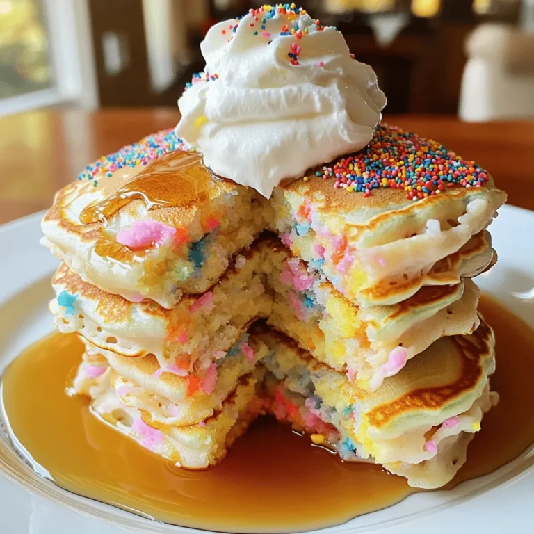 - 1 cup all-purpose flour - 2 tablespoons granulated sugar - 1 teaspoon baking powder - 1/2 teaspoon baking soda - 1/4 teaspoon salt These main ingredients form the base of your pancakes. All-purpose flour gives them structure. Sugar adds sweetness, while baking powder and baking soda help them rise. Salt balances the flavors. - 1 large egg - 1 cup buttermilk (or homemade substitute) - 2 tablespoons unsalted butter, melted - 1 teaspoon vanilla extract The wet ingredients bring moisture and flavor. The egg binds everything together. Buttermilk adds a nice tang. Melted butter gives richness, and vanilla brings warmth. - 1/4 cup rainbow sprinkles - Additional butter or oil for cooking Rainbow sprinkles make these pancakes fun and festive. They add color and a sweet crunch. Use butter or oil in your pan to prevent sticking while cooking. Start by grabbing a large mixing bowl. In it, combine 1 cup of all-purpose flour, 2 tablespoons of granulated sugar, 1 teaspoon of baking powder, 1/2 teaspoon of baking soda, and 1/4 teaspoon of salt. Whisk them together. Make sure there are no lumps. This mix gives the pancakes their fluffy texture. In another bowl, crack 1 large egg and beat it lightly. Then, add 1 cup of buttermilk. If you need a quick substitute, mix 1 cup of regular milk with 1 tablespoon of vinegar. Next, pour in 2 tablespoons of melted unsalted butter and 1 teaspoon of vanilla extract. Mix this until it’s smooth and well blended. Now it’s time to combine! Carefully pour the wet mixture into the dry ingredients. Use a spatula or spoon to stir gently. Mix until just combined. It’s okay if you see a few lumps; this keeps the pancakes light and airy. Preheat your non-stick skillet over medium heat. Add a small amount of butter or oil to coat the surface. Using a 1/4 cup measuring cup, pour the batter onto the skillet. Cook until bubbles form on the surface, about 2-3 minutes. Then, flip the pancakes and cook for another 1-2 minutes until golden brown. Repeat this with the rest of the batter, adding more butter or oil if needed. Enjoy your fluffy funfetti pancakes! To make the fluffiest pancakes, avoid over-mixing the batter. When you combine your wet and dry ingredients, stir just until they blend. Lumps are okay; they help keep your pancakes light. The best cooking temperature is medium heat. Too hot, and the outsides burn while the insides stay raw. A non-stick skillet works well, but you can use a griddle too. For a fun and festive look, stack your pancakes high on a colorful plate. Drizzle warm maple syrup all over them. Add extra rainbow sprinkles on top for a bright finish. A dollop of whipped cream makes it even better! For a birthday touch, place a candle on the stack. It turns breakfast into a celebration! If your pancakes stick to the skillet, make sure you use enough butter or oil. A non-stick spray can help too. Adjust the heat if you find they are burning or not cooking through. If the texture isn't right, you may need to tweak the batter. For denser pancakes, add a little more milk. For lighter ones, add an extra egg. Experiment until you find your perfect fluffy pancake! {{image_4}} You can make these fluffy Funfetti pancakes fit your diet. For gluten-free options, use a gluten-free flour blend. This swap works well and keeps the pancakes light. If you're avoiding dairy, substitute regular milk with almond or oat milk. These options still give a great taste. You can also mix vinegar with any non-dairy milk to create a homemade buttermilk alternative. Want to take your pancakes to the next level? Try adding chocolate chips! Fold in about 1/2 cup of mini chocolate chips for a sweet twist that pairs well with sprinkles. You can also add fresh fruit, like sliced bananas or berries. Just fold in 1/2 cup of your favorite fruit into the batter. Nuts are great, too. Chopped walnuts or pecans add crunch and flavor. Make your pancakes special for any occasion! Use seasonal sprinkles for holidays. For instance, red and green sprinkles work for Christmas, while pastel colors fit Easter perfectly. For a birthday theme, decorate your pancakes with extra sprinkles and a candle on top. You can even serve them on a fun plate to make the day even more special. To keep your fluffy Funfetti pancakes fresh, refrigerate or freeze them. For refrigerating, stack the pancakes with parchment paper between each one. Place them in an airtight container. They can last up to three days in the fridge. If you want to freeze them, wrap each pancake in plastic wrap. Then place them in a freezer bag. They can stay good for up to two months. When you’re ready to enjoy them, just take out what you need! Reheating pancakes can be tricky if you want to keep them fluffy. For the best results, use the oven. Preheat it to 350°F (175°C). Place the pancakes on a baking sheet and cover them with foil. Heat for about 10 minutes. You can also use the microwave. Just put a damp paper towel over the pancakes to keep them moist. Heat for 20-30 seconds. Check to see if they are warm enough, and add more time if needed. If you have leftover batter, store it in the fridge. Use an airtight container and cover it well. The batter can stay fresh for up to 24 hours. When you are ready to use it, give it a gentle stir. If it seems too thick, add a little milk to thin it out. Avoid storing it for longer than a day, as the baking powder can lose its power. This may lead to flat pancakes. If you don't have buttermilk, you can make a simple substitute. Mix 1 cup of regular milk with 1 tablespoon of vinegar. Let it sit for about 5 minutes. This mixture will work well in your pancakes. It gives them the same tangy flavor and helps them rise. Yes, you can prepare the batter ahead of time. Mix all the dry ingredients together and store them in a bowl. In another bowl, beat the egg and mix it with the wet ingredients. Keep them in the fridge until you are ready to cook. Just remember to mix them together before cooking. To keep pancakes warm, place them on a plate in a warm oven. Set your oven to a low temperature, around 200°F (93°C). Cover the pancakes with aluminum foil to keep them from drying out. This way, you can serve warm pancakes to everyone at once! In this blog post, we explored the key ingredients needed for great pancakes, from flour to wet elements like buttermilk. You learned step-by-step instructions to mix, cook, and troubleshoot along the way. We also discussed fun variations and dietary adjustments. Remember, fluffy pancakes require gentle mixing and the right heat. Enjoy experimenting with different flavors and toppings. This keeps pancake-making both fun and delicious. Your breakfast game is now stronger!