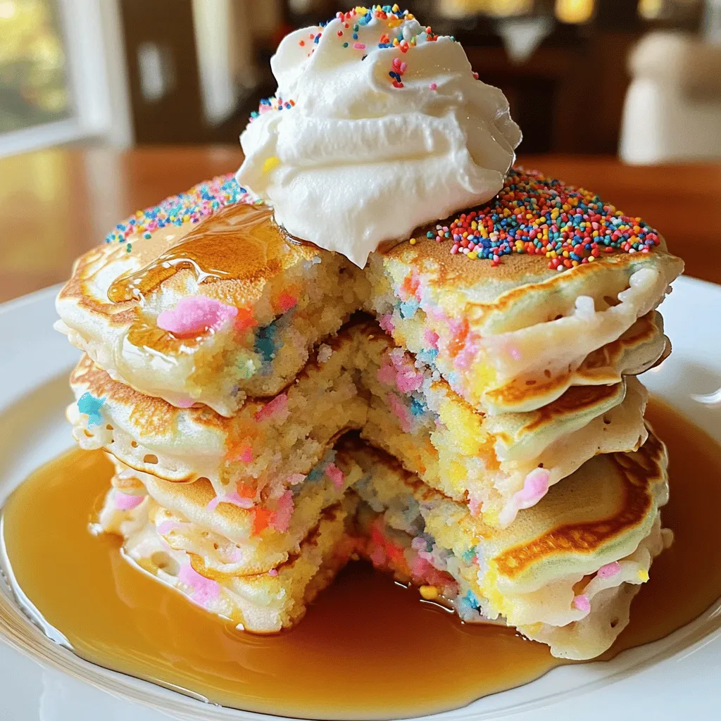 - 1 cup all-purpose flour - 2 tablespoons granulated sugar - 1 teaspoon baking powder - 1/2 teaspoon baking soda - 1/4 teaspoon salt These main ingredients form the base of your pancakes. All-purpose flour gives them structure. Sugar adds sweetness, while baking powder and baking soda help them rise. Salt balances the flavors. - 1 large egg - 1 cup buttermilk (or homemade substitute) - 2 tablespoons unsalted butter, melted - 1 teaspoon vanilla extract The wet ingredients bring moisture and flavor. The egg binds everything together. Buttermilk adds a nice tang. Melted butter gives richness, and vanilla brings warmth. - 1/4 cup rainbow sprinkles - Additional butter or oil for cooking Rainbow sprinkles make these pancakes fun and festive. They add color and a sweet crunch. Use butter or oil in your pan to prevent sticking while cooking. Start by grabbing a large mixing bowl. In it, combine 1 cup of all-purpose flour, 2 tablespoons of granulated sugar, 1 teaspoon of baking powder, 1/2 teaspoon of baking soda, and 1/4 teaspoon of salt. Whisk them together. Make sure there are no lumps. This mix gives the pancakes their fluffy texture. In another bowl, crack 1 large egg and beat it lightly. Then, add 1 cup of buttermilk. If you need a quick substitute, mix 1 cup of regular milk with 1 tablespoon of vinegar. Next, pour in 2 tablespoons of melted unsalted butter and 1 teaspoon of vanilla extract. Mix this until it’s smooth and well blended. Now it’s time to combine! Carefully pour the wet mixture into the dry ingredients. Use a spatula or spoon to stir gently. Mix until just combined. It’s okay if you see a few lumps; this keeps the pancakes light and airy. Preheat your non-stick skillet over medium heat. Add a small amount of butter or oil to coat the surface. Using a 1/4 cup measuring cup, pour the batter onto the skillet. Cook until bubbles form on the surface, about 2-3 minutes. Then, flip the pancakes and cook for another 1-2 minutes until golden brown. Repeat this with the rest of the batter, adding more butter or oil if needed. Enjoy your fluffy funfetti pancakes! To make the fluffiest pancakes, avoid over-mixing the batter. When you combine your wet and dry ingredients, stir just until they blend. Lumps are okay; they help keep your pancakes light. The best cooking temperature is medium heat. Too hot, and the outsides burn while the insides stay raw. A non-stick skillet works well, but you can use a griddle too. For a fun and festive look, stack your pancakes high on a colorful plate. Drizzle warm maple syrup all over them. Add extra rainbow sprinkles on top for a bright finish. A dollop of whipped cream makes it even better! For a birthday touch, place a candle on the stack. It turns breakfast into a celebration! If your pancakes stick to the skillet, make sure you use enough butter or oil. A non-stick spray can help too. Adjust the heat if you find they are burning or not cooking through. If the texture isn't right, you may need to tweak the batter. For denser pancakes, add a little more milk. For lighter ones, add an extra egg. Experiment until you find your perfect fluffy pancake! {{image_4}} You can make these fluffy Funfetti pancakes fit your diet. For gluten-free options, use a gluten-free flour blend. This swap works well and keeps the pancakes light. If you're avoiding dairy, substitute regular milk with almond or oat milk. These options still give a great taste. You can also mix vinegar with any non-dairy milk to create a homemade buttermilk alternative. Want to take your pancakes to the next level? Try adding chocolate chips! Fold in about 1/2 cup of mini chocolate chips for a sweet twist that pairs well with sprinkles. You can also add fresh fruit, like sliced bananas or berries. Just fold in 1/2 cup of your favorite fruit into the batter. Nuts are great, too. Chopped walnuts or pecans add crunch and flavor. Make your pancakes special for any occasion! Use seasonal sprinkles for holidays. For instance, red and green sprinkles work for Christmas, while pastel colors fit Easter perfectly. For a birthday theme, decorate your pancakes with extra sprinkles and a candle on top. You can even serve them on a fun plate to make the day even more special. To keep your fluffy Funfetti pancakes fresh, refrigerate or freeze them. For refrigerating, stack the pancakes with parchment paper between each one. Place them in an airtight container. They can last up to three days in the fridge. If you want to freeze them, wrap each pancake in plastic wrap. Then place them in a freezer bag. They can stay good for up to two months. When you’re ready to enjoy them, just take out what you need! Reheating pancakes can be tricky if you want to keep them fluffy. For the best results, use the oven. Preheat it to 350°F (175°C). Place the pancakes on a baking sheet and cover them with foil. Heat for about 10 minutes. You can also use the microwave. Just put a damp paper towel over the pancakes to keep them moist. Heat for 20-30 seconds. Check to see if they are warm enough, and add more time if needed. If you have leftover batter, store it in the fridge. Use an airtight container and cover it well. The batter can stay fresh for up to 24 hours. When you are ready to use it, give it a gentle stir. If it seems too thick, add a little milk to thin it out. Avoid storing it for longer than a day, as the baking powder can lose its power. This may lead to flat pancakes. If you don't have buttermilk, you can make a simple substitute. Mix 1 cup of regular milk with 1 tablespoon of vinegar. Let it sit for about 5 minutes. This mixture will work well in your pancakes. It gives them the same tangy flavor and helps them rise. Yes, you can prepare the batter ahead of time. Mix all the dry ingredients together and store them in a bowl. In another bowl, beat the egg and mix it with the wet ingredients. Keep them in the fridge until you are ready to cook. Just remember to mix them together before cooking. To keep pancakes warm, place them on a plate in a warm oven. Set your oven to a low temperature, around 200°F (93°C). Cover the pancakes with aluminum foil to keep them from drying out. This way, you can serve warm pancakes to everyone at once! In this blog post, we explored the key ingredients needed for great pancakes, from flour to wet elements like buttermilk. You learned step-by-step instructions to mix, cook, and troubleshoot along the way. We also discussed fun variations and dietary adjustments. Remember, fluffy pancakes require gentle mixing and the right heat. Enjoy experimenting with different flavors and toppings. This keeps pancake-making both fun and delicious. Your breakfast game is now stronger!