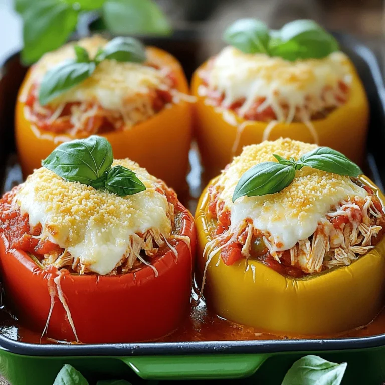 - 4 large bell peppers (any color preferences welcome) - 2 cups cooked chicken, shredded (rotisserie chicken works great!) - 1 cup marinara sauce (homemade or store-bought) - 1 cup ricotta cheese - 1 cup shredded mozzarella cheese (plus extra for topping) - ½ cup grated Parmesan cheese - 1 teaspoon garlic powder - 1 teaspoon Italian seasoning - Salt and pepper to taste - Fresh basil leaves for garnish (optional, but recommended) I love using bell peppers for this dish because they add color and crunch. You can pick any color you like! Red, yellow, and green peppers all work well. The chicken adds protein and flavor. I often use rotisserie chicken since it saves time. The marinara sauce brings a classic taste to the mix. You can make your own or grab a jar from the store. Ricotta cheese makes the filling creamy. It pairs well with the chicken and marinara. I use mozzarella cheese for its gooey texture. It melts beautifully on top of the peppers. Parmesan cheese adds a nice salty kick. Don't forget the seasonings! Garlic powder and Italian seasoning bring out the flavors. Salt and pepper help balance everything. Fresh basil leaves add a pop of color and taste. They are optional but highly recommended! Start by preheating your oven to 375°F (190°C). This step warms up the oven so your peppers cook evenly and quickly. Next, take your bell peppers and cut off the tops. Make sure to remove all the seeds and white membranes inside. Place the peppers upright in a baking dish. They should fit snugly without falling over. In a large bowl, mix the shredded chicken with marinara sauce. Then, add the ricotta cheese, half of the shredded mozzarella, and the grated Parmesan cheese. Sprinkle in garlic powder, Italian seasoning, salt, and pepper. Stir everything together until it is well combined. Now it’s time to fill the peppers! Use a spoon to pack the chicken mixture into each pepper. You want to stuff them generously. Press down gently to ensure the filling fits well. After stuffing, sprinkle the remaining mozzarella cheese on top of each pepper. This will melt into a gooey, cheesy layer that everyone loves. To keep the peppers moist, pour about ¼ cup of water into the bottom of the baking dish. Cover the dish tightly with aluminum foil. Place it in your preheated oven and bake for 25 minutes. After that, remove the foil. Bake for another 10-15 minutes until the cheese is bubbling and golden brown. Using rotisserie chicken is a smart choice. It saves time and effort. You can grab it from the store and shred it at home. This method cuts down on prep time. Plus, the flavors are already rich and savory. For even cooking, cover your dish with foil at first. This helps the peppers steam and cook through. After 25 minutes, remove the foil. This step allows the cheese to melt and brown nicely. Keep an eye on them to avoid burning. To make your dish pop, serve the peppers on a colorful platter. Drizzle extra marinara sauce around the plate for a beautiful touch. Fresh basil leaves also add a vibrant look. You can even sprinkle some extra cheese on top for flair. This makes the meal more inviting and tasty! {{image_4}} You can change up the flavors in your Chicken Parmesan Stuffed Peppers by swapping ingredients. For cheese, try using goat cheese or feta for a tangy twist. You can also use cheddar cheese if you want a sharper taste. If you want a different protein, ground turkey or cooked sausage can work well too. These swaps keep the dish fresh and fun. To make a lighter version of this dish, consider using grilled chicken instead of fried. You can also reduce the cheese by using low-fat options. Another idea is to add more veggies. Chopped spinach or zucchini can mix in well with the filling. This adds nutrients and keeps it delicious without the extra calories. If you love heat, spice up your stuffed peppers! You can add diced jalapeños or red pepper flakes to the filling. For a smoky flavor, try adding chipotle sauce. You can even use a spicy marinara sauce instead of the regular one. These options give your dish a bold kick that will impress your taste buds. Store leftover Chicken Parmesan Stuffed Peppers in an airtight container. Place them in the fridge within two hours of cooking. They should stay fresh for up to 3 days. If you want to keep them longer, consider freezing. To freeze these stuffed peppers, let them cool completely first. Wrap each pepper tightly in plastic wrap. Then, place them in a freezer-safe bag or container. They will last for up to 3 months in the freezer. Label the bags with the date for easy tracking. To reheat, you can use the oven or microwave. For oven reheating, preheat to 350°F (175°C) and bake for about 20 minutes. Cover with foil to keep moisture in. In the microwave, heat on high for 2-3 minutes. Check that they are hot throughout. Enjoy your meal without losing any flavor! Chicken Parmesan Stuffed Peppers last about 3 to 4 days in the fridge. Make sure to store them in an airtight container. If you want to keep them longer, you can freeze them. They will stay good for about 2 to 3 months in the freezer. Just remember to wrap them well in plastic wrap or foil before placing them in a freezer bag. Yes, you can prep these stuffed peppers in advance. You can prepare the filling and stuff the peppers a day before. Just keep them in the fridge until you’re ready to bake. This way, the flavors mix well, and you save time. If you want, you can also bake them ahead and reheat them later. These stuffed peppers pair well with several sides. A simple green salad makes a great match. You can also serve them with garlic bread for a nice crunch. Roasted vegetables or a light pasta dish can complement the meal too. The options are endless! Absolutely! You can use different bell pepper colors like red, yellow, or orange. Each brings a slight twist in flavor. You can also try using poblano or Anaheim peppers for a bit of heat. Just make sure they are big enough to hold the filling. To get perfectly cooked peppers, you can pre-bake them for about 10 minutes before stuffing. This softens them up. Also, adding a little water in the baking dish helps steam them. Covering the dish with foil during baking keeps moisture in, ensuring they cook well without drying out. You can create delicious Chicken Parmesan Stuffed Peppers easily. You learned about key ingredients, step-by-step instructions, and tips for success. Remember to use rotisserie chicken for a faster meal. Feel free to switch up ingredients for your taste. Store leftovers wisely and reheat for the best flavor. This dish is tasty and adaptable, making it a great choice for your table. Enjoy trying this new recipe and share it with family or friends!