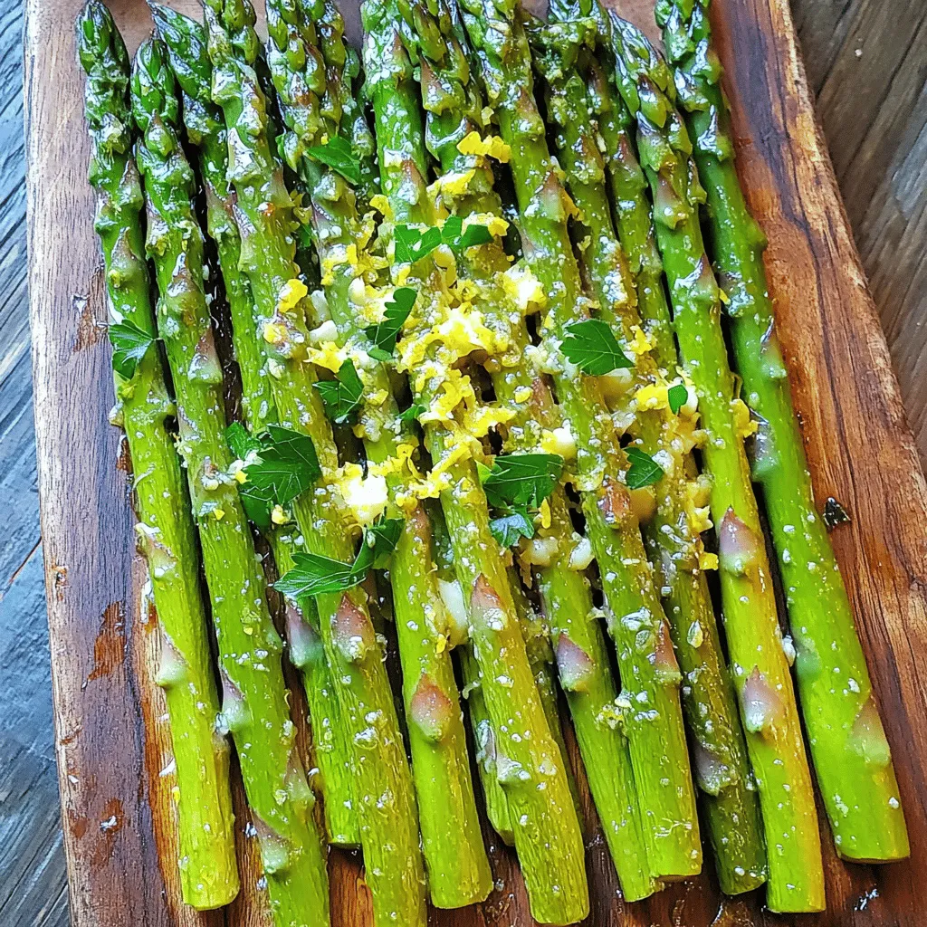 You need 1 pound of fresh asparagus. Look for bright green spears. They should be firm and not limp. Trim the ends to get rid of the tough parts. Wash them well to remove any dirt. For the marinade, gather these items: - 3 tablespoons extra virgin olive oil - 4 cloves of garlic, finely minced - Zest of 1 large lemon - Juice of 1 large lemon - 1 teaspoon sea salt - 1/2 teaspoon freshly cracked black pepper - 1/4 teaspoon red pepper flakes (optional for added heat) Mix these ingredients in a bowl. This mix gives the asparagus a bright and zesty flavor. You can add extras to make it even better: - 2 tablespoons freshly grated Parmesan cheese (for a rich taste) - Fresh parsley, finely chopped (for a colorful finish) These toppings enhance the dish and make it look amazing on your table. Set your oven to 425°F (220°C). This heat helps the asparagus cook evenly and become tender. In a large bowl, mix together the olive oil, minced garlic, lemon zest, and lemon juice. Add sea salt, black pepper, and red pepper flakes if you like heat. Whisk it all well. This marinade makes the asparagus flavorful and zesty. Place the washed asparagus in the bowl with the marinade. Toss the spears gently until they are fully coated. Make sure every spear gets a taste of that zingy mix. Next, lay them flat on a baking sheet lined with parchment paper. This step keeps them from sticking. Put the baking sheet in the preheated oven. Roast the asparagus for 15 to 18 minutes. Check them often. They should be tender with a slight crisp when they are done. In the last 3 minutes of roasting, sprinkle Parmesan cheese over the asparagus. This adds a rich flavor. After roasting, take them out and let them cool for about a minute. This cooling time helps the flavors come together. Before serving, sprinkle freshly chopped parsley over the asparagus. This adds a nice pop of color. Serve them warm on a platter. For a finishing touch, add lemon slices on the side. Enjoy your zesty Lemon Garlic Roasted Asparagus! When picking asparagus, look for bright green stalks. They should feel firm and not bend too much. The tips should be closed and tightly packed. Avoid any that are limp or have a dull color. Buying local asparagus in season can boost freshness and taste. For the best roast, preheat your oven to 425°F (220°C). This high heat helps the asparagus cook evenly. Spread the spears in a single layer on a baking sheet. Crowding them can lead to steaming instead of roasting, which is not what we want. Watch them closely; they should be tender and slightly crispy in about 15 to 18 minutes. You can make this dish even better by adding a few tweaks. Try adding lemon zest for extra zing. A pinch of red pepper flakes gives a nice kick. If you love cheese, sprinkle Parmesan on top in the last few minutes of roasting. Fresh herbs like parsley add freshness and color when serving. {{image_4}} You can change up the cheese for more flavor. Parmesan is great, but try feta. Feta adds a tangy twist. You could also use goat cheese for a creamy texture. If you want a sharper taste, consider aged cheddar. Each option gives the asparagus its own fun flair. Feel free to add more ingredients for extra taste. Try tossing in cherry tomatoes. They roast well and add sweetness. You can also add sliced almonds for crunch. If you like herbs, consider fresh thyme or dill. These herbs boost the fresh taste and make it exciting. Serve your lemon garlic roasted asparagus in style. A beautiful platter makes a great impression. Add lemon slices around the asparagus for a pop of color. You can also pair it with grilled chicken or fish. This dish works well with pasta too. It brightens up any meal and impresses guests. You can store leftover Lemon Garlic Roasted Asparagus easily. Place it in an airtight container. It will stay fresh for up to three days in the fridge. Make sure it cools down before sealing it. This helps keep the flavors intact. Reheating is simple. You can use the oven or the microwave. For the oven, preheat it to 350°F (175°C). Spread the asparagus on a baking sheet and heat for about 10 minutes. This keeps the asparagus crispy. If you use the microwave, heat it for 30 seconds at a time until warm. Freezing is an option, but it may change the texture. If you want to freeze it, blanch the asparagus first. Boil it for 2 minutes, then cool it in ice water. Drain and place it in a freezer bag. It can last for up to three months. Just remember, thaw it overnight in the fridge before cooking again. Yes, you can use frozen asparagus. However, the texture may differ. Fresh asparagus stays crisp and tender when roasted. Frozen asparagus often becomes softer after cooking. If you choose to use frozen, thaw it first. Drain any excess water, then coat it with the marinade. This helps the flavors stick. Asparagus is done when it is tender and slightly crispy. You can check by piercing a spear with a fork. If it goes in easily, it is ready. The tips should also show a bit of brown. Keep an eye on them while roasting. This ensures they do not overcook and lose their bright color. Lemon Garlic Roasted Asparagus pairs well with many dishes. Here are some great options: - Grilled chicken or fish for a protein boost - Quinoa or rice for a hearty side - Pasta dishes for a filling meal - A fresh salad for a light option Feel free to mix and match based on your taste. Enjoy the vibrant flavors together! This post covered how to make delicious lemon garlic roasted asparagus. You learned about choosing fresh asparagus, preparing a tasty marinade, and perfect roasting techniques. I shared tips to enhance flavor and suggested various cheese options for your dish. Don't forget about storing leftovers or reheating them. Whether you use fresh or frozen asparagus, this dish can be a hit for any meal. Embrace the joy of cooking with simple ingredients for a great side dish. Enjoy your tasty creation!