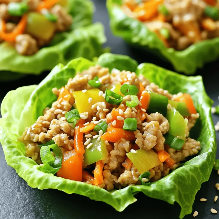 - 1 lb ground chicken - 2 tablespoons sesame oil - 2 cloves garlic, finely minced - 1-inch piece fresh ginger, finely grated - 1 bell pepper, diced (choose red or yellow for added color) - 1 medium carrot, shredded - 1/4 cup green onions, sliced thinly - 1/4 cup soy sauce (or tamari for a gluten-free option) - 2 tablespoons rice vinegar - 1 tablespoon honey or maple syrup (for sweetness) - 1 tablespoon cornstarch (optional, for a thicker sauce) - 1 head of butter or romaine lettuce (to create cups) - Sesame seeds for garnish Gathering ingredients is the first step. Use fresh items for the best taste. Ground chicken gives a tender bite. Sesame oil adds a rich flavor. Garlic and ginger bring warmth and spice. A bell pepper adds crunch. Shredded carrot adds sweetness. Green onions offer a nice fresh finish. Soy sauce and rice vinegar balance the dish. Honey or maple syrup adds a touch of sweetness. Cornstarch helps thicken the sauce if needed. Lettuce cups serve as the perfect holder. Sesame seeds make a lovely garnish. Enjoy your cooking! 1. Sautéing garlic and ginger Start by heating 2 tablespoons of sesame oil in a large skillet over medium heat. When the oil is hot, add 2 cloves of minced garlic and a 1-inch piece of grated ginger. Cook these for about 1 minute. You want them to smell great and turn golden. 2. Cooking ground chicken Next, add 1 pound of ground chicken to the skillet. Break it into smaller pieces using a spatula. Cook this for about 5 to 7 minutes. You should see the chicken turn from pink to white. It needs to be fully cooked. 3. Adding vegetables After the chicken is cooked, toss in 1 diced bell pepper and 1 medium shredded carrot. Stir and cook for another 3 to 4 minutes. Watch for the veggies to soften. They add color and crunch to your dish. 4. Preparing the sauce In a small bowl, mix together 1/4 cup soy sauce, 2 tablespoons rice vinegar, 1 tablespoon honey or maple syrup, and 1 tablespoon cornstarch if you want a thicker sauce. Pour this sauce over your chicken and veggies in the skillet. Stir well and let it simmer for 2 minutes. The sauce will thicken slightly. 5. Filling the lettuce cups While your filling simmers, wash and gently separate the leaves of lettuce. Use butter or romaine lettuce to create cups. Choose whole leaves that can hold your filling well. Once your skillet is off heat, use a spoon to fill each lettuce cup with the savory chicken mixture. 6. Garnishing Top each cup with sliced green onions and a sprinkle of sesame seeds. Enjoy these fresh and tasty cups right away! - Choosing the right lettuce Pick butter or romaine lettuce. These types are crisp and strong. They hold the filling well. You want a cup that won’t tear easily. - Adjusting flavors for personal preference You can change the taste to fit your likes. Add more honey for sweetness. If you like spice, add red pepper flakes. Taste as you go! - Meal prep tips for busy schedules Cook the chicken mix ahead of time. Store it in the fridge for up to three days. Assemble the cups when you are ready to eat. This saves time! - Garnishing ideas Top the cups with green onions and sesame seeds. You can also add shredded carrots or chopped peanuts for crunch. Fresh herbs like cilantro can add a nice touch too! {{image_4}} You can play with this recipe to fit your taste. Here are some fun ideas: - Using different proteins: Ground chicken works well, but you can swap it for tofu, shrimp, or turkey. Each choice brings a unique flavor. For a plant-based option, use firm tofu. It absorbs the sauce nicely. - Vegetarian/Vegan options: If you want a vegan dish, use mushrooms or lentils. They add a nice texture. Combine them with the same spices and sauce for a great taste. - Serving suggestions: You can serve the filling in bowls over rice or quinoa. This adds a hearty base and makes it filling. You can also enjoy it as a salad, mixing it with greens. - Flavor variations: Adjust the spice level to your liking. Add some red pepper flakes for heat. If you want it sweeter, increase the honey or maple syrup. Experimenting with flavors can make this dish even more exciting. - Proper storage containers: Use airtight containers to keep the chicken filling fresh. Glass or plastic containers work well. - Reheating tips for freshness: When reheating, use a skillet over low heat. This method keeps the texture nice. Avoid microwaving, as it can make the chicken rubbery. - Shelf life in the fridge/freezer: Store leftovers in the fridge for up to three days. For longer storage, freeze the filling for up to a month. - Recommended storage of components vs. assembled cups: Keep the filling and lettuce separate. This way, the lettuce stays crisp and fresh. Assemble the cups just before serving for the best taste. Can I make this recipe gluten-free? Yes, you can make this recipe gluten-free. Use tamari instead of soy sauce. Tamari is a great option that tastes similar and is safe for gluten-free diets. What are the nutritional benefits? Sesame ginger chicken lettuce cups are healthy. They are high in protein from the chicken. The veggies add fiber, vitamins, and minerals. Lettuce is low in calories, making it a great low-carb option. How do I prevent the lettuce from wilting? To keep your lettuce fresh, wash it just before use. Store it in cold water and cover it with a damp paper towel. Choose firm leaves from butter or romaine lettuce for the best cups. Can I substitute any ingredients? Yes, you can substitute several ingredients. Ground turkey or tofu works well instead of chicken. You can use different veggies like cucumbers or radishes. Adjust the sweetener to your taste with agave syrup or sugar. Making sesame ginger chicken lettuce cups is fun and easy. You learned about the ingredients, cooking steps, and helpful tips. We’ve explored variations and how to store leftovers. Remember, you can customize these cups to fit your taste. This dish is not just tasty but also healthy. I hope you feel inspired to make your own version soon. Enjoy your cooking adventure!
