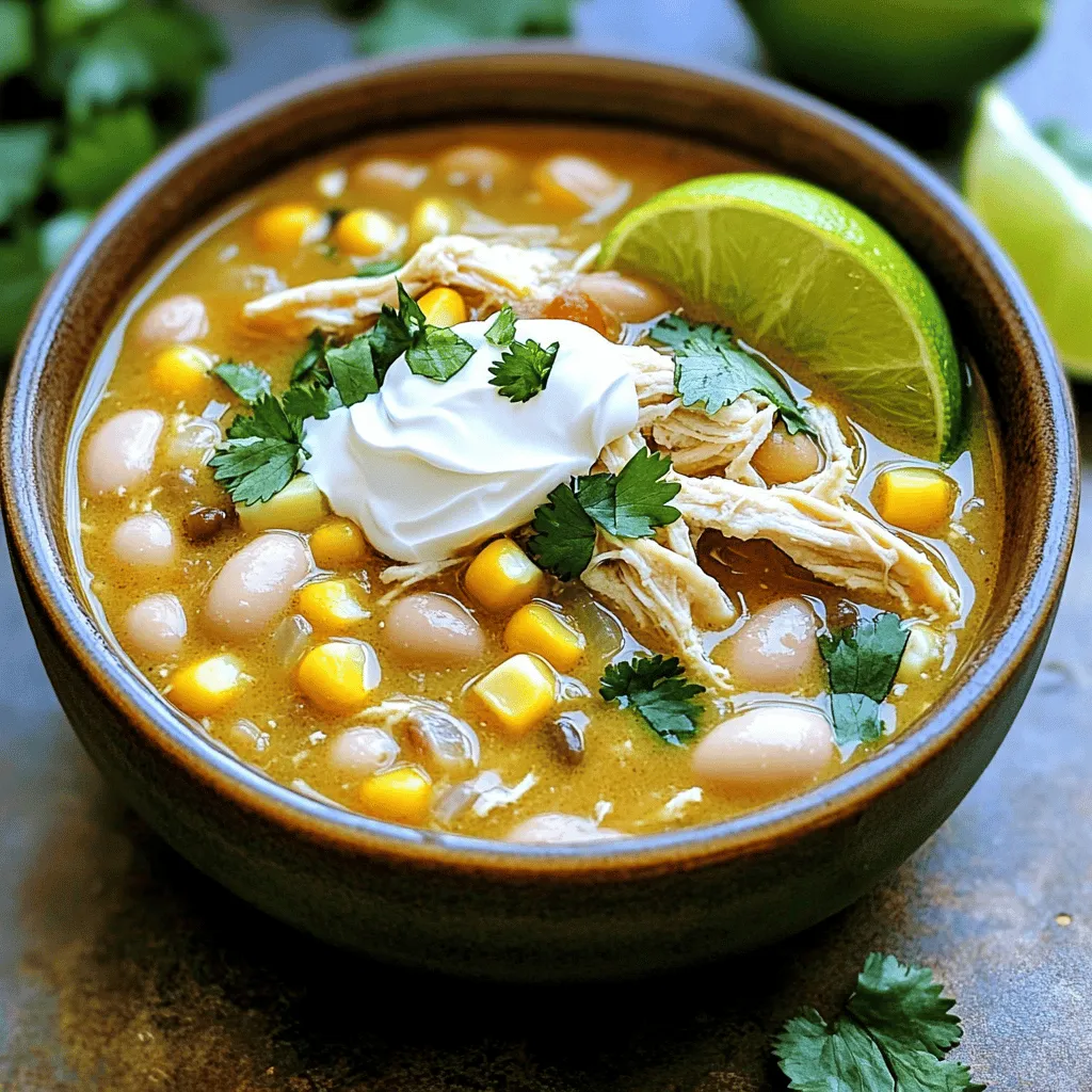To make a tasty slow cooker white chicken chili, you need a few key items: - 2 boneless, skinless chicken breasts - 1 can (15 oz) white kidney beans, drained and rinsed - 1 can (15 oz) corn, drained - 1 medium onion, finely chopped - 3 cloves garlic, minced - 2 cups chicken broth - 1 can (4 oz) diced green chiles These ingredients form the base of your chili. The chicken provides protein, while the beans and corn add texture. Onions and garlic bring great flavor. Next, you need some spices to make the chili pop: - 1 teaspoon ground cumin - 1 teaspoon chili powder - ¼ teaspoon cayenne pepper (optional, adjust to your heat preference) - Salt and freshly cracked pepper to taste These spices create a warm, rich flavor. Cumin and chili powder add depth, while cayenne offers a kick. Adjust the cayenne if you prefer less heat. Finally, garnishes add that finishing touch: - 1 cup sour cream - Fresh cilantro, chopped (for garnish) - Lime wedges (for serving) Sour cream adds creaminess. Cilantro gives freshness, and lime brings brightness. Each garnish enhances the overall taste and presentation of the dish. First, we need to sauté the onion and garlic. Heat one tablespoon of olive oil in a medium skillet over medium heat. Once the oil is hot, add the finely chopped onion. Cook it for about five minutes until it becomes soft and clear. When the onion is ready, add three cloves of minced garlic. Cook it for one to two minutes. Be careful not to let the garlic brown. Once both are done, transfer the mixture into your slow cooker. Now, let’s layer the chicken and other ingredients. Place two boneless, skinless chicken breasts on top of the onion and garlic mixture. Next, pour in two cups of chicken broth. Then, add the drained white kidney beans, the drained corn, and the diced green chiles. Don’t forget the spices: one teaspoon of ground cumin, one teaspoon of chili powder, and a quarter teaspoon of cayenne pepper if you like heat. Sprinkle salt and freshly cracked pepper to taste. Gently stir everything together to mix well. Cover your slow cooker with its lid. You can choose to cook on low for six to seven hours or on high for three to four hours. The chicken should be tender and fully cooked when done. Once it’s ready, carefully remove the chicken breasts. Use two forks to shred the chicken into bite-sized pieces. Return the shredded chicken to the slow cooker. To add that rich creaminess, stir in one cup of sour cream. Let it heat through on the warm setting for about ten minutes. Before serving, taste your chili. Adjust the seasoning with more salt, pepper, or spices if needed. You want it to be just right for your taste! To make your chili shine, adjust the seasoning. Start with the suggested amounts, then taste as you go. If you want more heat, add cayenne pepper. If you like it milder, skip it. You can also play with spices like smoked paprika or oregano for extra flavor. You can choose to sauté the onion and garlic first or toss them in raw. Sautéing adds a rich flavor. It brings out the sweet notes of the onion and the warmth of garlic. If you’re short on time, skip this step. The chili will still taste great. Tender chicken is key to a good chili. Cook on low for 6-7 hours or high for 3-4 hours. The longer cooking time makes the chicken soft and easy to shred. If you use a different slow cooker, check the manual for cooking times. Each cooker can vary, so adjust as needed. Garnishing makes your chili pop. Top it with fresh cilantro for a burst of color and flavor. Lime wedges add a zesty kick. You can serve the chili with warm tortillas or crispy tortilla chips for a nice crunch. For a great look, ladle the chili into warm bowls. A sprinkle of cilantro on top makes it even more inviting. Enjoy every spoonful with the lime on the side! {{image_4}} You can switch up the protein in this chili for a nice change. Using turkey or ground chicken works well. Both options keep the dish light and tasty. If you want a vegetarian option, try using mushrooms or lentils. They add great texture and flavor. You can also use chickpeas for a nice twist. Adding fresh or roasted peppers gives your chili a boost. You can use jalapeños for heat or bell peppers for sweetness. Cheese is another great addition. Stir in some cream cheese or shredded cheese for extra creaminess. For a fun twist, consider adding taco seasoning. It brings a whole new layer of flavor to your chili. To reduce fat, use low-fat sour cream instead of regular. This keeps the taste smooth without all the calories. For a hearty base, try using quinoa or farro instead of beans. These grains add fiber and a nutty flavor. They also give a nice bite to the chili while keeping it filling. To keep your chili fresh, place it in the fridge. Use airtight containers for storage. Make sure the chili cools down before sealing it. This helps keep it safe. If you want to freeze the chili, first cool it completely. Then, scoop it into freezer bags. Squeeze out any air before sealing. Label the bags with the date. To reheat frozen chili, thaw it in the fridge overnight. Warm it on the stove over low heat. Stir often to avoid sticking. In the fridge, your chili lasts about 3-4 days. In the freezer, it can stay good for 2-3 months. Look for signs that the chili has gone bad. If it smells sour or has mold, throw it away. Always check before serving. Yes, you can. To adapt this recipe for a stovetop, start by sautéing the onion and garlic in a pot. Add olive oil, then cook until soft. Next, add the chicken breasts and pour in the chicken broth. Stir in the beans, corn, and spices. Bring this to a boil, then reduce the heat. Cover and let it simmer for about 30 to 40 minutes. Once the chicken is cooked, shred it and stir in the sour cream. This method saves time and still gives you a cozy meal. The chili has a mild to medium spice level. The cayenne pepper adds heat but is optional. If you want more spice, you can add more cayenne. For less heat, skip it or use just a pinch. The other spices, like cumin and chili powder, give flavor without much heat. This way, you can easily make it fit your taste. Yes, frozen chicken works well. Just place the frozen breasts directly in the slow cooker. You will need to cook it longer, about 8 to 9 hours on low. If you use the high setting, plan for about 4 to 5 hours. Make sure the chicken reaches an internal temperature of 165°F. After cooking, shred the chicken and stir in the sour cream. This method is handy when you don't have fresh chicken on hand. This blog post provided a detailed guide to making Slow Cooker White Chicken Chili. We covered essential ingredients like chicken, beans, and spices. I shared tips on cooking times, garnishes, and variations to suit your taste. Remember, you can easily adapt this dish with different proteins or seasonings. Take the time to enjoy this warm, tasty meal and make it your own. Cooking should be fun, so dive in and make this chili your new favorite!