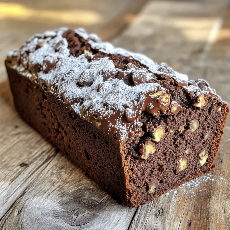 To make the best chocolate zucchini bread, gather these fresh ingredients: - 1 cup grated zucchini - 1 cup all-purpose flour - 1/2 cup unsweetened cocoa powder - 1/2 teaspoon baking powder - 1/2 teaspoon baking soda - 1/4 teaspoon salt - 1/2 cup granulated sugar - 1/2 cup packed brown sugar - 1/2 cup vegetable oil - 2 large eggs - 1 teaspoon vanilla extract - 1/2 cup semi-sweet chocolate chips (optional) - 1/4 cup chopped walnuts or pecans (optional) Grating the zucchini is key. It adds moisture without changing the taste. You can get about one cup from one medium zucchini. Use fresh ingredients for the best flavor. I love using both granulated and brown sugar. The brown sugar gives the bread a rich taste. If you want a chocolate burst, add semi-sweet chocolate chips. Chopped nuts add a nice crunch. Make sure to have everything ready before you start. This way, you can mix and bake without any fuss. - Preheat the Oven Set your oven to 350°F (175°C). This gives it time to get hot. - Prepare the Loaf Pan Take a 9x5 inch loaf pan. Grease it lightly and dust with flour. This keeps the bread from sticking. - Mix Dry Ingredients In a medium bowl, whisk together: - 1 cup all-purpose flour - 1/2 cup unsweetened cocoa powder - 1/2 teaspoon baking powder - 1/2 teaspoon baking soda - 1/4 teaspoon salt Mix until everything is well combined. Set this aside for later. - Combine Wet Ingredients In a larger bowl, mix: - 1/2 cup granulated sugar - 1/2 cup packed brown sugar - 1/2 cup vegetable oil Use a whisk to make this smooth. - Incorporate Zucchini Crack two large eggs into the sugar-oil mix. Add 1 teaspoon vanilla extract. Whisk until smooth. Then, fold in 1 cup grated zucchini. Make sure it's evenly mixed. - Combine Wet and Dry Mixtures Slowly add the dry mix into the wet mix. Use a spatula to stir gently. Don't overmix; this keeps the bread soft. - Pour Batter into the Pan Transfer the batter into your prepared loaf pan. Smooth the top with a spatula for even baking. - Bake the Bread Place the loaf pan in the oven. Bake for 50-60 minutes. To check for doneness, insert a toothpick in the center. It should come out clean or with a few moist crumbs. - Cooling Process Once the bread is baked, take it out of the oven. Let it cool in the pan for about 10 minutes. Then, move it to a wire rack to cool completely before slicing. Enjoy the sweet aroma! - Avoid Overmixing When you mix the wet and dry ingredients, do it gently. Overmixing can make your bread tough. You want a moist and tender crumb, not a dense loaf. Just mix until you see no dry flour. - Check for Doneness The best way to check if your bread is ready is to use a toothpick. Insert it into the center. If it comes out clean or with a few moist crumbs, it’s done. If it has wet batter, give it more time in the oven. - Use Fresh Ingredients Fresh ingredients make a big difference. Check your baking powder and baking soda. If they are old, they may not work well. Fresh zucchini also gives the best flavor and moisture. - Presentation Tips For a lovely look, slice your bread and serve it warm. A dusting of powdered sugar adds flair. You can also add a dollop of whipped cream for a rich touch. It makes the dish feel special. - Pairing Ideas Chocolate zucchini bread pairs well with coffee or tea. You could also enjoy it with a scoop of vanilla ice cream. This combo creates a delightful dessert experience that everyone loves. {{image_4}} Gluten-Free Options You can swap the all-purpose flour for a gluten-free blend. Look for one that has xanthan gum. This will help keep your bread moist and give it a good rise. Almond flour is another choice. Just mix it with a bit of coconut flour to balance the texture. Dairy-Free Alternatives To make this recipe dairy-free, use a plant-based oil like coconut or canola instead of vegetable oil. For eggs, try using flaxseed meal mixed with water. This mix will bind your bread and keep it moist too. Different Types of Nuts Add a crunch by using nuts in your bread. Chopped walnuts or pecans work well. You can even try hazelnuts for a unique twist. Toasting the nuts lightly will enhance their flavor. Adding Spices or Other Flavors Boost the taste by adding spices like cinnamon or nutmeg. A teaspoon of cinnamon can bring warmth. If you want a zing, try a pinch of cayenne pepper. You can also mix in some orange zest for a fresh flavor. To keep your chocolate zucchini bread fresh, store it at room temperature. Wrap it in plastic wrap or place it in an airtight container. This method helps keep the bread moist. For best results, consume it within three days. If you want to enjoy it longer, consider freezing some. - Use plastic wrap or an airtight container for storage. - Keep it at room temperature for up to three days. Freezing chocolate zucchini bread is a great way to save it for later. First, slice the bread into pieces. This makes it easy to grab just what you need. Wrap each slice in plastic wrap, then place them in a freezer bag. This method keeps the bread fresh for up to three months. - Slice the bread before freezing for easy servings. - Wrap each slice in plastic wrap, then store in a freezer bag. When you’re ready to enjoy your frozen bread, take it out and let it thaw. Place it in the fridge overnight or leave it at room temperature for a few hours. You can also warm it up in the oven. This brings back that fresh-baked taste. - Thaw in the fridge overnight or at room temperature. - Warm in the oven for that fresh-baked flavor. How do I know when my chocolate zucchini bread is done baking? You can check if your bread is done by using a toothpick. Insert it into the center. If it comes out clean or with a few moist crumbs, your bread is ready. The edges will also pull away from the pan slightly. Can I use frozen zucchini in this recipe? Yes, you can use frozen zucchini. Just make sure to thaw it and drain any excess water. This helps keep your bread moist without being too wet. What is the texture of chocolate zucchini bread like? The texture is soft and moist, thanks to the zucchini. It’s dense but not heavy, with a rich chocolate flavor. You might also find some bits of zucchini for added texture. Can I substitute other sugars for granulated sugar? Absolutely! You can use coconut sugar or brown sugar in place of granulated sugar. Just keep in mind that it may slightly change the flavor and sweetness level. Nutritional Benefits of Zucchini Zucchini is low in calories and packed with vitamins. It provides vitamin C, fiber, and potassium. These nutrients can help support your immune system and digestive health. Caloric Content per Slice Each slice of chocolate zucchini bread has about 180 calories. This can vary based on added ingredients like nuts or chocolate chips. It’s a delightful treat that’s not too heavy! In this blog post, I detailed a tasty chocolate zucchini bread recipe. We covered the essential ingredients, from zucchini to chocolate chips. I shared step-by-step instructions and helpful tips for baking success. I also presented variations, storage ideas, and common questions. Chocolate zucchini bread is fun to make and enjoy. With these tips, you can bake a treat that’s moist and delicious. Don’t hesitate to try different flavors and ingredients. Happy baking!