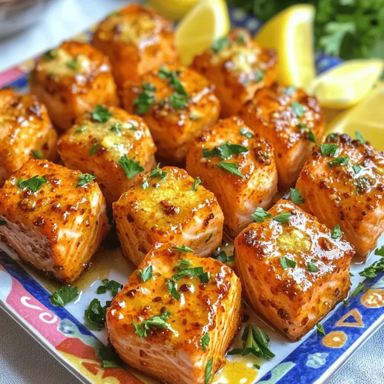 - 1 lb salmon fillet, skinless - 3 tablespoons unsalted butter - 4 cloves garlic - Spices: smoked paprika, chili powder, cayenne pepper - Salt and pepper, to taste - Fresh lemon juice - Fresh parsley - Lemon wedges for serving Gathering the right ingredients is key to making Air Fryer Spicy Garlic Butter Salmon Bites. Start with fresh salmon fillet, which is rich in flavor and healthy fats. You need one pound, skinless, and cut into bite-sized cubes. This size helps it cook evenly and makes it easy to eat. Next, you’ll need unsalted butter. Three tablespoons will melt nicely and add richness. Garlic is a star in this dish, so use four cloves, minced finely for maximum flavor. For the spices, use smoked paprika, chili powder, and cayenne pepper. They give a nice kick and depth. Adjust the cayenne to match your spice level. You will also need salt and pepper. These basic seasonings really enhance the dish. A splash of fresh lemon juice brightens everything up. Lastly, garnish with chopped fresh parsley for color and freshness. Don’t forget the lemon wedges! They add a zesty twist when serving. These simple ingredients come together to create a dish that delights the senses. Start by melting the butter in a small bowl. Add the minced garlic, smoked paprika, chili powder, cayenne pepper, salt, and pepper. Pour in the fresh lemon juice. Whisk all the ingredients together until they blend well. This spicy garlic butter will give the salmon great flavor. In a large bowl, place the salmon cubes. Pour the spicy garlic butter mixture over the salmon. Gently toss the cubes until each piece is fully coated. This step is key for getting the flavor into every bite. Preheat your air fryer to 400°F (200°C) for about five minutes. This makes sure your salmon cooks evenly. Once hot, place the salmon bites in a single layer in the air fryer basket. Make sure the pieces do not touch. Cook them for 8 to 10 minutes. At five minutes, check them for doneness. They should look golden brown and be fully cooked. When done, use tongs to remove the salmon bites. Place them on a serving platter and enjoy! Check for doneness at the 5-minute mark. Salmon cooks quickly in the air fryer. At this point, the bites should be golden brown. If they look pale, give them more time. Cooking salmon bites evenly is key. Spacing salmon bites in the air fryer matters too. Place them in a single layer. If they overlap, they will not cook well. Good airflow helps them crisp up nicely. You can adjust spice levels to your taste. If you like it spicier, add more cayenne pepper. For a milder version, reduce the chili powder. Don’t be afraid to experiment! Consider adding herbs for extra flavor. Fresh dill or thyme pairs well with salmon. A touch of basil can also bring a nice twist. Serve the salmon bites on a bright platter. This makes the dish pop and looks inviting. A sprinkle of parsley adds freshness and color. Place lemon wedges on the side for a zesty touch. Using toothpicks for appetizer-style serving is fun. It makes it easy for guests to grab a bite. This way, everyone can enjoy these tasty treats at gatherings. {{image_4}} You can change up the spice mix for different heat levels. Try adding more cayenne if you love heat. For a milder option, use just smoked paprika. You can also use other spices like cumin or coriander for unique flavors. Mixing in herbs like oregano or thyme can add a nice twist, too. If you want to swap salmon, try shrimp or chicken. Shrimp cooks fast and gets crispy. Chicken can be cut into bite-sized pieces and marinated like the salmon. Tofu is a great choice for a plant-based option. Just be sure to press it first to remove excess moisture. Transform these salmon bites into a full meal. Serve them over rice or a fresh salad. You can create a delicious bowl with quinoa, veggies, and bites on top. For dips, try creamy ranch, tangy tzatziki, or spicy sriracha mayo. Each dip adds a new flavor experience. To keep your leftover salmon bites fresh, place them in an airtight container. Make sure the container is sealed tight. This helps to keep moisture in and air out. Store the container in the fridge. The salmon bites will be good for up to three days. Before eating, check for any odd smells or changes in color. The best way to reheat salmon bites is in the air fryer. Preheat your air fryer to 350°F (175°C). Place the salmon bites in the basket. Heat them for about 4-5 minutes. This keeps them crispy and tasty. You can also use an oven. Preheat it to 350°F (175°C) and bake for about 10 minutes. You can freeze salmon bites if you want to store them longer. Place them in a freezer-safe bag or container. Make sure to remove as much air as possible. Label the bag with the date. The salmon bites will stay fresh for up to three months. To use them, thaw them in the fridge overnight. Reheat them in the air fryer for the best texture. I love serving these salmon bites with fresh sides. Here are some tasty ideas: - Steamed broccoli: It adds great color and nutrition. - Garlic mashed potatoes: Creamy and rich, they pair perfectly. - Quinoa salad: A light, healthy option that adds crunch. - Roasted asparagus: Its earthy flavor complements the salmon well. - Cauliflower rice: A low-carb choice that soaks up flavor. These sides not only taste great but also enhance the meal's look! Yes, you can use frozen salmon, but thaw it first. Thawing helps it cook evenly. You can do this in the fridge overnight or in cold water for quicker results. Once thawed, follow the same steps as fresh salmon. The flavor will still shine through! To check if your salmon is done, look for a few signs: - Color: It should be opaque and light pink throughout. - Flake test: Use a fork to gently flake the salmon. It should break apart easily. - Temperature: The internal temp should reach 145°F (63°C). Keep an eye on the salmon while cooking. It only takes about 8-10 minutes in the air fryer for a perfect bite! This recipe gives you a simple way to make tasty Air Fryer Spicy Garlic Butter Salmon Bites. You learned about the key ingredients, like garlic, spices, and fresh lemon juice, that boost flavor. Following step-by-step instructions, you can easily prepare and cook the salmon in the air fryer. Remember to adjust spices for your taste. Finally, keep these tips in mind for perfect results. With practice, you’ll impress friends and family with your cooking skills. Enjoy every delicious bite!