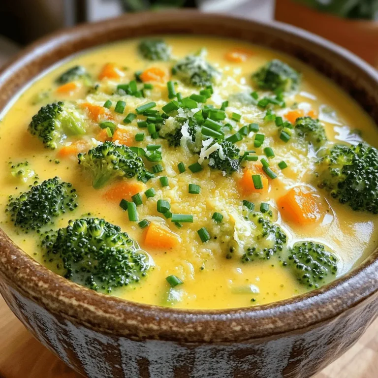 To create a rich and flavorful creamy broccoli cheddar soup, gather the following ingredients: - 1 tablespoon olive oil - 1 small onion, diced - 2 cloves garlic, minced - 4 cups broccoli florets (fresh or frozen) - 4 cups vegetable broth - 2 medium carrots, diced - 1 teaspoon dried thyme - 1 teaspoon mustard powder - 1 cup heavy cream - 2 cups shredded sharp cheddar cheese - Salt and pepper to taste - ¼ cup grated Parmesan cheese (for garnish) - Fresh chives, chopped (for garnish) These ingredients work together to build deep flavors. The olive oil adds a smooth base. The onion and garlic bring aromatic notes. Broccoli and carrots give it color and texture. The thickening agents, heavy cream and cheese, make it creamy and rich. Finally, the garnishes of Parmesan and chives add a fresh touch. 1. Start by heating a large pot over medium heat. Pour in 1 tablespoon of olive oil. 2. Add 1 small diced onion and sauté for about 5 minutes. You want it to be soft and clear. 3. Next, mix in 2 cloves of minced garlic. Sauté for another minute until it smells good. 4. Now, toss in 4 cups of broccoli florets and 2 diced carrots. Cook for 3-4 minutes. Stir often to help them soften. 1. Carefully add 4 cups of vegetable broth to the pot. Sprinkle in 1 teaspoon each of dried thyme and mustard powder. 2. Turn up the heat and bring everything to a simmer. Cook for about 15 minutes. The broccoli should be tender when you poke it with a fork. 1. Use an immersion blender to blend the soup. You can make it smooth or leave it a bit chunky. 2. If you don’t have an immersion blender, carefully transfer the soup in small batches to a blender. Blend until smooth, then return it to the pot. 3. Put the blended soup back on the stove. Stir in 1 cup of heavy cream. Heat it gently, but do not let it boil. 4. Gradually fold in 2 cups of shredded sharp cheddar cheese. Stir until the cheese melts and mixes well. Taste and add salt and pepper as needed. To get your soup nice and creamy, start with the right temperature for cream. Heat the soup gently after adding the cream. Don’t let it boil. Boiling can separate the cream and ruin the texture. For the best cheese options, I recommend using sharp cheddar. It adds a strong flavor that blends well. You can also mix in some Gruyère for a nutty taste. How do you store leftover soup? First, let the soup cool down. Then, transfer it to an airtight container. Store it in the fridge for up to three days. When reheating, warm it over low heat on the stove. Stir often to keep it smooth. You can also add a splash of broth or cream to help it stay creamy. What are the best accompaniments for the soup? Grilled cheese sandwiches pair perfectly. You can also serve it with crusty bread for dipping. The ideal serving temperature for this soup is hot but not boiling. Ladle it into bowls and let it sit for a minute. This way, it cools slightly and is ready to enjoy! {{image_4}} You can make this soup heartier by adding protein. Chicken is a great choice. Simply cook diced chicken in the pot before adding the onion. If you prefer beans, try adding a can of drained white beans. They add protein and fiber. Adjust cooking times based on what you choose. Chicken may need more time to cook through, while beans just need warming. For a dairy-free soup, consider using coconut milk or almond milk instead of heavy cream. Both give a nice creamy texture. For cheese, look for vegan cheese that melts well. Nutritional yeast is also a tasty option to add a cheesy flavor. Just stir it in when you add the cream. You can add other veggies for more flavor and nutrition. Try adding spinach, peas, or cauliflower. Each will change the taste and look of the soup. If you add more veggies, you might want to adjust the broth. More liquid helps keep the soup creamy. Experiment with spices too. A bit of nutmeg or paprika can create new layers of flavor. Each serving of Creamy Broccoli Cheddar Soup has about 300 calories. This number may vary based on the ingredients you use. The soup contains a mix of macronutrients: - Fat: 20 grams - Carbohydrates: 25 grams - Protein: 10 grams This balance makes it a hearty meal. Broccoli is packed with vitamins. It offers: - High amounts of vitamin C - Fiber for digestion - Antioxidants to fight free radicals Cheddar cheese adds flavor and calcium. It also provides: - Protein for muscle health - Vitamin A for eye health Together, they create a tasty and nutritious soup. This soup can fit many diets. It is gluten-free when using gluten-free broth. For those watching carbs, you can: - Reduce the amount of carrots - Use a lower-carb cheese These options help you enjoy the soup while sticking to your goals. To make this soup vegetarian, you can switch to vegetable broth. Use a rich, flavorful broth for depth. You can find this in stores or make your own. Just boil water with vegetables like carrots, celery, and onion. Strain it after an hour for a tasty base. This change keeps all the flavors while making the soup meat-free. Yes, you can freeze this soup. Allow it to cool completely first. Pour the soup into freezer-safe containers. Leave some space at the top for expansion. When you want to eat it, thaw overnight in the fridge. Reheat on the stove over low heat. Stir well to restore the creamy texture. Avoid boiling to keep it smooth. This soup pairs well with many dishes. Try a simple green salad to add crunch. Crusty bread or grilled cheese sandwiches make great sides too. You can even serve it with a light pasta dish. Each option adds a new layer to your meal and makes it more filling. This blog post gave you a tasty, creamy broccoli cheddar soup recipe. You learned the key ingredients, step-by-step cooking tips, and how to store leftovers. We explored variations, from adding protein to making it dairy-free. Keeping nutrition in mind, you saw the benefits of broccoli and cheese. Enjoy making this soup your own with unique twists! Now, it's time to gather your ingredients and create something delicious. Your kitchen is ready for a flavorful adventure!
