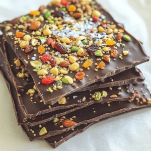 For this recipe, choose high-quality dark chocolate. Look for chocolate with at least 70% cocoa. This gives the bark a rich flavor. I like to use chocolate that is finely chopped. This helps it melt evenly. You can find great options at any grocery store or specialty shop. Nuts and dried fruit add texture and taste to the bark. I usually use a mix of nuts like almonds, pistachios, and walnuts. Chop them roughly for a good crunch. For dried fruit, cranberries, apricots, or cherries work best. Chop them coarsely to spread evenly. You need a few extra ingredients for the best flavor. Flaky sea salt is key; it brings out the chocolate's richness. I use about two tablespoons, but you can adjust to your liking. Coconut oil is optional but helps the chocolate shine. Just one tablespoon will do. Line a baking sheet with parchment paper. Make sure it covers the whole bottom. The paper helps lift the bark easily later. It should hang over the edges a bit. This makes it simple to remove the bark once it has set. Take a microwave-safe bowl. Add the chopped dark chocolate and coconut oil if you want a glossy finish. Heat it in the microwave in 30-second bursts. Stir well each time, until it is smooth. This usually takes about 1-2 minutes total. You can also use a double boiler if you prefer that method. Let the melted chocolate cool for about 5 minutes. This helps the toppings stick better. Pour the chocolate onto your lined baking sheet. Use a spatula to spread it out evenly. Aim for a thickness of about 1/4 inch. Next, sprinkle the mixed nuts and dried fruit on top. Press them down lightly with a spoon. This helps them stick well. Finally, sprinkle the flaky sea salt over everything. Adjust the salt to your taste. A mix of sweet and salty makes the best flavor! Put the baking sheet in the refrigerator. Let it chill for 1-2 hours or until it hardens. Once set, lift the bark out using the parchment paper. Break it into pieces of any size you like. For a nice touch, arrange the bark on a decorative plate. You can also wrap it in clear cellophane for gifts. Sprinkle a little extra sea salt on top just before serving for a pop of flavor! To achieve a glossy finish, I recommend using coconut oil. Adding just one tablespoon to your chocolate helps it shine. Melt the chocolate and coconut oil together. Stir until smooth, then cool slightly before spreading. This step makes your bark look more appealing. Finding the right balance between sweet and salty is key. Use flaky sea salt generously but not too much. The ideal amount enhances the chocolate's deep flavor. I suggest starting with two tablespoons, then adjust to your taste. Mixed nuts and dried fruits add sweetness, so keep that in mind. A beautiful presentation makes your bark even more enjoyable. Once it has set, break it into uneven pieces for a rustic look. You can arrange them on a decorative plate. For gifting, wrap them in clear cellophane with a ribbon. A sprinkle of extra sea salt right before serving adds a lovely touch. {{image_4}} You can switch up the chocolate to suit your taste. If you love milk chocolate, use it instead of dark chocolate. It will give a sweeter flavor. You can also try white chocolate for a creamy twist. Just remember, white chocolate lacks cocoa solids. This means it won't have the same rich flavor as dark chocolate. Toppings can really change the bark. Consider using different nuts like cashews or macadamia nuts. These add a unique crunch. You can also switch the dried fruit. Try using raisins or figs for a different taste. For a spicy kick, add a sprinkle of chili flakes. This can make your bark exciting and bold. Making this bark vegan is easy! Start by using dark chocolate that has no milk. Look for labels that say "dairy-free." Instead of nuts, use seeds like pumpkin or sunflower seeds. These add great texture. You can also skip the coconut oil if you want. Your bark will still turn out delicious and crunchy! To keep your dark chocolate sea salt bark fresh, store it properly. First, let the bark cool completely before you store it. This helps avoid moisture buildup. Next, place it in an airtight container. This will prevent air from making the bark stale. You can also layer pieces of bark with parchment paper. This keeps them from sticking together. Store your bark in a cool, dry place. A pantry or cupboard works well. Avoid areas near heat or direct sunlight. If you live in a warm climate, the fridge is a good option. Just remember to wrap it well to stop it from absorbing other smells. When stored properly, dark chocolate sea salt bark lasts about two weeks. If you keep it in the fridge, it can last up to three weeks. However, for the best taste and texture, enjoy your bark within the first two weeks. After that, it may lose some of its crunch and flavor. I recommend using dark chocolate with at least 70% cocoa. This chocolate has a rich flavor that balances well with the sweet toppings. The higher cocoa content gives a stronger taste and a nice snap when you break the bark. Yes, you can use different salts like kosher salt or Himalayan salt. However, flaky sea salt adds a lovely crunch and burst of flavor. Choose a salt that you enjoy for the best results. To make this bark nut-free, simply skip the mixed nuts. You can replace them with more dried fruit or seeds. Pumpkin seeds or sunflower seeds work great as a crunchy substitute. You can find pre-made dark chocolate sea salt bark at specialty stores, online retailers, or gourmet shops. Look for brands that use high-quality chocolate and minimal additives. Dark chocolate offers several health benefits. It is rich in antioxidants, which help fight free radicals. It may improve heart health by lowering blood pressure and improving blood flow. Plus, it can boost mood and cognitive function due to its flavonoids. Enjoy it in moderation! This post explored dark chocolate sea salt bark, from ingredient choices to storage tips. You learned about selecting dark chocolate, tasty toppings, and easy steps for making bark. We also covered ways to enhance your bark's appearance and flavor. Remember, you can personalize your recipe and store your treats for later enjoyment. Enjoy making this sweet and salty treat, knowing it's simple and fun!