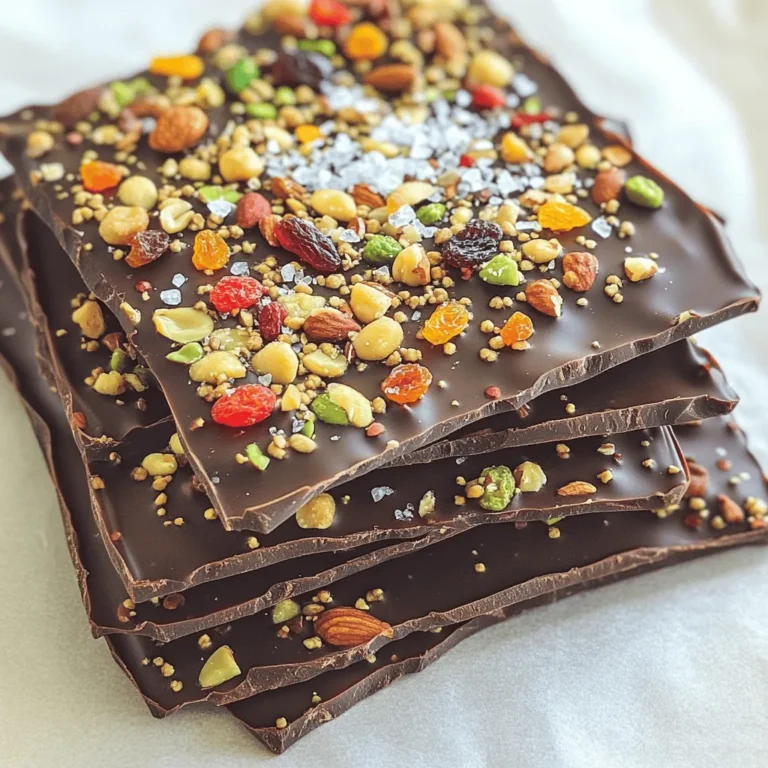 For this recipe, choose high-quality dark chocolate. Look for chocolate with at least 70% cocoa. This gives the bark a rich flavor. I like to use chocolate that is finely chopped. This helps it melt evenly. You can find great options at any grocery store or specialty shop. Nuts and dried fruit add texture and taste to the bark. I usually use a mix of nuts like almonds, pistachios, and walnuts. Chop them roughly for a good crunch. For dried fruit, cranberries, apricots, or cherries work best. Chop them coarsely to spread evenly. You need a few extra ingredients for the best flavor. Flaky sea salt is key; it brings out the chocolate's richness. I use about two tablespoons, but you can adjust to your liking. Coconut oil is optional but helps the chocolate shine. Just one tablespoon will do. Line a baking sheet with parchment paper. Make sure it covers the whole bottom. The paper helps lift the bark easily later. It should hang over the edges a bit. This makes it simple to remove the bark once it has set. Take a microwave-safe bowl. Add the chopped dark chocolate and coconut oil if you want a glossy finish. Heat it in the microwave in 30-second bursts. Stir well each time, until it is smooth. This usually takes about 1-2 minutes total. You can also use a double boiler if you prefer that method. Let the melted chocolate cool for about 5 minutes. This helps the toppings stick better. Pour the chocolate onto your lined baking sheet. Use a spatula to spread it out evenly. Aim for a thickness of about 1/4 inch. Next, sprinkle the mixed nuts and dried fruit on top. Press them down lightly with a spoon. This helps them stick well. Finally, sprinkle the flaky sea salt over everything. Adjust the salt to your taste. A mix of sweet and salty makes the best flavor! Put the baking sheet in the refrigerator. Let it chill for 1-2 hours or until it hardens. Once set, lift the bark out using the parchment paper. Break it into pieces of any size you like. For a nice touch, arrange the bark on a decorative plate. You can also wrap it in clear cellophane for gifts. Sprinkle a little extra sea salt on top just before serving for a pop of flavor! To achieve a glossy finish, I recommend using coconut oil. Adding just one tablespoon to your chocolate helps it shine. Melt the chocolate and coconut oil together. Stir until smooth, then cool slightly before spreading. This step makes your bark look more appealing. Finding the right balance between sweet and salty is key. Use flaky sea salt generously but not too much. The ideal amount enhances the chocolate's deep flavor. I suggest starting with two tablespoons, then adjust to your taste. Mixed nuts and dried fruits add sweetness, so keep that in mind. A beautiful presentation makes your bark even more enjoyable. Once it has set, break it into uneven pieces for a rustic look. You can arrange them on a decorative plate. For gifting, wrap them in clear cellophane with a ribbon. A sprinkle of extra sea salt right before serving adds a lovely touch. {{image_4}} You can switch up the chocolate to suit your taste. If you love milk chocolate, use it instead of dark chocolate. It will give a sweeter flavor. You can also try white chocolate for a creamy twist. Just remember, white chocolate lacks cocoa solids. This means it won't have the same rich flavor as dark chocolate. Toppings can really change the bark. Consider using different nuts like cashews or macadamia nuts. These add a unique crunch. You can also switch the dried fruit. Try using raisins or figs for a different taste. For a spicy kick, add a sprinkle of chili flakes. This can make your bark exciting and bold. Making this bark vegan is easy! Start by using dark chocolate that has no milk. Look for labels that say "dairy-free." Instead of nuts, use seeds like pumpkin or sunflower seeds. These add great texture. You can also skip the coconut oil if you want. Your bark will still turn out delicious and crunchy! To keep your dark chocolate sea salt bark fresh, store it properly. First, let the bark cool completely before you store it. This helps avoid moisture buildup. Next, place it in an airtight container. This will prevent air from making the bark stale. You can also layer pieces of bark with parchment paper. This keeps them from sticking together. Store your bark in a cool, dry place. A pantry or cupboard works well. Avoid areas near heat or direct sunlight. If you live in a warm climate, the fridge is a good option. Just remember to wrap it well to stop it from absorbing other smells. When stored properly, dark chocolate sea salt bark lasts about two weeks. If you keep it in the fridge, it can last up to three weeks. However, for the best taste and texture, enjoy your bark within the first two weeks. After that, it may lose some of its crunch and flavor. I recommend using dark chocolate with at least 70% cocoa. This chocolate has a rich flavor that balances well with the sweet toppings. The higher cocoa content gives a stronger taste and a nice snap when you break the bark. Yes, you can use different salts like kosher salt or Himalayan salt. However, flaky sea salt adds a lovely crunch and burst of flavor. Choose a salt that you enjoy for the best results. To make this bark nut-free, simply skip the mixed nuts. You can replace them with more dried fruit or seeds. Pumpkin seeds or sunflower seeds work great as a crunchy substitute. You can find pre-made dark chocolate sea salt bark at specialty stores, online retailers, or gourmet shops. Look for brands that use high-quality chocolate and minimal additives. Dark chocolate offers several health benefits. It is rich in antioxidants, which help fight free radicals. It may improve heart health by lowering blood pressure and improving blood flow. Plus, it can boost mood and cognitive function due to its flavonoids. Enjoy it in moderation! This post explored dark chocolate sea salt bark, from ingredient choices to storage tips. You learned about selecting dark chocolate, tasty toppings, and easy steps for making bark. We also covered ways to enhance your bark's appearance and flavor. Remember, you can personalize your recipe and store your treats for later enjoyment. Enjoy making this sweet and salty treat, knowing it's simple and fun!