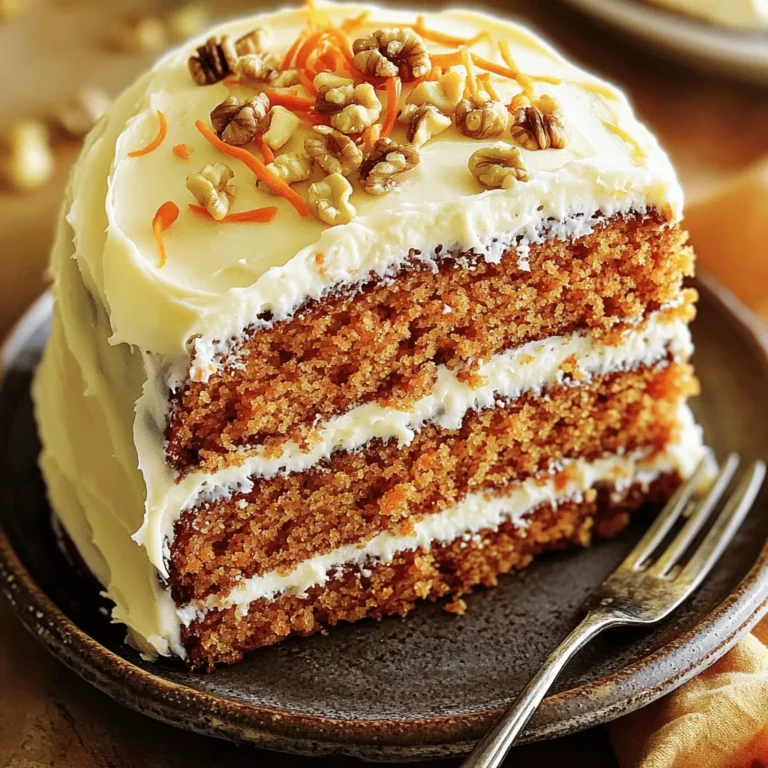 - 2 cups all-purpose flour - 2 cups granulated sugar - 1 teaspoon baking soda - 1 teaspoon baking powder - 1 teaspoon ground cinnamon - 1/2 teaspoon ground nutmeg - 1/2 teaspoon salt - 1 cup vegetable oil - 4 large eggs - 3 cups grated carrots - 1 cup crushed pineapple (drained) - 1/2 cup chopped walnuts (optional) - 1/2 cup raisins (optional) - 8 oz cream cheese (softened at room temperature) - 1/2 cup unsalted butter (softened at room temperature) - 4 cups powdered sugar - 1 teaspoon vanilla extract - 1 tablespoon milk (optional) Gather these ingredients before you start. Each one plays a key role in making your carrot cake moist and tasty. The grated carrots give it sweetness and texture. Crushed pineapple adds a lovely juiciness. If you like, add walnuts and raisins for extra flavor. For the frosting, soft cream cheese and butter create a rich and creamy finish. Don't forget to have powdered sugar and vanilla on hand too! - Preheat the oven to 350°F (175°C). - Grease and flour two 9-inch round cake pans. To start, I always preheat my oven. This step helps the cake bake evenly. I grease the pans with butter and then dust them with flour. This prevents sticking, making it easier to remove the cakes later. - Combine dry ingredients in a large mixing bowl. - In a separate bowl, whisk together the oil and eggs. Next, I mix all the dry ingredients in a big bowl. I make sure the flour, sugar, and spices blend well. In another bowl, I whisk the vegetable oil and eggs. This step adds moisture and helps the cake rise. - Slowly mix wet ingredients into the dry mixture. - Fold in the grated carrots, drained pineapple, walnuts, and raisins. Now, I slowly pour the wet mix into the dry ingredients. I stir gently to combine without overmixing. Then, I fold in the grated carrots and drained pineapple. If I choose, I add walnuts and raisins for crunch and sweetness. - Divide the batter evenly into prepared pans. - Bake for 25-30 minutes; check for doneness with a toothpick. I divide the batter between the two pans, smoothing the tops. I place them in the preheated oven and bake for about 25 to 30 minutes. To check if they are done, I insert a toothpick. It should come out clean or with a few crumbs. - Cool cakes in pans for 10 minutes, then transfer to wire racks. - Prepare cream cheese frosting and frost cooled cakes. After baking, I let the cakes cool in the pans for 10 minutes. Then, I carefully move them to wire racks. This cooling step is key for a good frosting. While they cool, I whip up the cream cheese frosting. Once the cakes are cool, I frost them for a rich, creamy finish. - Use room temperature ingredients for best results. This helps the batter mix well and rise evenly. - Do not overmix to keep cakes tender. Overmixing can make your cake tough and dry. - Adjust frosting consistency with milk for a smoother spread. If it’s too thick, add a little milk. - Beat cream cheese and butter thoroughly to avoid lumps. This ensures a smooth and creamy frosting. - Garnish with additional walnuts and grated carrots for a pop of color and texture. It makes the cake look inviting. - Serve on decorative cake stands for an elegant touch. A beautiful display enhances the cake's appeal. {{image_4}} You can easily change the flavor of your carrot cake. Add spices like ground ginger or cloves. These spices add warmth and depth. You can also substitute some all-purpose flour with almond or coconut flour. This twist gives the cake a nutty flavor and makes it gluten-free. If you need a gluten-free option, use a gluten-free flour blend. This allows everyone to enjoy the cake. For vegan diets, try a dairy-free cream cheese alternative. This substitution keeps the cream cheese frosting creamy and delicious. To make your cake even better, serve it with a scoop of vanilla ice cream. The cold ice cream pairs well with the warm cake. You can also add a side of whipped cream. This extra touch makes every bite more indulgent and fun. Store any leftover cake in an airtight container. It stays fresh at room temperature for up to 3 days. If you want it to last longer, place the cake in the fridge. It will be good for up to 1 week when refrigerated. Just make sure to cover it well to keep it moist and tasty. If you have extra slices, wrap each one in plastic wrap. You can freeze them for up to 3 months. This way, you can enjoy a piece later. To serve, simply thaw the slices in the fridge overnight. They’ll taste fresh and delicious. If you want to warm up a slice, use the microwave. Heat it gently for a few seconds. This helps bring back the cake's fresh taste and soft texture. Enjoy it as it is, or add a bit more frosting! Yes, you can bake the cake a day in advance and frost it just before serving. This keeps the cake fresh and allows the flavors to blend. Greek yogurt can be used for a healthier option, but taste and texture will vary. This swap can make the frosting tangy and lighter. A toothpick inserted into the center should come out clean or with a few moist crumbs attached. This means your cake is perfectly baked. Yes, simply double the recipe and use additional cake layers for a more dramatic presentation. Layering adds height and makes for a stunning dessert. Carrot cake has a long history; it became popular in the U.S. in the 1960s due to its natural sweetness and moist texture. It is loved for its unique flavor and wholesome ingredients. You can find the full recipe for the Classic Cream Cheese Frosted Carrot Cake in the ingredients and instructions sections above. Just follow those steps to create your delicious cake! In summary, we covered the essential ingredients and steps to create a delicious carrot cake. You learned about the best dry and wet ingredients, and delightful add-ins. I shared tips for baking and frosting, plus ways to store and serve the cake. This cake is not just a tasty treat; it can suit various diets and preferences. Try adding your twist, and enjoy the process of making this classic dessert!