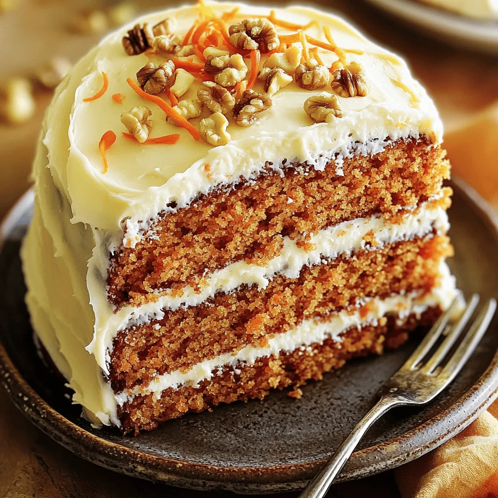 - 2 cups all-purpose flour - 2 cups granulated sugar - 1 teaspoon baking soda - 1 teaspoon baking powder - 1 teaspoon ground cinnamon - 1/2 teaspoon ground nutmeg - 1/2 teaspoon salt - 1 cup vegetable oil - 4 large eggs - 3 cups grated carrots - 1 cup crushed pineapple (drained) - 1/2 cup chopped walnuts (optional) - 1/2 cup raisins (optional) - 8 oz cream cheese (softened at room temperature) - 1/2 cup unsalted butter (softened at room temperature) - 4 cups powdered sugar - 1 teaspoon vanilla extract - 1 tablespoon milk (optional) Gather these ingredients before you start. Each one plays a key role in making your carrot cake moist and tasty. The grated carrots give it sweetness and texture. Crushed pineapple adds a lovely juiciness. If you like, add walnuts and raisins for extra flavor. For the frosting, soft cream cheese and butter create a rich and creamy finish. Don't forget to have powdered sugar and vanilla on hand too! - Preheat the oven to 350°F (175°C). - Grease and flour two 9-inch round cake pans. To start, I always preheat my oven. This step helps the cake bake evenly. I grease the pans with butter and then dust them with flour. This prevents sticking, making it easier to remove the cakes later. - Combine dry ingredients in a large mixing bowl. - In a separate bowl, whisk together the oil and eggs. Next, I mix all the dry ingredients in a big bowl. I make sure the flour, sugar, and spices blend well. In another bowl, I whisk the vegetable oil and eggs. This step adds moisture and helps the cake rise. - Slowly mix wet ingredients into the dry mixture. - Fold in the grated carrots, drained pineapple, walnuts, and raisins. Now, I slowly pour the wet mix into the dry ingredients. I stir gently to combine without overmixing. Then, I fold in the grated carrots and drained pineapple. If I choose, I add walnuts and raisins for crunch and sweetness. - Divide the batter evenly into prepared pans. - Bake for 25-30 minutes; check for doneness with a toothpick. I divide the batter between the two pans, smoothing the tops. I place them in the preheated oven and bake for about 25 to 30 minutes. To check if they are done, I insert a toothpick. It should come out clean or with a few crumbs. - Cool cakes in pans for 10 minutes, then transfer to wire racks. - Prepare cream cheese frosting and frost cooled cakes. After baking, I let the cakes cool in the pans for 10 minutes. Then, I carefully move them to wire racks. This cooling step is key for a good frosting. While they cool, I whip up the cream cheese frosting. Once the cakes are cool, I frost them for a rich, creamy finish. - Use room temperature ingredients for best results. This helps the batter mix well and rise evenly. - Do not overmix to keep cakes tender. Overmixing can make your cake tough and dry. - Adjust frosting consistency with milk for a smoother spread. If it’s too thick, add a little milk. - Beat cream cheese and butter thoroughly to avoid lumps. This ensures a smooth and creamy frosting. - Garnish with additional walnuts and grated carrots for a pop of color and texture. It makes the cake look inviting. - Serve on decorative cake stands for an elegant touch. A beautiful display enhances the cake's appeal. {{image_4}} You can easily change the flavor of your carrot cake. Add spices like ground ginger or cloves. These spices add warmth and depth. You can also substitute some all-purpose flour with almond or coconut flour. This twist gives the cake a nutty flavor and makes it gluten-free. If you need a gluten-free option, use a gluten-free flour blend. This allows everyone to enjoy the cake. For vegan diets, try a dairy-free cream cheese alternative. This substitution keeps the cream cheese frosting creamy and delicious. To make your cake even better, serve it with a scoop of vanilla ice cream. The cold ice cream pairs well with the warm cake. You can also add a side of whipped cream. This extra touch makes every bite more indulgent and fun. Store any leftover cake in an airtight container. It stays fresh at room temperature for up to 3 days. If you want it to last longer, place the cake in the fridge. It will be good for up to 1 week when refrigerated. Just make sure to cover it well to keep it moist and tasty. If you have extra slices, wrap each one in plastic wrap. You can freeze them for up to 3 months. This way, you can enjoy a piece later. To serve, simply thaw the slices in the fridge overnight. They’ll taste fresh and delicious. If you want to warm up a slice, use the microwave. Heat it gently for a few seconds. This helps bring back the cake's fresh taste and soft texture. Enjoy it as it is, or add a bit more frosting! Yes, you can bake the cake a day in advance and frost it just before serving. This keeps the cake fresh and allows the flavors to blend. Greek yogurt can be used for a healthier option, but taste and texture will vary. This swap can make the frosting tangy and lighter. A toothpick inserted into the center should come out clean or with a few moist crumbs attached. This means your cake is perfectly baked. Yes, simply double the recipe and use additional cake layers for a more dramatic presentation. Layering adds height and makes for a stunning dessert. Carrot cake has a long history; it became popular in the U.S. in the 1960s due to its natural sweetness and moist texture. It is loved for its unique flavor and wholesome ingredients. You can find the full recipe for the Classic Cream Cheese Frosted Carrot Cake in the ingredients and instructions sections above. Just follow those steps to create your delicious cake! In summary, we covered the essential ingredients and steps to create a delicious carrot cake. You learned about the best dry and wet ingredients, and delightful add-ins. I shared tips for baking and frosting, plus ways to store and serve the cake. This cake is not just a tasty treat; it can suit various diets and preferences. Try adding your twist, and enjoy the process of making this classic dessert!