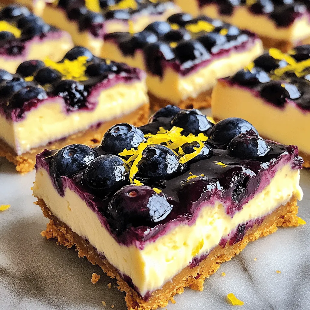 For these delicious lemon blueberry cheesecake bars, you will need: - 1 ½ cups graham cracker crumbs - ½ cup unsalted butter, melted - 2 tablespoons granulated sugar (for the crust) - 16 oz cream cheese, softened at room temperature - ¾ cup granulated sugar (for the filling) - 2 large eggs - Zest of 2 lemons - ⅓ cup freshly squeezed lemon juice - 1 cup fresh blueberries (washed and dried) - 1 teaspoon vanilla extract - A pinch of salt You can swap some ingredients if needed. For example: - Use a gluten-free graham cracker for a gluten-free version. - Swap cream cheese with a vegan cream cheese for a dairy-free option. - If you don’t have fresh lemons, use bottled lemon juice. Just use less zest. - You can replace blueberries with raspberries or strawberries if you prefer. Each serving of these bars contains: - Calories: 210 - Total Fat: 14g - Saturated Fat: 8g - Cholesterol: 60mg - Sodium: 160mg - Total Carbohydrates: 20g - Dietary Fiber: 1g - Sugars: 12g - Protein: 3g These bars pack a sweet and tangy punch while keeping the nutrition balanced. Enjoy! Start by preheating your oven to 350°F (175°C). This step is key for even baking. Next, grab an 8x8-inch baking dish. Line it with parchment paper, leaving some paper hanging over the edges. This makes it easy to lift the bars out later. In a medium bowl, mix 1 ½ cups of graham cracker crumbs, ½ cup of melted unsalted butter, and 2 tablespoons of sugar. Stir until it feels like wet sand. Press the mixture firmly into the bottom of your prepared dish. Bake this crust in your preheated oven for 10 minutes, then let it cool completely. Now, let’s make the cheesecake filling. In a large bowl, beat 16 oz of softened cream cheese until it’s creamy and smooth. Gradually add in ¾ cup of sugar while mixing. Keep mixing until everything blends well. Add 2 large eggs one at a time. Mix well after each egg. Next, add the zest of 2 lemons, ⅓ cup of freshly squeezed lemon juice, 1 teaspoon of vanilla extract, and a pinch of salt. Mix until it’s all smooth and creamy. Gently fold in 1 cup of fresh blueberries using a spatula. Be careful not to crush the blueberries. You want them whole for bursts of flavor in every bite. Pour the cheesecake filling over the cooled crust. Use a spatula to spread it evenly across the crust. It should look nice and smooth. Put the baking dish back into the oven. Bake for 25-30 minutes. The filling should set, but still have a slight wobble in the center. This means it’s baked just right! Once baked, take the dish out of the oven. Let it cool at room temperature for about 30 minutes. After that, move it to the fridge to chill for at least 3 hours. This helps it set properly. When ready to serve, lift the cheesecake out using the overhanging parchment paper. Cut it into squares. For a beautiful touch, drizzle some lemon juice or a light glaze on top. Garnish with extra blueberries and a sprig of mint for a fresh look. Enjoy your delicious lemon blueberry cheesecake bars! To get a smooth and creamy filling, start with room-temperature cream cheese. If your cream cheese is cold, it will be lumpy. Beat it until it's fluffy before adding sugar. Mix gently when adding the eggs. Overmixing can lead to cracks. Bake until the edges are set, but the center still wobbles slightly. This helps keep your bars creamy. One common mistake is pressing the crust too hard. It should be firm but not too dense. Also, avoid using too much lemon juice. It can make the filling too runny. Make sure to cool the crust before adding the filling. If you skip this step, the filling will melt into the crust. Lastly, don’t forget to chill your bars long enough. They need at least three hours in the fridge. To boost the flavor, use fresh lemon zest and juice. This adds a bright taste that makes the bars pop. You can also try adding a bit of almond extract for a different twist. Mixing in a bit of lavender can create a unique flavor. If you enjoy a bit of crunch, sprinkle some crushed nuts on top before serving. This adds texture and flavor to each bite. {{image_4}} You can change the berries in these bars. Try strawberries, raspberries, or blackberries. Each fruit adds its unique flavor. For example, strawberries bring a sweet touch. Raspberries add a bit of tartness. Mix and match your favorites! Use about one cup of fresh fruit. Make sure to wash and dry them well. You can switch up the flavors easily. Add more lemon zest for a stronger lemon taste. You can also try lime juice instead of lemon juice. For a richer flavor, add a bit of almond extract. A hint of coconut can also make these bars special. Just replace some vanilla with coconut for a tropical twist. Want to make these bars gluten-free? Use gluten-free graham cracker crumbs for the crust. You can find these at many stores. Ensure that all other ingredients are gluten-free too. This way, everyone can enjoy these tasty treats without worry! To keep your lemon blueberry cheesecake bars fresh, place them in an airtight container. Make sure to store them in the fridge. They will last for about 5 days. If you want to keep them longer, consider freezing them. To freeze lemon blueberry cheesecake bars, first let them cool completely. Then, cut them into squares. Wrap each square in plastic wrap. After that, place the wrapped squares in a freezer-safe bag or container. They can be stored in the freezer for up to 3 months. When you’re ready to enjoy them, thaw in the fridge overnight. After taking them out of the fridge or freezer, serve the bars chilled. This enhances their refreshing taste. You can drizzle a little lemon juice or add a light glaze before serving. For a nice touch, add a few blueberries and a mint sprig on each plate. Enjoy your delicious treat! Yes, you can use frozen blueberries. They will work well in this recipe. Just make sure to thaw them and drain any excess water before adding them to the filling. This keeps your bars from getting soggy. To make this recipe dairy-free, swap the cream cheese for a dairy-free cream cheese alternative. Look for a brand that has a similar texture and flavor. You can also use a plant-based butter for the crust. These bars pair well with a dollop of whipped cream or a scoop of vanilla ice cream. Fresh mint leaves also add a nice touch. You could even serve them with more fresh blueberries on the side. These bars last about 5 days in the fridge. Be sure to store them in an airtight container. This keeps them fresh and tasty for longer. Yes, you can easily double this recipe. Just use a larger baking dish, like a 9x13-inch pan. Adjust the baking time slightly if needed, checking for doneness with a toothpick. In this blog post, I covered how to make Lemon Blueberry Cheesecake Bars. We discussed ingredients, substitutes, and nutrition. You learned step-by-step instructions for the crust, filling, and baking. I shared tips to achieve the right texture and avoid mistakes. We explored variations and storage methods too. Making these bars is easy and fun. You can enjoy them fresh or stored. Try different fruits or flavors to suit your taste. I hope you feel confident to make this dessert and share it with others. Enjoy your baking journey!