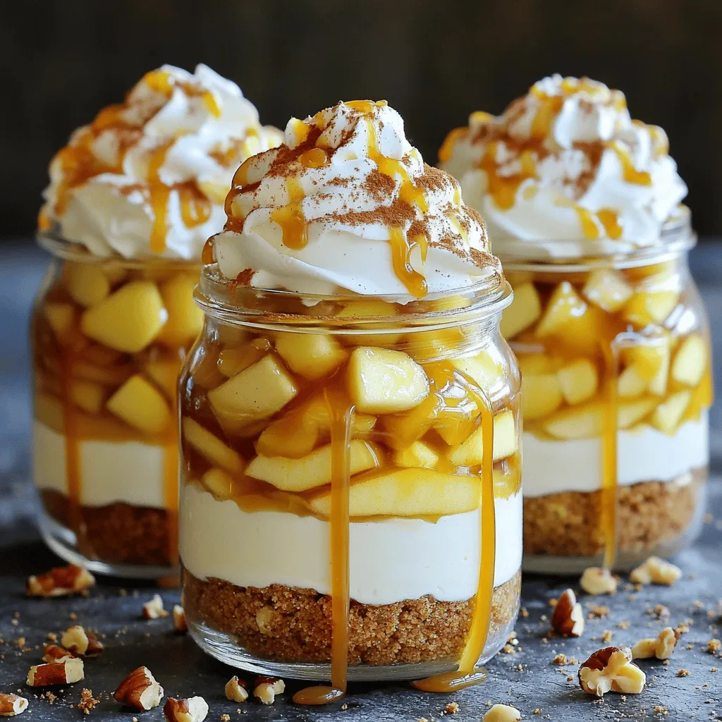 - 2 cups cream cheese, softened to room temperature - 1 cup powdered sugar - 1 teaspoon vanilla extract - 1 cup heavy cream - 2 large apples, peeled, cored, and diced into small pieces - 1 tablespoon fresh lemon juice - 1 teaspoon ground cinnamon - 1 cup graham cracker crumbs - 1 cup caramel sauce (store-bought or homemade) - Whipped cream (for topping) - Chopped nuts (optional, for garnish) To make these delicious parfaits, start with the main ingredients. The cream cheese gives the dessert its rich, creamy base. Powdered sugar sweetens the mix, while vanilla adds flavor. Heavy cream brings a lightness to the dish. Use fresh apples for the best taste. Dicing them small helps them blend well in each layer. Lemon juice keeps the apples bright and fresh. Ground cinnamon adds warmth and spice to the apples. Graham cracker crumbs create a crunchy layer at the bottom. Caramel sauce makes everything sweeter and adds a lovely drizzle on top. Finish with whipped cream for a fluffy touch. If you want a bit of crunch, consider adding chopped nuts. - Extra apple slices - Mint leaves - Additional caramel sauce - More chopped nuts These garnishes add a nice touch to the parfaits. Slices of apple can give a fresh look. Mint leaves add color and a pop of flavor. Drizzling more caramel sauce on top makes it even sweeter. Chopped nuts offer extra crunch and taste. - Mixing bowls - Electric mixer or whisk - Skillet - Parfait glasses or jars - Spatula You’ll need a few simple tools. Mixing bowls help combine ingredients smoothly. An electric mixer or whisk is great for beating the cream cheese and whipping the cream. A skillet is used for sautéing the apples. Finally, parfait glasses or jars are perfect for layering your creation. A spatula helps gently fold ingredients and serve them neatly. Start with your cream cheese. It needs to be soft for the best mix. Place it in a large bowl and use an electric mixer. Beat it until it is smooth. Now, add the powdered sugar slowly. Mix in one teaspoon of vanilla extract. Continue to beat until the mixture is creamy and free of lumps. This step is key for a rich flavor. Next, grab a medium bowl for the heavy cream. Pour it in and prepare to whip. Use a hand mixer or a whisk. Whip the cream until it forms soft peaks. Be gentle here; you want to keep it light and airy. Once whipped, take a spatula and carefully fold it into the cream cheese mix. This adds fluffiness to your parfait. Now, it’s time for the apples. First, peel, core, and dice them into small pieces. Heat a skillet over medium heat. Add the diced apples along with one tablespoon of fresh lemon juice. Stir them often for about five minutes. They should be tender but not mushy. After that, sprinkle one teaspoon of ground cinnamon over the apples. Stir well for one more minute, then remove from heat. Let them cool slightly before using. Start with your parfait glasses or jars. Add a spoonful of graham cracker crumbs at the bottom. This will give your parfaits a nice, crunchy base. Next, scoop in a layer of the creamy cheesecake filling. Use a spatula for an even spread. After that, add a layer of the sautéed apples. Make sure to include some of the delicious cinnamon flavor. Drizzle a spoonful of caramel sauce over the apples. This adds sweetness and richness to each bite. Repeat these layers until your glasses are full. Make sure to end with a layer of the cream cheese mixture on top. This will create a beautiful finish. Once your parfaits are layered, it’s time to add the finishing touches. Top each parfait with a generous dollop of whipped cream. This adds a fluffy texture and lightness. Then, drizzle more caramel sauce on top. This will make them look extra tempting. If you want some crunch, sprinkle chopped nuts on top. They add a nice contrast to the creamy layers. You can also garnish with extra apple slices or a sprig of mint for a fresh touch. This makes your parfaits look stunning and inviting. When serving your Caramel Apple Cheesecake Parfaits, use cute plates or trays. This makes the display more appealing. You can serve them chilled or at room temperature. These parfaits make a great dessert for any gathering. They are easy to grab and enjoy. If you have extra caramel sauce, offer it on the side. This way, guests can add more if they wish. These parfaits will impress everyone, and they are so easy to make! {{image_4}} Making your own caramel sauce is easy and fun. Start by heating sugar in a pot over low heat. Stir gently as the sugar melts. Once it turns a golden brown, add butter and cream. Stir until smooth. Let it cool before using it in your parfaits. Homemade caramel tastes rich and adds a special touch. To get the best texture for your parfaits, focus on your cream cheese mixture. Make sure the cream cheese is soft. This helps it mix well with the sugar and vanilla. When you whip the heavy cream, stop just as soft peaks form. Folding the whipped cream gently into the cream cheese keeps it light and fluffy. This texture makes every bite creamy and delightful. Avoid these common mistakes to make perfect parfaits. First, don’t skip softening the cream cheese. Cold cream cheese will not blend smoothly. Second, be careful not to over-whip the heavy cream. Over-whipping can make it grainy instead of fluffy. Lastly, don’t rush the layering process. Take your time to create distinct layers. This makes your parfaits look stunning and taste great. You can easily make gluten-free Caramel Apple Cheesecake Parfaits. Substitute graham cracker crumbs with gluten-free cookies or almond flour. Both options give a nice crunch. Use gluten-free caramel sauce to keep it safe for everyone. Want to mix things up? Try different flavors! Use pears instead of apples for a fresh twist. You can also add some cocoa powder to the cream cheese mixture for a chocolate touch. Or, swap vanilla extract with almond extract for a nutty flavor. The options are endless! To make a lighter version, use low-fat cream cheese instead of regular. You can replace heavy cream with Greek yogurt for a creamy texture without the extra fat. For sweetness, consider using honey or maple syrup instead of powdered sugar. These swaps keep the taste great while adding some health benefits. Yes, you can prepare these parfaits a day in advance. Make the cream cheese mixture and sauté the apples ahead of time. Store them in separate containers in the fridge. Assemble the parfaits just before serving. This keeps the layers fresh and tasty. The best apples for this recipe are Granny Smith or Honeycrisp. Granny Smith apples add a nice tartness that balances the sweet caramel and creamy cheesecake. Honeycrisp apples are sweet and crunchy, adding great texture. You can mix both types for extra flavor. These parfaits last about three days in the fridge. Store them covered to keep them fresh. If you notice any browning on the apples, simply stir them back in. However, the whipped cream may lose its fluffy texture over time. Making Caramel Apple Cheesecake Parfaits is simple and fun. You learned what ingredients to use, how to prepare the mixture, and the best ways to layer your parfaits. I shared tips for making homemade caramel and common mistakes to avoid. You can also try gluten-free options or different flavors to personalize your dessert. In the end, these parfaits are a treat everyone will love. Enjoy the process and share them with family or friends. Your parfaits will impress!