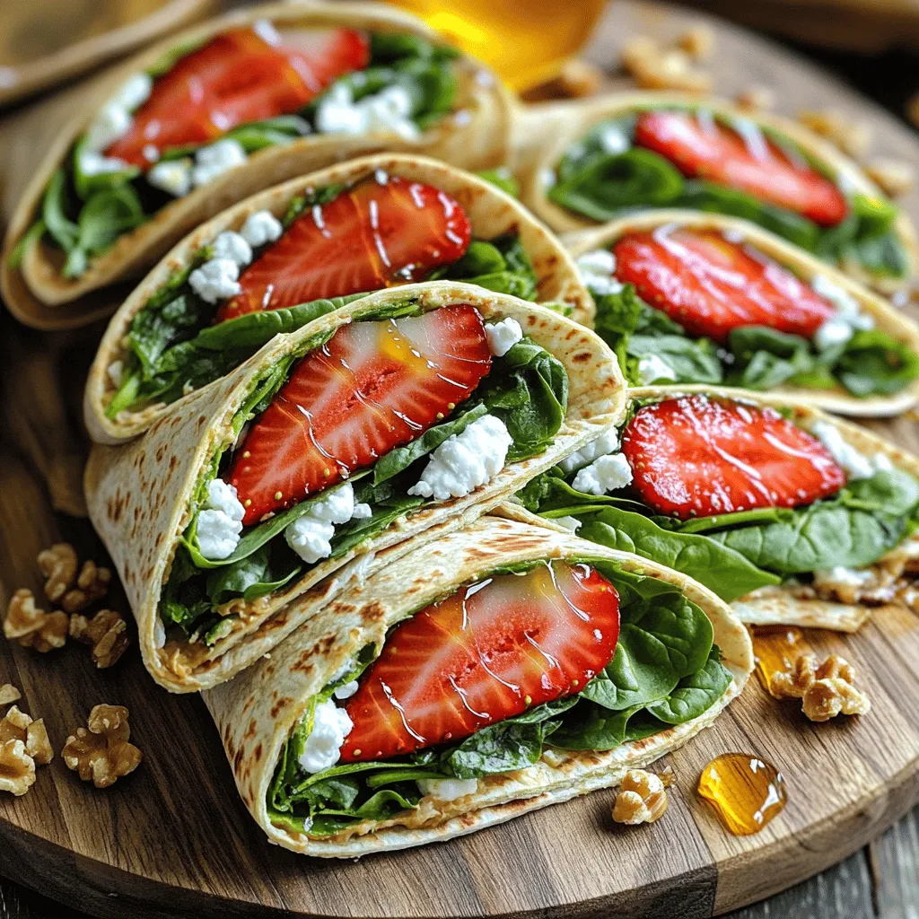 - 4 large whole wheat tortillas - 2 cups fresh baby spinach, well-rinsed - 1 cup ripe strawberries, hulled and sliced into thin rounds - 4 oz creamy goat cheese, softened at room temperature - 1/4 cup walnuts, toasted and roughly chopped - 2 tablespoons pure honey - Salt and freshly cracked black pepper to taste When choosing your ingredients, focus on freshness. Pick bright green spinach. This makes your wraps taste better. For strawberries, look for ripe ones. They should be sweet and juicy. Soft goat cheese should feel creamy and smooth. You can find good goat cheese at cheese shops or farmers' markets. Walnuts should be toasted lightly. This brings out their rich flavor. Use pure honey for the best taste. Avoid fake honey. It can change the flavor of your wraps. This recipe is flexible. If you want a vegan version, replace goat cheese with a vegan cream cheese. For nut allergies, skip the walnuts or use seeds like pumpkin seeds. If you are gluten-free, use gluten-free tortillas. You can also swap spinach with kale or arugula for a different taste. These options keep your wraps delicious while meeting various dietary needs. Start by washing 2 cups of fresh baby spinach. Rinse it under cold water and dry it with a clean towel. Next, hull 1 cup of ripe strawberries and slice them into thin rounds. For the walnuts, toast 1/4 cup in a dry skillet over medium heat. Stir them for about 3-4 minutes until they turn golden. You will smell their nutty aroma when they are ready. Now, grab a small bowl and combine 4 oz of softened goat cheese with 2 tablespoons of pure honey. Use a fork or whisk to mix them until it is smooth and creamy. This blend will add great flavor to your wraps. Take one large whole wheat tortilla and place it flat on a clean surface. Use a spatula to spread about 1/4 of the goat cheese mixture evenly on the tortilla. Next, add 1/2 cup of spinach over the cheese. Then, layer a quarter of the sliced strawberries on top. Sprinkle some toasted walnuts and a pinch of salt and freshly cracked black pepper for extra taste. Now, it's time to roll. Gently roll the tortilla from one end, tucking in the filling as you go. This helps keep everything inside. Repeat this with the rest of the tortillas and fillings until you have all the wraps ready. Once assembled, slice each wrap diagonally into 2-3 pieces. Arrange the sliced wraps on a platter for a nice presentation. To make it even more appealing, drizzle a little extra honey over the top. You can add whole strawberries and a sprinkle of chopped walnuts as a garnish. This makes your dish look colorful and inviting! To make the goat cheese mix just right, use room-temperature cheese. This helps it blend smoothly with honey. You want a creamy, sweet spread. If you like more flavor, try adding a pinch of salt or a dash of lemon juice. This will brighten the taste. Mix until it's soft and fluffy. It should be easy to spread on the tortilla. For these wraps, I love using whole wheat tortillas. They add a nice nutty flavor. Look for large tortillas so you have enough space for filling. If you want a softer wrap, try heating them in a pan for a few seconds. This makes them easier to roll. You can also use spinach or herb tortillas for extra flavor. A beautiful display makes food more fun to eat. Slice your wraps in a diagonal shape. This makes them look fancy. Arrange them in a fan shape on a platter. Drizzle some honey on top for added sweetness. You can also add whole strawberries and chopped walnuts around the wraps to make it pop. This adds color and texture to your plate. {{image_4}} You can change the filling to suit your taste. Try using different fruits like apples or blueberries. Cream cheese can replace goat cheese for a milder flavor. If you want crunch, add sliced cucumbers or bell peppers. For a protein boost, include grilled chicken or turkey slices. Mix in some herbs like basil or mint for extra flavor. The options are endless! You don’t have to stick with whole wheat tortillas. Spinach or tomato wraps can add color and flavor. Lettuce leaves are a great low-carb choice. You can even use rice paper for a fun twist. Each type of wrap changes the taste and texture. Experiment with what you like best! If you have dietary needs, you can easily adapt these wraps. For a vegan option, skip the cheese and honey. Use hummus as a spread instead. If you are dairy-free, choose nut-based cheeses. For gluten-free diets, opt for gluten-free tortillas or lettuce wraps. Always check labels to ensure all ingredients meet your needs. Enjoy making these wraps work for you! To store leftover Strawberry Goat Cheese Spinach Wraps, wrap them tightly in plastic wrap. You can also place them in an airtight container. Keep them in the fridge for up to three days. If you want to keep them fresh, do not add the strawberries until you are ready to eat. This keeps the wraps from getting soggy. Freezing these wraps is easy! Wrap each one in plastic wrap and then place them in a freezer bag. Make sure to remove as much air as possible. You can freeze the wraps for up to one month. When you are ready to eat them, let them thaw in the fridge overnight. To reheat the wraps, you can use a skillet or a microwave. For the skillet method, heat on low for about three minutes on each side. This keeps the wrap crispy. If you use a microwave, heat for 30 seconds at a time until warm. Be careful not to overheat, or the wrap will become tough. Enjoy your delicious wraps! Yes, you can make these wraps ahead. Prepare them up to a day before. Keep them in the fridge. Wrap each one in plastic wrap to stay fresh. This helps keep the tortillas soft. When you’re ready to eat, just slice and serve. These wraps pair well with many sides. Here are some tasty options: - Fresh fruit salad - Crunchy veggie sticks with dip - A light salad with vinaigrette - Sweet potato fries - A bowl of soup Each side adds a nice touch. They complement the sweet and savory flavors of the wraps. To make these wraps gluten-free, swap the tortillas. Use gluten-free wraps or lettuce leaves. Check the labels to ensure they are gluten-free. You can still enjoy the same flavors and fun textures. We covered the key ingredients for tasty wraps and tips to perfect them. I shared how to prepare, assemble, and serve these delicious meals. Customizing for dietary needs and exploring variations can add fun to your cooking. Storage tips help keep leftovers fresh. Remember, wraps are versatile and easy to enjoy. Experiment with different fillings to find your favorites. Enjoy creating your own wraps for any occasion!