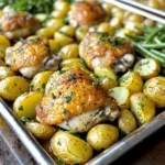 - 4 bone-in, skin-on chicken thighs - 1 head of garlic, cloves separated and peeled - 1 lemon, zested and juiced - 2 tablespoons olive oil - 1 teaspoon dried oregano - 1 teaspoon dried thyme - 1 teaspoon smoked paprika - 1 teaspoon salt - ½ teaspoon freshly ground black pepper - 1 pound baby potatoes, halved - 2 cups fresh green beans, trimmed - Fresh parsley, finely chopped (for garnish) When I prepare Roasted Garlic Herb Chicken Dinner Sheet Pan, I love using fresh ingredients. The chicken thighs bring a rich flavor, while the garlic adds a sweet, mellow taste. The lemon juice and zest brighten everything up. For herbs, I stick with dried oregano and thyme. They give depth without overwhelming the dish. Smoked paprika adds a subtle smokiness that pairs well with the chicken. For veggies, I choose baby potatoes and fresh green beans. The potatoes get crispy and tender, while the green beans stay bright and fresh. Fresh parsley at the end adds a pop of color and taste. Using these ingredients, you create a balanced meal. The flavors work together so well, it's hard to resist. When you serve this dish, everyone will want a second helping! Start by whisking the olive oil, lemon zest, lemon juice, oregano, thyme, smoked paprika, salt, and pepper in a bowl. Mix until all the ingredients blend well. This marinade gives your chicken great taste. Let your chicken marinate for at least 15 minutes. This time lets the flavors soak into the meat, making it tasty. Next, get a large sheet pan ready. Spread the halved baby potatoes and peeled garlic cloves evenly on the pan. Drizzle the rest of the herb marinade over these veggies. Toss them gently to coat well. Make sure to lay them out in a single layer; this helps them roast evenly. Now, place the marinated chicken thighs skin-side up among the potatoes and garlic. This setup looks great and helps the flavors mix. Preheat your oven to 425°F (220°C). This heat is perfect for roasting. After you place your sheet pan in the oven, roast the meal for 25 minutes. This step lets the chicken begin cooking and the flavors come together. After 25 minutes, add the green beans to the pan. Toss them lightly in the chicken juices. Roast everything for another 15 to 20 minutes. Check the chicken's internal temperature; it should reach 165°F (74°C). The potatoes should be golden and tender. To get the best taste from your chicken, marinate it well. Marinating adds depth to the flavor. Use the herb marinade to coat the chicken evenly. Let it sit for at least 15 minutes. If you can, marinate it longer for even more flavor. When choosing between fresh herbs and dried, fresh is best for a bright taste. However, dried herbs work great too. Just use less, as they are more potent. Watch the chicken closely as it cooks. Use a meat thermometer to check the internal temperature. You want it to reach 165°F (74°C). This ensures your chicken is safe and juicy. To roast vegetables evenly, spread them out on the pan. Make sure they are not crowded. This allows hot air to circulate, giving you crisp, tender veggies. For a rustic feel, serve right from the sheet pan. It looks inviting and casual. If you prefer, transfer everything to a large platter. Garnish with fresh parsley for a pop of color. Adding lemon wedges gives a bright touch too. These little tips make your meal look even more appetizing. {{image_4}} You can easily swap out ingredients to suit your taste. For chicken, consider using boneless, skinless thighs. They cook faster and stay juicy. You can also use chicken breasts if you prefer. If you want to change up the veggies, think about using carrots or bell peppers. Both add color and flavor. To boost the taste, try adding some cayenne for heat. A pinch can transform the dish. You can also explore herbs de Provence for a fresh twist. If you like citrus, lime or orange zest works great. They bring a bright flavor that pairs well with chicken. If you want to cook this dish faster, use an air fryer. Cook the chicken at 375°F (190°C) for about 25 minutes. Check the temperature to ensure it’s safe. For a cozy meal, you can use a slow cooker. Cook on low for 6-8 hours. This method makes the chicken super tender and flavorful. To keep your Roasted Garlic Herb Chicken Dinner fresh, store leftovers in the fridge. Use an airtight container for best results. Make sure it cools down first to avoid steam build-up. Label the container with the date you cooked it. This helps you keep track of how long it has been stored. When you reheat chicken, use the oven for the best taste. Set it to 350°F (175°C) and heat for about 15-20 minutes. This method keeps the chicken juicy. To keep your green beans crisp, add them to the oven for just a few minutes. Check the veggies often to avoid overcooking. If you want to freeze your meal, let it cool completely first. Place it in a freezer-safe container. Make sure to remove as much air as possible. This helps prevent freezer burn. When you're ready to eat, thaw it overnight in the fridge. This step helps it heat evenly later. Yes, you can use boneless chicken thighs. They cook faster than bone-in thighs. This change will affect the cooking time. Boneless thighs need about 20 to 25 minutes total. You should check that the internal temperature reaches 165°F (74°C). The flavor may be less rich without the bone. Consider adding extra herbs or spices to enhance taste. Leftovers can be stored in the fridge for up to four days. Make sure to place them in an airtight container. This keeps the chicken and vegetables fresh. Check for any signs of spoilage before eating. If you want to keep them longer, consider freezing. Frozen leftovers can last up to three months. Always label and date your containers for safety. This roasted garlic herb chicken goes well with many sides. Here are some tasty options: - Rice: A side of fluffy white or brown rice is great. - Salad: A fresh green salad adds crunch and color. - Quinoa: This grain is nutritious and complements the chicken well. - Roasted Veggies: You can add carrots or bell peppers to the sheet pan. - Bread: A warm crusty bread is perfect for soaking up juices. These sides will help create a balanced meal that everyone will enjoy. This post showed how to prepare a tasty dish with chicken and veggies. We covered the main ingredients, marinade tips, cooking steps, and smart serving ideas. You learned about different options for substitutions and how to store your leftovers. Remember, seasoning and marination are key for great flavor. Enjoy making this easy meal your own, and don’t hesitate to try new variations. Cooking can be fun and rewarding. Get creative, and make every dish a delight!