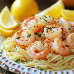 - 1 pound large shrimp, peeled and deveined - 8 ounces linguine or spaghetti - 4 cloves garlic, minced - 1 teaspoon red pepper flakes - Zest of 1 lemon - 1/4 cup freshly squeezed lemon juice - 1/2 cup vegetable or chicken broth - 3 tablespoons olive oil To make Lemon Garlic Shrimp Scampi, you need fresh and high-quality ingredients. The large shrimp should be peeled and deveined for easy eating. I prefer to use linguine or spaghetti, but any pasta works. Garlic is crucial for flavor. I always use fresh garlic, finely minced to release its essence. Red pepper flakes add a nice kick, but feel free to adjust the amount based on your spice level. Lemon zest gives a bright and fresh aroma, essential for a good scampi. The liquids in this dish are important. Freshly squeezed lemon juice brings acidity and brightness. Vegetable or chicken broth adds depth to the sauce, while olive oil provides richness and helps sauté the aromatics. Together, these ingredients create a delightful balance that makes this dish shine. - Bring salted water to a boil. - Cook linguine until al dente. Start by boiling a large pot of salted water. This helps the pasta taste good. Add the linguine and cook it for about 8 to 10 minutes. You want it al dente, which means it should be firm but not hard. Once done, drain the pasta and save about half a cup of the water for later. - Heat olive oil in a skillet. - Add garlic and red pepper flakes. Next, grab a large skillet and pour in the olive oil. Heat it on medium. Once warm, add minced garlic and red pepper flakes. Stir for about a minute. You want the garlic to smell great but not burn. Burnt garlic tastes bad. - Cook shrimp until pink and opaque. - Remove shrimp from skillet. Now, add the shrimp to the skillet. Sprinkle salt and pepper on top. Cook the shrimp for 2 to 3 minutes, flipping them halfway. They will turn pink and opaque when ready. Once cooked, carefully take them out and set aside. - Combine lemon zest, juice, and broth. - Simmer to reduce flavors. In the same skillet, mix in the lemon zest, juice, and broth. Stir it well and let it simmer. This step helps the flavors blend together. After about 3 to 4 minutes, the sauce will thicken a bit. - Toss cooked shrimp with pasta in sauce. - Adjust sauciness with reserved pasta water. Return the shrimp to the skillet. Add the cooked linguine and toss everything together. If it looks dry, add a little of the reserved pasta water. This will help make the dish saucy and tasty. - Plate the dish and garnish with parsley. - Serve with lemon wedges. Now, it’s time to serve! Plate your shrimp scampi, making sure the shrimp and pasta mix well. Sprinkle fresh parsley on top for color. Don’t forget to add lemon wedges on the side. They add a nice touch and extra flavor when squeezed on top. Enjoy your meal! - Selecting Fresh Shrimp: Look for shrimp that smell like the ocean. They should have a firm texture and a light pink color. Avoid shrimp with a strong fishy smell or black spots. Fresh shrimp make the dish taste better. - Importance of Not Overcooking Garlic: Garlic adds flavor but can turn bitter if burnt. Sauté it just until fragrant, about one minute. Stir it constantly to prevent it from browning. This keeps your dish delicious and bright. - Ways to Intensify Lemon Flavor: Use both lemon zest and juice for a bold citrus kick. Zesting adds oils that brighten the dish. Freshly squeezed juice gives a tangy taste. You can also add more zest if you love lemon! - Optional Ingredients for Added Richness: Try adding a splash of white wine to the sauce for depth. You can also mix in some heavy cream for a creamy finish. Fresh herbs like basil or thyme can elevate the flavor even more. {{image_4}} If you need a gluten-free meal, use gluten-free pasta. You can find many brands that taste great. They cook just like regular pasta. Make sure to check the package for cooking times. This way, you can enjoy Lemon Garlic Shrimp Scampi without worry. Want a vegetarian dish? You can swap shrimp for mushrooms or tofu. Both options add a nice texture. Use firm tofu for the best results. Sauté it until golden brown for added flavor. This change keeps the essence of the dish while making it plant-based. Adding vegetables is a smart way to boost nutrients. Spinach or cherry tomatoes work well in this dish. Just toss them in when cooking the shrimp. They will cook quickly and add color. This makes the dish more vibrant and healthy. Plus, it adds great taste! To store leftovers, let the dish cool down first. Place Lemon Garlic Shrimp Scampi in an airtight container. This keeps it fresh for up to 2 days in the fridge. Avoid leaving it out for more than 2 hours to prevent spoilage. You can freeze Lemon Garlic Shrimp Scampi for longer storage. Allow it to cool completely before packing. Use a freezer-safe container or heavy-duty freezer bag. Label it with the date. It will stay good for up to 3 months. When ready to eat, thaw it overnight in the fridge. To reheat without losing texture, use a skillet over medium heat. Add a splash of broth or water to help steam the pasta and shrimp. Stir gently for even heating. Avoid using the microwave, as it can make the shrimp rubbery. Always check that it’s hot throughout before serving. The best shrimp for scampi is large, fresh, and peeled shrimp. I prefer using wild-caught shrimp when possible. They have a better taste and texture. Look for shrimp labeled "U.S. caught" to ensure quality. If you cannot find fresh shrimp, frozen shrimp works well too. Just thaw them before cooking. Yes, you can prepare some parts ahead. Cook the pasta and store it in the fridge. You can also sauté the garlic and shrimp in advance. Just reheat them gently before serving. However, it’s best to add the lemon sauce right before serving. This keeps the flavors fresh. Several sides pair well with this dish. Here are a few ideas: - Garlic bread - Steamed asparagus - Mixed green salad - Roasted vegetables - Rice or quinoa These sides add color and flavor to your meal without overpowering the shrimp scampi. To reduce the spice in your dish, simply cut back on the red pepper flakes. You can use half a teaspoon or even none at all. If you want a little kick, consider using black pepper instead. It adds flavor without much heat. Yes, this recipe is very flexible! You can use scallops, crab, or lobster instead of shrimp. Just adjust the cooking time to ensure all seafood is cooked perfectly. For example, scallops take about 2-3 minutes per side. This way, you can enjoy different seafood flavors in your scampi. This Lemon Garlic Shrimp Scampi recipe is simple and delicious. We covered great ingredients, from shrimp and pasta to fresh aromatics. You learned step-by-step how to cook it perfectly. You can enhance flavors easily and even adapt it for dietary needs. Enjoying this dish is all about freshness and fun. Try different variations and share with friends. Cooking can be exciting when you explore new tastes and methods. Happy cooking!