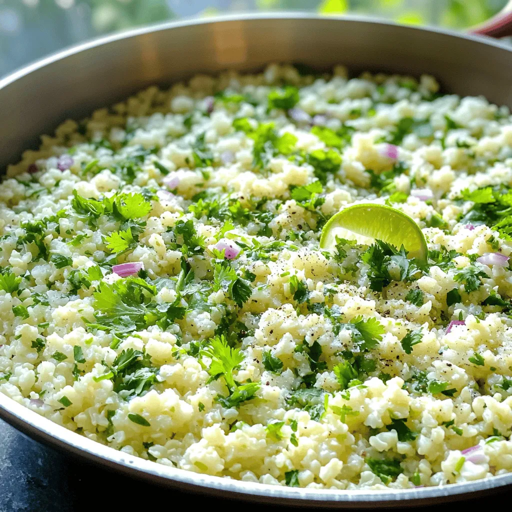 To make this fresh and flavorful cilantro lime cauliflower rice, you will need the following ingredients: - Medium head of cauliflower - Extra virgin olive oil - Lime (zest and juice) - Fresh cilantro leaves - Red onion - Garlic - Salt and pepper - Optional: Jalapeño Gathering these ingredients is simple. The cauliflower serves as the base, providing a fun, low-carb alternative to traditional rice. The lime adds brightness, while cilantro brings in a fresh taste. The red onion and garlic give depth of flavor, and salt and pepper enhance everything. If you enjoy a bit of heat, the jalapeño is a great option. This dish is not just tasty; it's also colorful and vibrant. 1. Rinsing and removing leaves: Start by rinsing the cauliflower under cold water. This helps remove dirt. Next, remove the green leaves and stem. Discard these parts to focus on the good stuff. 2. Breaking into florets: Break the head of cauliflower into smaller florets. Smaller pieces are easier to process. Aim for uniformity in size to ensure even cooking. 1. Using a food processor: Take the prepared florets and place them into a food processor. This tool makes ricing quick and easy. Pulse the florets until they resemble rice grains. 2. Achieving the right texture: Be careful not to over-process. Stop when the cauliflower looks like small rice grains. You want it to be fluffy, not mushy. 1. Sautéing onions and garlic: Heat extra virgin olive oil in a large skillet over medium heat. Once hot, add diced red onion. Sauté for about 3 to 4 minutes until the onion softens and turns translucent. 2. Cooking the riced cauliflower: Add the riced cauliflower to the skillet. Stir occasionally and cook for about 5 to 7 minutes. The goal is to keep the cauliflower tender yet firm. Avoid overcooking to keep that nice texture. Now you’re ready to enhance it with lime and cilantro! To avoid mushiness, monitor cooking time closely. When ricing the cauliflower, pulse until it looks like rice. If it gets too small, it will turn mushy. Cook the riced cauliflower for about 5 to 7 minutes. Stir occasionally to ensure even cooking. You want it tender but still firm. This gives it a nice bite. Experiment with spices and herbs to deepen the flavor. Try adding cumin or smoked paprika for warmth. You can also toss in fresh herbs like parsley or chives. If you like heat, add more jalapeño or a pinch of cayenne pepper. These tweaks can make your dish unique every time. Garnish for visual appeal is key in making your dish inviting. After cooking, transfer the cauliflower rice to a serving bowl. Top with extra cilantro leaves for a pop of color. A lime wedge on the side adds freshness and a splash of brightness. These simple touches can elevate your dish from good to great. {{image_4}} You can add many vegetables to your cilantro lime cauliflower rice. Try bell peppers, corn, or peas for more color and taste. These veggies not only add more nutrients but also make the dish more fun. You can also mix in some diced zucchini or carrots. Just remember to chop them small so they cook evenly. To change the flavor, think about adding spices or herbs. Cumin adds a warm taste, while smoked paprika gives a nice depth. Fresh herbs like parsley or green onions can brighten the dish. If you like heat, a pinch of cayenne pepper or more jalapeño will spice things up. Just sprinkle these in when you sauté the onions and garlic. Cilantro lime cauliflower rice is great with many proteins. It pairs well with grilled chicken, shrimp, or fish. If you're vegetarian, try it with black beans or chickpeas. Each option adds protein and makes the meal more filling. You can even top it with a fried egg for a simple yet tasty dish. Store your cilantro lime cauliflower rice in an airtight container. Place it in the fridge within two hours of cooking. It will stay fresh for about 3 to 5 days. Make sure it cools down first to keep it from getting soggy. To reheat, use a skillet over medium heat. Add a splash of water or olive oil to help keep it moist. Stir it well for about 3 to 5 minutes until it's hot. This method helps keep the texture just right. To freeze, let the cauliflower rice cool completely. Then, pack it in a freezer-safe bag or container. Label it with the date. It can last for up to three months in the freezer. When you want to eat it, thaw it in the fridge overnight. Reheat it gently in a skillet for the best taste. Cauliflower rice is a low-carb substitute for traditional rice. It is made by grating or processing cauliflower into tiny, rice-like pieces. This dish is light, fluffy, and full of flavor. It absorbs spices and sauces well, making it a great base for many meals. You can still make cauliflower rice without a food processor. Here’s how: - Grate the cauliflower: Use a box grater to shred the cauliflower into small rice-sized pieces. - Chop finely: If you prefer, you can chop the florets with a knife until they resemble rice. This method takes a bit more time but yields similar results. Yes, cilantro lime cauliflower rice is very healthy! Here are some key benefits of cauliflower rice: - Low in carbs: It has far fewer carbs than traditional rice, making it great for low-carb diets. - High in fiber: Cauliflower is a good source of fiber, which aids digestion and keeps you full. - Rich in vitamins: It contains vitamins C, K, and B6. These are important for your immune system and overall health. - Low in calories: Cauliflower rice is low in calories, so it can help with weight management. This dish is not only tasty but also a smart choice for your meals. This blog post guides you through making delicious cilantro lime cauliflower rice. We covered essential ingredients and detailed how to prepare, rice, and cook the cauliflower. You learned tips for perfect texture and flavor enhancements, as well as variations to try. I shared storage and reheating methods, ensuring your dish stays fresh. Remember, you can get creative with this recipe. Add your favorite veggies or proteins for a quick, healthy meal. Enjoy experimenting in your kitchen!