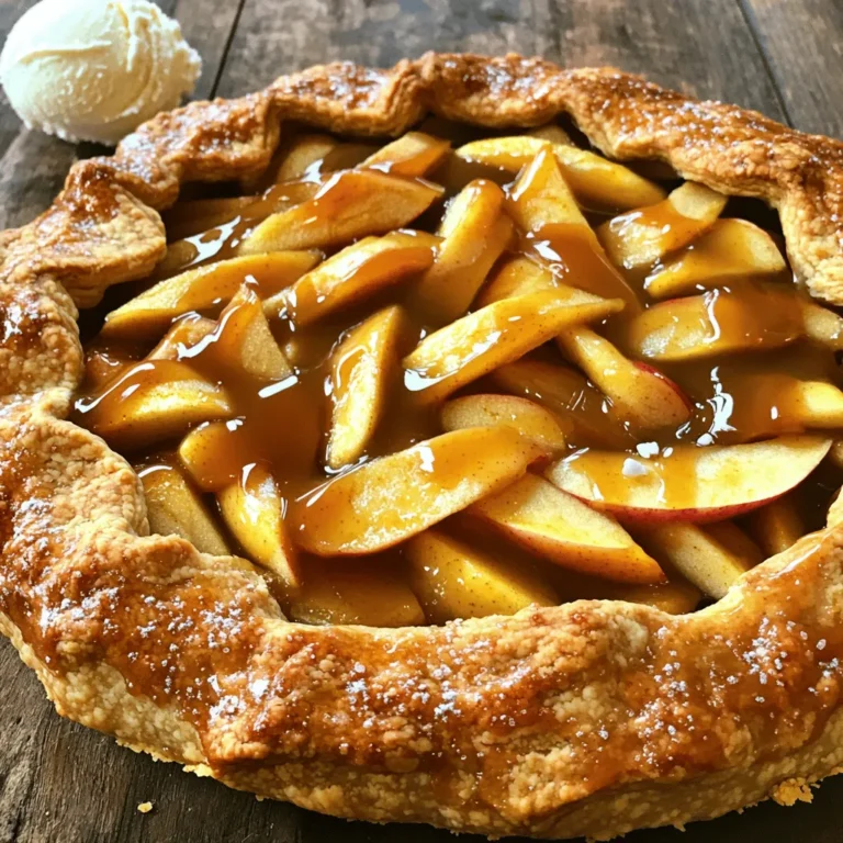 To create a delicious salted caramel apple galette, you need the following key ingredients: - 2 cups all-purpose flour - 1/2 teaspoon salt - 1 tablespoon granulated sugar - 1/2 cup unsalted butter, chilled and cut into small cubes - 6-8 tablespoons ice water - 3 medium apples (preferably Granny Smith or Honeycrisp), peeled, cored, and thinly sliced - 1/3 cup brown sugar, packed - 1 teaspoon ground cinnamon - 1 tablespoon fresh lemon juice - 1/4 teaspoon ground nutmeg - 1/2 cup salted caramel sauce (homemade or store-bought) - 1 egg, beaten (for egg wash) - Flaky sea salt, for sprinkling on top You can customize your galette with these fun ingredients: - Chopped nuts like pecans or walnuts for crunch - Dried fruit, such as cranberries or raisins, for extra sweetness - A splash of vanilla extract for added flavor - Fresh herbs like thyme or rosemary for a unique twist If you’re missing an ingredient, don’t worry! Here are some great swaps: - Use whole wheat flour instead of all-purpose flour for a nuttier taste. - Coconut oil can replace butter for a dairy-free option. - Any sweet apple works well if you can’t find Granny Smith or Honeycrisp. - Swap brown sugar with coconut sugar for a healthier option. Being flexible with ingredients lets you create a galette that suits your taste! To make the pie crust, start by gathering your ingredients. You need: - 2 cups all-purpose flour - 1/2 teaspoon salt - 1 tablespoon granulated sugar - 1/2 cup unsalted butter, chilled and cut into small cubes - 6-8 tablespoons ice water In a large bowl, mix the flour, salt, and sugar. Add the chilled butter. Use your fingers or a pastry cutter to mix until the mix looks like coarse crumbs. You should still see some small butter pieces. Now, slowly add the ice water. Start with one tablespoon at a time. Mix until the dough begins to form. Don't overwork it. Shape the dough into a disc and wrap it in plastic wrap. Chill it in the fridge for at least 30 minutes. This helps the dough firm up. Next, let’s make the apple filling. You will need: - 3 medium apples (like Granny Smith or Honeycrisp) - 1/3 cup brown sugar, packed - 1 teaspoon ground cinnamon - 1 tablespoon fresh lemon juice - 1/4 teaspoon ground nutmeg First, peel, core, and slice the apples thinly. In a medium bowl, combine the apple slices with the brown sugar, cinnamon, lemon juice, and nutmeg. Toss the apples gently. Make sure they are well-coated. Let the filling sit for a bit. This helps the flavors mix well. Now it's time to assemble the galette. Preheat your oven to 400°F (200°C). On a floured surface, roll out the chilled dough into a circle about 12 inches wide. Transfer the dough onto a baking sheet with parchment paper. Spoon the apple filling into the center of the dough. Leave a 2-inch border around the edges. Drizzle half of the salted caramel sauce over the apples. Next, fold the edges of the dough over the filling. Pleat and tuck the dough to create a rustic look. Brush the edges with the beaten egg for a nice shine. Drizzle the rest of the salted caramel sauce over the apples. Sprinkle flaky sea salt on top. Bake the galette for 25-30 minutes. Look for a golden-brown crust and tender apples. Once done, let it cool for a few minutes. Enjoy the warm galette on its own or with vanilla ice cream and extra caramel! To make the best dough, use cold butter. This keeps the crust flaky. You want to mix until it looks like crumbs. Don't overwork the dough; stop mixing when it comes together. After you shape it into a disc, wrap it in plastic. Chill it for at least 30 minutes. This helps the gluten relax and improves texture. For great flavor, choose tart apples like Granny Smith or Honeycrisp. These apples balance the sweetness of the caramel. Peel and slice them thinly for even cooking. Toss them with lemon juice to keep them bright and fresh. The brown sugar and spices will enhance their natural taste. Let the mixture sit for a bit to let the flavors blend. Serve the galette warm for the best experience. A scoop of vanilla ice cream adds a creamy touch. Drizzle extra salted caramel on top for richness. You can also sprinkle chopped nuts for crunch. For a fun twist, serve it with whipped cream. This dessert looks great on a nice platter, making it perfect for gatherings. {{image_4}} You can easily make a gluten-free version of this galette. Substitute the all-purpose flour with a gluten-free blend. Look for one that has a good mix of flours. I find that blends with almond flour or coconut flour work best. Just keep in mind that the texture may differ slightly. Make sure to add a little extra ice water if the dough feels crumbly. To make your galette even more exciting, add some flavor! You can mix in a handful of raisins or dried cranberries with the apples. These add a sweet and chewy bite. Want some warmth? Consider adding a pinch of ginger or cardamom along with the cinnamon. A splash of vanilla extract can also bring a lovely depth to the filling. Toppings are key to a perfect galette. I love to serve this dessert with a scoop of vanilla ice cream. The creaminess balances the sweet and salty notes. You can also sprinkle some chopped nuts like pecans or walnuts on top for crunch. A dollop of whipped cream or crème fraîche works wonders too. Finally, drizzle on extra salted caramel sauce right before serving for that extra touch of indulgence. To store leftover galette, wait until it cools. Wrap it tightly in plastic wrap or foil. You can also place it in an airtight container. Keep it in the fridge for up to three days. This helps keep the crust crisp and the filling fresh. To reheat the galette, preheat your oven to 350°F (175°C). Place the galette on a baking sheet. Heat it for about 10-15 minutes. This warms it through and revives the crust's crunch. If you want, drizzle some fresh salted caramel on top before serving. You can also freeze your galette for later. Wrap it well in plastic wrap, then foil. This prevents freezer burn. Store it in the freezer for up to three months. When you're ready to enjoy it, thaw it in the fridge overnight. Reheat in the oven as mentioned above for a delicious treat. The best apples for a galette are Granny Smith or Honeycrisp. These apples stay firm when baked. They also add a nice sweet-tart balance. If you want a sweeter taste, you can mix in some Fuji or Gala apples. Yes, you can make the dough ahead of time! Prepare the dough and wrap it tightly in plastic wrap. Store it in the fridge for up to two days. You can also freeze it for up to three months. Just remember to thaw it in the fridge before rolling it out. To keep the crust crisp, make sure to drain any excess juice from the apples. Sprinkle some flour on the dough before adding the filling. You can also brush the crust with an egg wash. This helps create a barrier against moisture. Yes, store-bought crust works well if you are short on time. Just follow the package instructions for baking. It might not have the same flavor as homemade, but it will save you time. The galette is done when the crust is golden brown. The apples should feel tender when pierced with a fork. Keep an eye on it during the last few minutes of baking for best results. Absolutely! Chopped pecans or walnuts add a nice crunch. Just mix them in with the apple filling before assembling the galette. The nuts will add extra texture and flavor. Yes, serving the galette warm is a great idea! Warm galette pairs wonderfully with ice cream. The melting ice cream creates a delightful contrast with the warm, gooey filling. You now have a well-rounded guide for making a delicious galette. From essential ingredients to step-by-step instructions, each part plays a key role. Think about variations to suit your taste and dietary needs. Don’t forget storage tips for leftovers, so nothing goes to waste. With this info, I hope you feel ready to bake your own galette. Enjoy the process and share your tasty results with others!