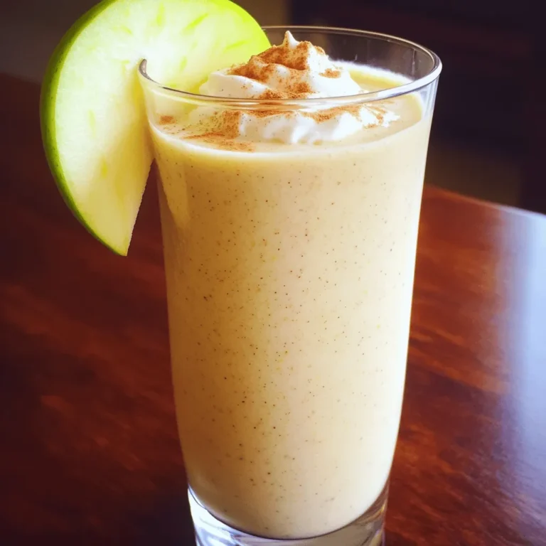 - 1 medium sweet apple - 1 ripe banana (frozen) - 1 cup almond milk (unsweetened) - 1/2 teaspoon ground cinnamon - 1 tablespoon pure maple syrup - 1/4 cup rolled oats - 1 tablespoon almond butter (optional) - Ice cubes (optional) For this smoothie, I love using a medium sweet apple, like a Fuji or Honeycrisp. They add a nice sweetness and flavor. The frozen banana gives a rich, creamy texture. Almond milk is my go-to for a lighter base, but you can use any milk you like. Ground cinnamon makes it taste like a warm, cozy dessert. You can also add maple syrup for sweetness. Rolled oats give it a nice thickness. If you want a richer taste, add almond butter. Ice cubes are optional, but they make the drink cold and refreshing. - Whipped cream or yogurt - Slices of apple for garnish - Additional cinnamon for topping Garnishing can take your smoothie up a notch. Whipped cream or yogurt adds creaminess. Slices of fresh apple look great on the rim of your glass. A sprinkle of cinnamon on top makes it extra special. Each ingredient works together to create a blend that feels like dessert but is still healthy. Enjoy making this delicious smoothie! - Add chopped apple and frozen banana to blender. - Pour in almond milk. Start with a medium sweet apple. Fuji or Honeycrisp works well. Chop it into small pieces. The frozen banana adds creaminess. It gives your smoothie a smooth texture. Pour in one cup of unsweetened almond milk. This adds a nice base for blending. - Incorporate ground cinnamon, nutmeg, maple syrup, rolled oats, and almond butter. - Blend thoroughly. Next, it's time to spice things up. Add 1/2 teaspoon of ground cinnamon. This will give your smoothie that warm, cozy flavor. Add 1/4 teaspoon of nutmeg for a little extra depth. Then, pour in 1 tablespoon of pure maple syrup. Adjust it to your taste! Add 1/4 cup of rolled oats for texture. If you like, add 1 tablespoon of almond butter. It adds richness and a nutty flavor. Blend everything on high until smooth and creamy. - Adjust thickness with almond milk or ice cubes. - Taste and adjust sweetness as needed. After blending, check your smoothie’s thickness. If it's too thick, add a splash of almond milk. Blend again. If you want a colder smoothie, toss in a few ice cubes. Blend until it’s smooth again. Take a sip to see if it’s sweet enough. If not, add more maple syrup and blend one last time. Enjoy your delicious, healthy Cinnamon Apple Pie Smoothie! To make your smoothie even better, try different apples. Fuji or Honeycrisp work great, but you can also use Granny Smith for a tart twist. Each apple brings its own taste. If you want more sweetness, add more maple syrup. Start with one tablespoon and taste. Adjust until it feels just right for you. Using a frozen banana is key. It makes your smoothie thick and creamy. If you don’t have frozen bananas, peel and slice a ripe one, then freeze it overnight. Almond butter adds richness. It helps your smoothie feel smooth and nice. Just one tablespoon creates a great texture. For a pretty presentation, serve your smoothie in tall glasses. A slice of apple on the rim adds charm. Sprinkle a pinch of cinnamon on top for a nice look and taste. You can pair this smoothie with snacks, like whole grain toast or yogurt, for a filling breakfast. {{image_4}} You can easily swap almond milk for oat milk or dairy milk. Both options work well. If you want to reduce sugar, use honey instead of maple syrup. Honey adds sweetness and pairs nicely with the spices. For a fun twist, add cocoa powder for a chocolatey flavor. This makes the smoothie richer and more indulgent. You can also introduce vanilla extract for extra depth. A splash of vanilla brings warmth and enhances the overall taste. To make a thicker smoothie bowl, use less almond milk during blending. You want it to be creamy and spoonable. After blending, pour it into a bowl and add toppings. Granola, nuts, and sliced fruit make great additions. They give texture and a nice crunch to each bite. After making your Cinnamon Apple Pie Smoothie, you may have leftovers. To keep it fresh, pour any extra smoothie into a container. Use an airtight jar or bottle to prevent air from getting in. Store it in the fridge for up to 24 hours. Shake or stir it well before drinking, as it may separate. If you want to save it for later, freezing is a great option. Pour the smoothie into ice cube trays or freezer-safe bags. This way, you can blend a few cubes with fresh milk later. Just remember to leave some space in the container for expansion. You might wonder how to revive a smoothie after storing it. If you find it too thick, add a splash of almond milk and blend again. This will help bring back its creamy texture. You can also use a straw to stir it up if you don't want to blend again. When choosing storage containers, opt for glass jars or BPA-free plastic. These materials keep your smoothie fresh and safe. Remember to label the containers with the date so you know when to use them. Apples are rich in fiber and vitamin C. They help keep your heart healthy. Bananas provide potassium and energy. They also add creaminess to smoothies. Oats are full of fiber, too, and they help you feel full. They can lower cholesterol and support digestion. Together, these ingredients make a balanced, nutritious drink. Yes, you can make this smoothie vegan. Use almond milk or any plant-based milk. Instead of maple syrup, use agave nectar or coconut sugar. Almond butter is already vegan. This way, everyone can enjoy the smoothie. This smoothie takes about 10 minutes to prepare. You blend all the ingredients for another 10 minutes. It serves two, so you can share it with a friend or enjoy it later. You can swap out the apple or banana for other fruits. Try using pears, peaches, or berries. Each fruit will give a different taste and texture. Mix and match to find your favorite blend. Yes, you can easily increase the servings. Just multiply each ingredient by the number of servings you want. Blend in batches if your blender is small. This way, you can serve a crowd at breakfast or a party. This blog post guides you through making a delicious Cinnamon Apple Pie Smoothie. We covered the main ingredients, step-by-step instructions for blending, and tips for flavor and texture. You learned about fun variations and how to store leftovers. Experiment with this recipe to find your perfect blend. Enjoy the sweet taste and health benefits that come with every sip. Trust me, this smoothie will leave you wanting more!