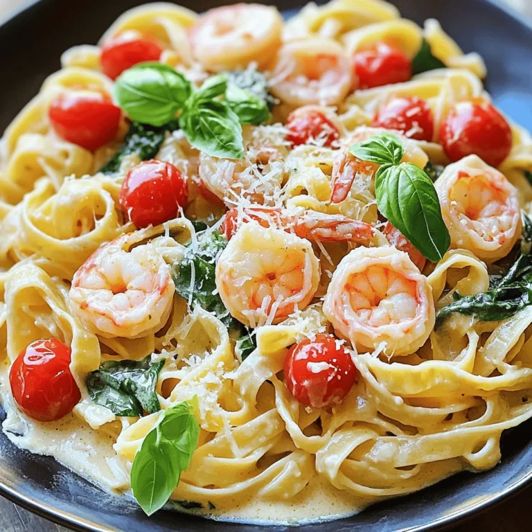 To create Creamy Tuscan Shrimp Pasta, gather the following ingredients: - 8 oz (225g) fettuccine pasta - 1 lb (450g) shrimp, peeled and deveined - 2 tablespoons extra virgin olive oil - 3 cloves garlic, finely minced - 1 cup cherry tomatoes, halved - 1 cup fresh baby spinach - 1 cup heavy cream - ½ cup freshly grated Parmesan cheese - 1 teaspoon Italian seasoning blend - Sea salt and freshly cracked black pepper to taste - Fresh basil leaves, torn, for garnish - Optional: additional Parmesan for serving If you lack some ingredients, here are some easy swaps: - Instead of fettuccine, use spaghetti or penne. - For shrimp, chicken or scallops work well. - Use light cream or half-and-half as a lighter option. - Replace fresh basil with dried basil or parsley if needed. - If you don’t have cherry tomatoes, chopped regular tomatoes will do. Fresh herbs add vibrant flavor and aroma to your dish. They brighten up the creamy sauce. Fresh basil, in particular, offers a sweet and grassy note. Dried herbs, though handy, have a more concentrated taste. Use less of them since they can overpower. If using dried herbs, add them earlier in the cooking process to allow their flavors to release. Both forms can enhance your dish, but I always prefer fresh herbs when possible. They make the dish feel special and fresh, which matches the comfort this pasta brings. To start, bring a large pot of salted water to a boil. Use about 4-6 quarts of water. Once boiling, add 8 oz of fettuccine pasta. Cook it until al dente, which is usually 8-10 minutes. This means the pasta should be firm yet tender. After cooking, save ½ cup of the pasta water. Drain the pasta and set it aside in a large bowl. This step is vital for a great meal. Next, take a sizable skillet and heat 2 tablespoons of extra virgin olive oil over medium heat. Once the oil is hot, add 1 lb of shrimp in a single layer. Season them with sea salt and freshly cracked black pepper. Cook the shrimp for about 2-3 minutes on each side. They should turn pink and opaque when done. After cooking, remove the shrimp from the skillet and place them on a plate. Keep this skillet handy; we will use it again for the sauce. In the same skillet, lower the heat to medium-low. Add 3 cloves of minced garlic and sauté for around 30 seconds. Be careful not to burn the garlic; you want it fragrant, not brown. Then, add 1 cup of halved cherry tomatoes and cook for 3-4 minutes, until they soften and start to burst. Next, stir in 1 cup of fresh baby spinach. Cook for another 1-2 minutes until the spinach wilts. Now pour in 1 cup of heavy cream and mix in ½ cup of freshly grated Parmesan cheese. Stir until the cheese melts and the sauce becomes creamy. Add 1 teaspoon of Italian seasoning and season with more salt and pepper to taste. This sauce is where all the magic happens! Once your sauce is ready, it's time to combine everything. To get the best pasta, cook it al dente. This means it should be firm but not hard. Follow the package time for cooking. Usually, this is about 8 to 10 minutes. Don't forget to salt your water! It should taste like the sea. Save some pasta water before draining. This water can help make your sauce creamy and smooth. Use fresh ingredients for the best taste. Fresh garlic adds a strong flavor. Cherry tomatoes burst with sweetness when cooked. The heavy cream gives a nice richness. Don't skip the Parmesan cheese! It adds depth. Italian seasoning blends bring all the flavors together. Season your dish with sea salt and black pepper for balance. Taste as you go to find what you like best. When you plate your pasta, be creative! Twirl the fettuccine into a nest in the center. This makes it look fancy. Add shrimp on top and drizzle with sauce. Garnish with fresh basil leaves for color and aroma. A sprinkle of extra Parmesan on top adds a nice touch. For a fun twist, serve with a side of garlic bread or a fresh salad. Enjoy your meal! {{image_4}} You can make Creamy Tuscan Shrimp Pasta even better by adding vegetables. Try bell peppers for a sweet crunch. Zucchini brings a mild flavor and a nice texture. You can also add mushrooms for an earthy taste. Just sauté them in the pan with the shrimp. Spinach is great, but you can also use kale or arugula. They will add color and nutrients. If you want to change the protein, shrimp is not your only option. Chicken breast is a great substitute. Cook it in the same way as the shrimp. You can also use scallops or even tofu for a vegetarian twist. Each option gives a new taste to the dish. Feel free to mix in your favorite protein. For gluten-free Creamy Tuscan Shrimp Pasta, swap the fettuccine with gluten-free pasta. There are many brands that taste great and cook well. Another idea is to use zucchini noodles or spaghetti squash. These options keep the dish light and fresh. They also add a fun twist to the meal. Store your creamy Tuscan shrimp pasta in an airtight container. Make sure it cools to room temperature first. Place it in the fridge for up to three days. Keeping it stored properly helps maintain its taste and texture. To reheat, use a skillet over medium heat. Add a splash of water or cream to help revive the sauce. Stir gently until heated through. You can also use a microwave. Heat it in a microwave-safe dish, covered, for about two minutes. Stir halfway to ensure even heating. If you want to freeze this dish, keep in mind the shrimp may change texture. Place the pasta in a freezer-safe container. Make sure to leave some space for expansion. It can last for up to three months. Thaw overnight in the fridge before reheating. Yes, you can use frozen shrimp. First, thaw the shrimp in cold water for about 15-20 minutes. Peel and devein them if needed. Pat them dry before cooking. This will help them cook evenly and not steam in the pan. This dish pairs well with several sides. Here are some ideas: - Garlic bread to soak up the sauce. - A fresh green salad with light dressing for crunch. - Steamed vegetables like broccoli or asparagus for color. - A glass of white wine like Pinot Grigio for a perfect match. To spice it up, you can add: - A pinch of red pepper flakes while cooking the sauce. - A dash of hot sauce to the creamy mixture. - Minced jalapeños for a fresh kick. Adjust the amount based on your heat preference. Enjoy the heat! This blog post detailed how to make Creamy Tuscan Shrimp Pasta. We covered ingredients, cooking steps, and storage tips. I shared ideas for substitutions and variations to suit your needs. You learned about perfect pasta texture and how to serve it well. Use these insights to create a delicious dish. Embrace your cooking skills and enjoy the journey. Your meal will impress everyone at the table. Now, gather your ingredients and start cooking!
