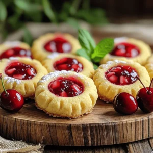 - 1 cup unsalted butter, softened to room temperature - 1/2 cup granulated sugar - 1/2 cup brown sugar, packed tightly - 1 large egg yolk - 1 teaspoon pure vanilla extract - 2 1/4 cups all-purpose flour - 1/4 teaspoon fine salt - 1 cup cherry pie filling - 1/2 cup chopped pecans (optional) - Powdered sugar for dusting When making Cherry Pie Thumbprint Cookies, each ingredient plays a key role. The butter gives the cookies a rich flavor. Both sugars add sweetness and help with texture. The egg yolk adds moisture and helps bind the dough. Vanilla extract brings warmth and depth. Flour is the base of the dough, allowing it to hold its shape. Salt enhances the taste, balancing the sweetness. Cherry pie filling is the star, bringing fruity goodness. Chopped pecans add crunch, but they are optional if you prefer. Finally, powdered sugar adds a lovely finish. Using high-quality ingredients makes a big difference. Choose fresh cherries for homemade filling or a good brand if store-bought. Each bite should be a mix of buttery dough, sweet cherries, and a hint of crunch. Enjoy the process, and let your creativity shine! - Preheat your oven to 350°F (175°C). - In a large bowl, combine 1 cup of softened unsalted butter, 1/2 cup of granulated sugar, and 1/2 cup of packed brown sugar. Mix these together until they are light and fluffy. This takes about 2 to 3 minutes. - Next, add 1 large egg yolk and 1 teaspoon of pure vanilla extract to the mixture. Stir until fully combined. - Gradually add in 2 1/4 cups of all-purpose flour and 1/4 teaspoon of fine salt. Mix on low speed until your dough is soft. If you want a crunchy bite, gently fold in 1/2 cup of chopped pecans. - Roll the dough into small balls, about 1 inch wide. Place them on a baking sheet lined with parchment paper, leaving about 2 inches between each ball. - Use your thumb or a small spoon to make a slight indentation in the center of each ball. Be gentle but firm. - Spoon about 1/2 teaspoon of cherry pie filling into each indentation. Make sure the filling sits just above the dough surface. - Bake the cookies in your preheated oven for 15 to 18 minutes. Watch them closely so they don’t over-bake. The edges should look lightly golden brown. - Once done, take them out and let them cool on the baking sheet for 5 minutes. Then, transfer to a wire rack to cool completely. This step keeps them from getting soggy. - After they cool, dust the cookies with powdered sugar for a sweet touch and lovely look. - Place cookies at least 2 inches apart on the baking sheet. This space helps them spread evenly. - Watch the baking time closely. Bake for 15-18 minutes or until the edges turn golden. Over-baking can lead to dry cookies. - Use fresh butter and eggs for the best taste. Fresh ingredients make a big difference! - Add a pinch of cinnamon or nutmeg for a unique twist. These spices can give your cookies a warm flavor. - Arrange cookies nicely on a pretty platter. You can add fresh cherries or mint leaves around them for a pop of color. - Dust cookies with powdered sugar. This simple step makes them look extra special and adds a touch of sweetness. {{image_4}} You can change the cherry filling to other fruit fillings. Try raspberry, strawberry, or blueberry for a new taste. Each one brings its own fun flavor. You can also mix nuts. Instead of pecans, use walnuts or almonds. This adds a nice crunch and different taste. If you need a gluten-free option, use almond flour or coconut flour. Both work well and keep the cookies soft. For a vegan treat, replace the butter with coconut oil and the egg with applesauce. This keeps the cookies tasty while meeting dietary needs. For a special touch, dip the cookies in melted chocolate. This makes them look fancy and taste amazing. You can also add colored sprinkles for holidays or parties. This makes the cookies fun and festive, perfect for any occasion. Store your Cherry Pie Thumbprint Cookies in an airtight container. This keeps them fresh and tasty. If you keep them at room temperature, they stay soft for about a week. For longer freshness, you can store them in the fridge. Just make sure they are in a container to avoid drying out. You can freeze unbaked cookie dough. To do this, roll the dough into balls. Place them on a baking sheet and freeze until solid. Then, transfer the balls to a freezer-safe bag. You can bake them straight from frozen. Just add a couple of extra minutes to the baking time. Thawing is easy too. Take the dough out of the freezer and let it sit for 10-15 minutes. Then, create the indentations and fill them with cherry pie filling before baking. This way, you can enjoy fresh cookies anytime! Store your cookies in an airtight container. This keeps them fresh for up to one week. If you want to keep them longer, you can freeze them. To freeze, place cookies in a single layer in a freezer bag. They can last up to three months in the freezer. When ready to eat, thaw them at room temperature. Yes, you can make the dough ahead of time. Store it in the fridge for up to two days. You can also freeze the dough if you want to prepare it weeks in advance. To freeze, wrap it tightly in plastic wrap. When you're ready, thaw it in the fridge overnight before baking. You can use different fruit fillings like blueberry, raspberry, or even apple. If you want something unique, try a lemon curd or chocolate ganache. These options add different flavors while keeping the thumbprint style. Absolutely! Just skip the chopped pecans if you have a nut allergy or don’t prefer them. The cookies will still taste great without them. You can also add a bit of extra flour to keep the dough balanced if needed. You’ve learned how to make delicious Cherry Pie Thumbprint Cookies. We covered the key ingredients, step-by-step instructions, and helpful tips to get the best results. Remember, you can try different flavors and adjust for dietary needs. Storing and freezing options also help keep your treats fresh. I hope you feel inspired to bake these cookies. Enjoy the process, and share your tasty creations with friends and family!