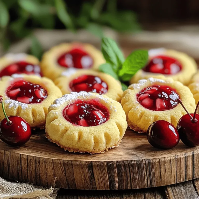 - 1 cup unsalted butter, softened to room temperature - 1/2 cup granulated sugar - 1/2 cup brown sugar, packed tightly - 1 large egg yolk - 1 teaspoon pure vanilla extract - 2 1/4 cups all-purpose flour - 1/4 teaspoon fine salt - 1 cup cherry pie filling - 1/2 cup chopped pecans (optional) - Powdered sugar for dusting When making Cherry Pie Thumbprint Cookies, each ingredient plays a key role. The butter gives the cookies a rich flavor. Both sugars add sweetness and help with texture. The egg yolk adds moisture and helps bind the dough. Vanilla extract brings warmth and depth. Flour is the base of the dough, allowing it to hold its shape. Salt enhances the taste, balancing the sweetness. Cherry pie filling is the star, bringing fruity goodness. Chopped pecans add crunch, but they are optional if you prefer. Finally, powdered sugar adds a lovely finish. Using high-quality ingredients makes a big difference. Choose fresh cherries for homemade filling or a good brand if store-bought. Each bite should be a mix of buttery dough, sweet cherries, and a hint of crunch. Enjoy the process, and let your creativity shine! - Preheat your oven to 350°F (175°C). - In a large bowl, combine 1 cup of softened unsalted butter, 1/2 cup of granulated sugar, and 1/2 cup of packed brown sugar. Mix these together until they are light and fluffy. This takes about 2 to 3 minutes. - Next, add 1 large egg yolk and 1 teaspoon of pure vanilla extract to the mixture. Stir until fully combined. - Gradually add in 2 1/4 cups of all-purpose flour and 1/4 teaspoon of fine salt. Mix on low speed until your dough is soft. If you want a crunchy bite, gently fold in 1/2 cup of chopped pecans. - Roll the dough into small balls, about 1 inch wide. Place them on a baking sheet lined with parchment paper, leaving about 2 inches between each ball. - Use your thumb or a small spoon to make a slight indentation in the center of each ball. Be gentle but firm. - Spoon about 1/2 teaspoon of cherry pie filling into each indentation. Make sure the filling sits just above the dough surface. - Bake the cookies in your preheated oven for 15 to 18 minutes. Watch them closely so they don’t over-bake. The edges should look lightly golden brown. - Once done, take them out and let them cool on the baking sheet for 5 minutes. Then, transfer to a wire rack to cool completely. This step keeps them from getting soggy. - After they cool, dust the cookies with powdered sugar for a sweet touch and lovely look. - Place cookies at least 2 inches apart on the baking sheet. This space helps them spread evenly. - Watch the baking time closely. Bake for 15-18 minutes or until the edges turn golden. Over-baking can lead to dry cookies. - Use fresh butter and eggs for the best taste. Fresh ingredients make a big difference! - Add a pinch of cinnamon or nutmeg for a unique twist. These spices can give your cookies a warm flavor. - Arrange cookies nicely on a pretty platter. You can add fresh cherries or mint leaves around them for a pop of color. - Dust cookies with powdered sugar. This simple step makes them look extra special and adds a touch of sweetness. {{image_4}} You can change the cherry filling to other fruit fillings. Try raspberry, strawberry, or blueberry for a new taste. Each one brings its own fun flavor. You can also mix nuts. Instead of pecans, use walnuts or almonds. This adds a nice crunch and different taste. If you need a gluten-free option, use almond flour or coconut flour. Both work well and keep the cookies soft. For a vegan treat, replace the butter with coconut oil and the egg with applesauce. This keeps the cookies tasty while meeting dietary needs. For a special touch, dip the cookies in melted chocolate. This makes them look fancy and taste amazing. You can also add colored sprinkles for holidays or parties. This makes the cookies fun and festive, perfect for any occasion. Store your Cherry Pie Thumbprint Cookies in an airtight container. This keeps them fresh and tasty. If you keep them at room temperature, they stay soft for about a week. For longer freshness, you can store them in the fridge. Just make sure they are in a container to avoid drying out. You can freeze unbaked cookie dough. To do this, roll the dough into balls. Place them on a baking sheet and freeze until solid. Then, transfer the balls to a freezer-safe bag. You can bake them straight from frozen. Just add a couple of extra minutes to the baking time. Thawing is easy too. Take the dough out of the freezer and let it sit for 10-15 minutes. Then, create the indentations and fill them with cherry pie filling before baking. This way, you can enjoy fresh cookies anytime! Store your cookies in an airtight container. This keeps them fresh for up to one week. If you want to keep them longer, you can freeze them. To freeze, place cookies in a single layer in a freezer bag. They can last up to three months in the freezer. When ready to eat, thaw them at room temperature. Yes, you can make the dough ahead of time. Store it in the fridge for up to two days. You can also freeze the dough if you want to prepare it weeks in advance. To freeze, wrap it tightly in plastic wrap. When you're ready, thaw it in the fridge overnight before baking. You can use different fruit fillings like blueberry, raspberry, or even apple. If you want something unique, try a lemon curd or chocolate ganache. These options add different flavors while keeping the thumbprint style. Absolutely! Just skip the chopped pecans if you have a nut allergy or don’t prefer them. The cookies will still taste great without them. You can also add a bit of extra flour to keep the dough balanced if needed. You’ve learned how to make delicious Cherry Pie Thumbprint Cookies. We covered the key ingredients, step-by-step instructions, and helpful tips to get the best results. Remember, you can try different flavors and adjust for dietary needs. Storing and freezing options also help keep your treats fresh. I hope you feel inspired to bake these cookies. Enjoy the process, and share your tasty creations with friends and family!