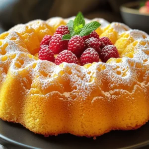 When making a Lemon Raspberry Bundt Cake, you need fresh and simple ingredients. Here is the list you'll need: - 2 cups all-purpose flour - 1 ½ teaspoons baking powder - ½ teaspoon baking soda - ½ teaspoon salt - ¾ cup unsalted butter, softened to room temperature - 1 ½ cups granulated sugar - 3 large eggs, at room temperature - 1 tablespoon freshly grated lemon zest - 1 teaspoon pure vanilla extract - 1 cup buttermilk, at room temperature - 1 cup fresh raspberries, rinsed and patted dry - 1 tablespoon fresh lemon juice Each ingredient plays a key role in creating a moist and tasty cake. The butter adds richness, while the sugar brings sweetness. The lemon zest and juice give that bright flavor. The raspberries add a burst of tartness and color. Using fresh ingredients, especially the raspberries, makes a big difference. Make sure your butter and eggs are at room temperature. This helps them blend better. The buttermilk adds a nice tang and keeps the cake moist. You can easily find all these ingredients at your local store. With everything ready, you're set for a wonderful baking adventure! 1. Preheat your oven to 350°F (175°C). This step is key for even baking. 2. Grease and flour a 10-cup Bundt pan. This helps the cake slide out easily. 3. In a medium bowl, whisk together the dry ingredients. Combine 2 cups of flour, 1 ½ teaspoons of baking powder, ½ teaspoon of baking soda, and ½ teaspoon of salt. This mixture sets the base for your cake. 1. In a large bowl, beat ¾ cup of softened butter and 1 ½ cups of sugar. Use an electric mixer on medium speed. Mix until fluffy, about 3-4 minutes. 2. Add 3 large eggs, one at a time, to the butter mixture. Mix after each egg. Next, stir in 1 tablespoon of lemon zest and 1 teaspoon of pure vanilla extract. This adds flavor and a nice aroma. 3. Gradually mix in the flour mixture and 1 cup of buttermilk. Start with one-third of the flour, then half of the buttermilk. Repeat until all ingredients are combined. Remember, stop mixing when you see a few flour streaks. 4. Gently fold in 1 cup of fresh raspberries and 1 tablespoon of lemon juice. Be careful not to break the raspberries; we want them whole in the cake. 5. Pour the batter into your prepared Bundt pan. Spread it evenly and tap the pan to release air bubbles. 6. Bake for 45-50 minutes. Check with a toothpick; it should come out clean when the cake is done. 1. Let the cake cool in the Bundt pan for 10-15 minutes. This helps it firm up. 2. Carefully invert the pan onto a wire rack. Let the cake cool completely. This step is vital for a perfect shape. 3. Once cool, dust the top lightly with powdered sugar. For a pop of color, add fresh raspberries and a sprig of mint. This makes your cake look great and taste even better! - For a good rise, use room temperature ingredients. - Grease and flour the Bundt pan well. This stops sticking. - To stop raspberries from sinking, toss them in flour before folding. - Try adding orange or lime zest for more citrus flavor. - Use black raspberries or golden raspberries for a twist. - Do not overmix the batter; mix until just combined. - Test doneness by using a toothpick. It should come out clean. {{image_4}} I love to play with flavors. Here are two fun options: - Lemon Blueberry Bundt Cake: Swap fresh raspberries for blueberries. Use the same amount. The sweet blueberries mix well with the tart lemon. It’s a crowd-pleaser! - Vanilla Almond Raspberry Bundt Cake: Add 1 teaspoon of almond extract instead of vanilla. This gives a nice twist. The almond flavor pairs well with the raspberries. You’ll enjoy this unique blend. You can adjust this recipe for special diets: - Gluten-free version of Lemon Raspberry Bundt Cake: Use a gluten-free flour blend. Make sure it includes xanthan gum. This will help your cake rise and stay fluffy. - Vegan substitutes for eggs and dairy: For eggs, replace each with ¼ cup unsweetened applesauce or a flax egg. For buttermilk, use almond milk mixed with vinegar. This will keep your cake moist. Serving ideas make your cake even better: - Pairing with whipped cream or ice cream: A dollop of whipped cream or a scoop of vanilla ice cream works great. It adds richness and balance to the tartness. - Serving with a lemon glaze: A simple lemon glaze can elevate your cake. Mix powdered sugar with lemon juice until smooth. Drizzle it over the cooled cake for a zesty finish. To keep your Lemon Raspberry Bundt Cake fresh, store it at room temperature. Place it in a cake dome or on a plate. Cover it with plastic wrap or a clean kitchen towel to prevent drying. This keeps it soft and moist for about three days. If you have leftover cake, freezing is a great option. Wrap the Bundt cake tightly in plastic wrap and then in aluminum foil. This helps avoid freezer burn. You can freeze it for up to three months. To enjoy it later, let the cake thaw in the fridge overnight. If you want to serve it warm, pop it in the oven at 350°F (175°C) for about 10-15 minutes. To tell if your cake has gone bad, check for mold or an off smell. If it feels dry or hard, it’s time to toss it. To maintain flavor and texture, keep it covered when not in use. Enjoy your cake while it’s fresh for the best taste! To check if your cake is ready, use a toothpick. Insert it into the center of the cake. If it comes out clean, the cake is done. You can also look for a golden-brown color on the top and sides. The cake should spring back when you gently press it. If it leaves an imprint, it needs more time to bake. Yes, you can use frozen raspberries. Just make sure to thaw and drain them first. This helps avoid extra moisture in your cake. Frozen berries may break apart more easily than fresh ones. Gently fold them into the batter to keep their shape. If you use fresh raspberries, wash and pat them dry to ensure they stay intact. Making a simple lemon glaze is easy. Mix 1 cup of powdered sugar with 2 tablespoons of fresh lemon juice. Stir until smooth. If it's too thick, add a bit more lemon juice. Drizzle the glaze over the cooled cake for a nice finish. Use a spoon or a small pitcher for even coverage. It adds a sweet and tangy flavor that pairs perfectly with the cake. In this guide, we explored how to make a Lemon Raspberry Bundt Cake. You learned the ingredients you need, the steps to prepare the batter, and tips to avoid common mistakes. We also discussed various flavor options, storage methods, and answers to frequently asked questions. Baking can be fun and rewarding. With these tips and tricks, you can create a delicious cake that impresses everyone. Enjoy the process and share your tasty results with family and friends.