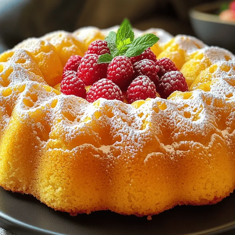 When making a Lemon Raspberry Bundt Cake, you need fresh and simple ingredients. Here is the list you'll need: - 2 cups all-purpose flour - 1 ½ teaspoons baking powder - ½ teaspoon baking soda - ½ teaspoon salt - ¾ cup unsalted butter, softened to room temperature - 1 ½ cups granulated sugar - 3 large eggs, at room temperature - 1 tablespoon freshly grated lemon zest - 1 teaspoon pure vanilla extract - 1 cup buttermilk, at room temperature - 1 cup fresh raspberries, rinsed and patted dry - 1 tablespoon fresh lemon juice Each ingredient plays a key role in creating a moist and tasty cake. The butter adds richness, while the sugar brings sweetness. The lemon zest and juice give that bright flavor. The raspberries add a burst of tartness and color. Using fresh ingredients, especially the raspberries, makes a big difference. Make sure your butter and eggs are at room temperature. This helps them blend better. The buttermilk adds a nice tang and keeps the cake moist. You can easily find all these ingredients at your local store. With everything ready, you're set for a wonderful baking adventure! 1. Preheat your oven to 350°F (175°C). This step is key for even baking. 2. Grease and flour a 10-cup Bundt pan. This helps the cake slide out easily. 3. In a medium bowl, whisk together the dry ingredients. Combine 2 cups of flour, 1 ½ teaspoons of baking powder, ½ teaspoon of baking soda, and ½ teaspoon of salt. This mixture sets the base for your cake. 1. In a large bowl, beat ¾ cup of softened butter and 1 ½ cups of sugar. Use an electric mixer on medium speed. Mix until fluffy, about 3-4 minutes. 2. Add 3 large eggs, one at a time, to the butter mixture. Mix after each egg. Next, stir in 1 tablespoon of lemon zest and 1 teaspoon of pure vanilla extract. This adds flavor and a nice aroma. 3. Gradually mix in the flour mixture and 1 cup of buttermilk. Start with one-third of the flour, then half of the buttermilk. Repeat until all ingredients are combined. Remember, stop mixing when you see a few flour streaks. 4. Gently fold in 1 cup of fresh raspberries and 1 tablespoon of lemon juice. Be careful not to break the raspberries; we want them whole in the cake. 5. Pour the batter into your prepared Bundt pan. Spread it evenly and tap the pan to release air bubbles. 6. Bake for 45-50 minutes. Check with a toothpick; it should come out clean when the cake is done. 1. Let the cake cool in the Bundt pan for 10-15 minutes. This helps it firm up. 2. Carefully invert the pan onto a wire rack. Let the cake cool completely. This step is vital for a perfect shape. 3. Once cool, dust the top lightly with powdered sugar. For a pop of color, add fresh raspberries and a sprig of mint. This makes your cake look great and taste even better! - For a good rise, use room temperature ingredients. - Grease and flour the Bundt pan well. This stops sticking. - To stop raspberries from sinking, toss them in flour before folding. - Try adding orange or lime zest for more citrus flavor. - Use black raspberries or golden raspberries for a twist. - Do not overmix the batter; mix until just combined. - Test doneness by using a toothpick. It should come out clean. {{image_4}} I love to play with flavors. Here are two fun options: - Lemon Blueberry Bundt Cake: Swap fresh raspberries for blueberries. Use the same amount. The sweet blueberries mix well with the tart lemon. It’s a crowd-pleaser! - Vanilla Almond Raspberry Bundt Cake: Add 1 teaspoon of almond extract instead of vanilla. This gives a nice twist. The almond flavor pairs well with the raspberries. You’ll enjoy this unique blend. You can adjust this recipe for special diets: - Gluten-free version of Lemon Raspberry Bundt Cake: Use a gluten-free flour blend. Make sure it includes xanthan gum. This will help your cake rise and stay fluffy. - Vegan substitutes for eggs and dairy: For eggs, replace each with ¼ cup unsweetened applesauce or a flax egg. For buttermilk, use almond milk mixed with vinegar. This will keep your cake moist. Serving ideas make your cake even better: - Pairing with whipped cream or ice cream: A dollop of whipped cream or a scoop of vanilla ice cream works great. It adds richness and balance to the tartness. - Serving with a lemon glaze: A simple lemon glaze can elevate your cake. Mix powdered sugar with lemon juice until smooth. Drizzle it over the cooled cake for a zesty finish. To keep your Lemon Raspberry Bundt Cake fresh, store it at room temperature. Place it in a cake dome or on a plate. Cover it with plastic wrap or a clean kitchen towel to prevent drying. This keeps it soft and moist for about three days. If you have leftover cake, freezing is a great option. Wrap the Bundt cake tightly in plastic wrap and then in aluminum foil. This helps avoid freezer burn. You can freeze it for up to three months. To enjoy it later, let the cake thaw in the fridge overnight. If you want to serve it warm, pop it in the oven at 350°F (175°C) for about 10-15 minutes. To tell if your cake has gone bad, check for mold or an off smell. If it feels dry or hard, it’s time to toss it. To maintain flavor and texture, keep it covered when not in use. Enjoy your cake while it’s fresh for the best taste! To check if your cake is ready, use a toothpick. Insert it into the center of the cake. If it comes out clean, the cake is done. You can also look for a golden-brown color on the top and sides. The cake should spring back when you gently press it. If it leaves an imprint, it needs more time to bake. Yes, you can use frozen raspberries. Just make sure to thaw and drain them first. This helps avoid extra moisture in your cake. Frozen berries may break apart more easily than fresh ones. Gently fold them into the batter to keep their shape. If you use fresh raspberries, wash and pat them dry to ensure they stay intact. Making a simple lemon glaze is easy. Mix 1 cup of powdered sugar with 2 tablespoons of fresh lemon juice. Stir until smooth. If it's too thick, add a bit more lemon juice. Drizzle the glaze over the cooled cake for a nice finish. Use a spoon or a small pitcher for even coverage. It adds a sweet and tangy flavor that pairs perfectly with the cake. In this guide, we explored how to make a Lemon Raspberry Bundt Cake. You learned the ingredients you need, the steps to prepare the batter, and tips to avoid common mistakes. We also discussed various flavor options, storage methods, and answers to frequently asked questions. Baking can be fun and rewarding. With these tips and tricks, you can create a delicious cake that impresses everyone. Enjoy the process and share your tasty results with family and friends.