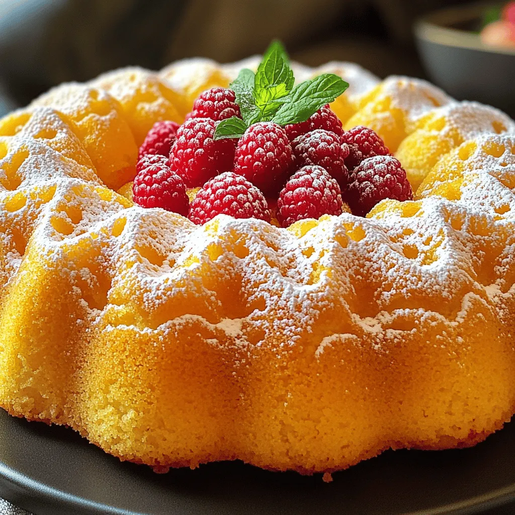 When making a Lemon Raspberry Bundt Cake, you need fresh and simple ingredients. Here is the list you'll need: - 2 cups all-purpose flour - 1 ½ teaspoons baking powder - ½ teaspoon baking soda - ½ teaspoon salt - ¾ cup unsalted butter, softened to room temperature - 1 ½ cups granulated sugar - 3 large eggs, at room temperature - 1 tablespoon freshly grated lemon zest - 1 teaspoon pure vanilla extract - 1 cup buttermilk, at room temperature - 1 cup fresh raspberries, rinsed and patted dry - 1 tablespoon fresh lemon juice Each ingredient plays a key role in creating a moist and tasty cake. The butter adds richness, while the sugar brings sweetness. The lemon zest and juice give that bright flavor. The raspberries add a burst of tartness and color. Using fresh ingredients, especially the raspberries, makes a big difference. Make sure your butter and eggs are at room temperature. This helps them blend better. The buttermilk adds a nice tang and keeps the cake moist. You can easily find all these ingredients at your local store. With everything ready, you're set for a wonderful baking adventure! 1. Preheat your oven to 350°F (175°C). This step is key for even baking. 2. Grease and flour a 10-cup Bundt pan. This helps the cake slide out easily. 3. In a medium bowl, whisk together the dry ingredients. Combine 2 cups of flour, 1 ½ teaspoons of baking powder, ½ teaspoon of baking soda, and ½ teaspoon of salt. This mixture sets the base for your cake. 1. In a large bowl, beat ¾ cup of softened butter and 1 ½ cups of sugar. Use an electric mixer on medium speed. Mix until fluffy, about 3-4 minutes. 2. Add 3 large eggs, one at a time, to the butter mixture. Mix after each egg. Next, stir in 1 tablespoon of lemon zest and 1 teaspoon of pure vanilla extract. This adds flavor and a nice aroma. 3. Gradually mix in the flour mixture and 1 cup of buttermilk. Start with one-third of the flour, then half of the buttermilk. Repeat until all ingredients are combined. Remember, stop mixing when you see a few flour streaks. 4. Gently fold in 1 cup of fresh raspberries and 1 tablespoon of lemon juice. Be careful not to break the raspberries; we want them whole in the cake. 5. Pour the batter into your prepared Bundt pan. Spread it evenly and tap the pan to release air bubbles. 6. Bake for 45-50 minutes. Check with a toothpick; it should come out clean when the cake is done. 1. Let the cake cool in the Bundt pan for 10-15 minutes. This helps it firm up. 2. Carefully invert the pan onto a wire rack. Let the cake cool completely. This step is vital for a perfect shape. 3. Once cool, dust the top lightly with powdered sugar. For a pop of color, add fresh raspberries and a sprig of mint. This makes your cake look great and taste even better! - For a good rise, use room temperature ingredients. - Grease and flour the Bundt pan well. This stops sticking. - To stop raspberries from sinking, toss them in flour before folding. - Try adding orange or lime zest for more citrus flavor. - Use black raspberries or golden raspberries for a twist. - Do not overmix the batter; mix until just combined. - Test doneness by using a toothpick. It should come out clean. {{image_4}} I love to play with flavors. Here are two fun options: - Lemon Blueberry Bundt Cake: Swap fresh raspberries for blueberries. Use the same amount. The sweet blueberries mix well with the tart lemon. It’s a crowd-pleaser! - Vanilla Almond Raspberry Bundt Cake: Add 1 teaspoon of almond extract instead of vanilla. This gives a nice twist. The almond flavor pairs well with the raspberries. You’ll enjoy this unique blend. You can adjust this recipe for special diets: - Gluten-free version of Lemon Raspberry Bundt Cake: Use a gluten-free flour blend. Make sure it includes xanthan gum. This will help your cake rise and stay fluffy. - Vegan substitutes for eggs and dairy: For eggs, replace each with ¼ cup unsweetened applesauce or a flax egg. For buttermilk, use almond milk mixed with vinegar. This will keep your cake moist. Serving ideas make your cake even better: - Pairing with whipped cream or ice cream: A dollop of whipped cream or a scoop of vanilla ice cream works great. It adds richness and balance to the tartness. - Serving with a lemon glaze: A simple lemon glaze can elevate your cake. Mix powdered sugar with lemon juice until smooth. Drizzle it over the cooled cake for a zesty finish. To keep your Lemon Raspberry Bundt Cake fresh, store it at room temperature. Place it in a cake dome or on a plate. Cover it with plastic wrap or a clean kitchen towel to prevent drying. This keeps it soft and moist for about three days. If you have leftover cake, freezing is a great option. Wrap the Bundt cake tightly in plastic wrap and then in aluminum foil. This helps avoid freezer burn. You can freeze it for up to three months. To enjoy it later, let the cake thaw in the fridge overnight. If you want to serve it warm, pop it in the oven at 350°F (175°C) for about 10-15 minutes. To tell if your cake has gone bad, check for mold or an off smell. If it feels dry or hard, it’s time to toss it. To maintain flavor and texture, keep it covered when not in use. Enjoy your cake while it’s fresh for the best taste! To check if your cake is ready, use a toothpick. Insert it into the center of the cake. If it comes out clean, the cake is done. You can also look for a golden-brown color on the top and sides. The cake should spring back when you gently press it. If it leaves an imprint, it needs more time to bake. Yes, you can use frozen raspberries. Just make sure to thaw and drain them first. This helps avoid extra moisture in your cake. Frozen berries may break apart more easily than fresh ones. Gently fold them into the batter to keep their shape. If you use fresh raspberries, wash and pat them dry to ensure they stay intact. Making a simple lemon glaze is easy. Mix 1 cup of powdered sugar with 2 tablespoons of fresh lemon juice. Stir until smooth. If it's too thick, add a bit more lemon juice. Drizzle the glaze over the cooled cake for a nice finish. Use a spoon or a small pitcher for even coverage. It adds a sweet and tangy flavor that pairs perfectly with the cake. In this guide, we explored how to make a Lemon Raspberry Bundt Cake. You learned the ingredients you need, the steps to prepare the batter, and tips to avoid common mistakes. We also discussed various flavor options, storage methods, and answers to frequently asked questions. Baking can be fun and rewarding. With these tips and tricks, you can create a delicious cake that impresses everyone. Enjoy the process and share your tasty results with family and friends.
