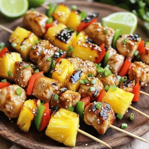 To make Teriyaki Chicken Pineapple Skewers, you need the right ingredients. Here is a list of what you'll need: - 1 lb boneless, skinless chicken breasts, cut into 1-inch cubes - 1 cup fresh pineapple, cut into 1-inch cubes - 1 bell pepper (choose red, yellow, or green), cut into 1-inch pieces - 1 small red onion, cut into wedges - 1/4 cup low-sodium soy sauce - 2 tablespoons honey or maple syrup - 1 tablespoon rice vinegar - 2 teaspoons fresh ginger, grated - 2 cloves garlic, minced - 1 teaspoon sesame oil - Salt and pepper to taste - Skewers (wooden or metal; if using wooden, soak them in water for at least 30 minutes) These ingredients come together to create a tasty meal. The chicken offers a great protein base. Pineapple adds natural sweetness and juiciness. The bell pepper and onion bring color and crunch. The marinade gives everything a rich flavor. Using fresh ingredients can make a big difference in taste. I recommend choosing ripe pineapple for the best flavor. The colors of the bell pepper can also enhance the look of your dish. Enjoy the process of gathering your ingredients; it sets the stage for a fun cooking experience! - Preparing the marinade: In a bowl, mix 1/4 cup soy sauce, 2 tablespoons honey or maple syrup, 1 tablespoon rice vinegar, 2 teaspoons grated ginger, 2 minced garlic cloves, and 1 teaspoon sesame oil. Whisk until smooth. - Combining chicken and marinade: Cut 1 pound of chicken into 1-inch cubes. Add the chicken to the bowl and stir well to coat each piece. - Recommended marinating time: Cover the bowl with plastic wrap and let it sit in the fridge for at least 30 minutes. For great flavor, you can marinate it for up to 2 hours. - Choosing and preparing skewers: Use wooden or metal skewers. If using wooden skewers, soak them in water for at least 30 minutes. This helps prevent burning. - Alternating chicken and veggies on skewers: Thread the marinated chicken onto the skewers. Alternate pieces of fresh pineapple, bell pepper, and red onion. Leave space between each piece for even cooking. - Preheating the grill: Heat your grill or grill pan to medium-high. This ensures a nice sear on the skewers. - Grilling the skewers: Place the skewers on the grill. Cook for about 12-15 minutes. Turn them often for even cooking and nice grill marks. - Tips for checking doneness: Use a meat thermometer to check the chicken. It should reach an internal temperature of 165°F (75°C). If you have extra marinade, brush it on in the last few minutes for more flavor. After grilling, let the skewers rest for a few minutes before serving. To boost flavor, try adding fresh herbs like cilantro or basil. A squeeze of lime juice can also brighten the dish. Use fresh pineapple for the best taste. Fresh pineapple adds sweetness and tang that canned pineapple can’t match. Canned pineapple may be softer and less vibrant in flavor. Use medium-high heat for grilling skewers. This heat cooks the chicken well while browning it nicely. To prevent sticking, oil the grill grates lightly. You can also brush the skewers with oil before grilling. Make sure to turn them often for even cooking. For a beautiful presentation, arrange the skewers on a large platter. Garnish with chopped green onions and sesame seeds for color. Serve lime wedges on the side for an extra zesty kick. Pair these skewers with rice or a fresh salad for a complete meal. {{image_4}} If you want to switch things up, try using shrimp or tofu. Shrimp cooks quickly and adds a nice touch. Tofu absorbs flavors well, making it a great choice for vegetarians. You can also explore other meats like pork or beef. They both pair nicely with the sweet teriyaki sauce. Each option brings its own unique flavor to the skewers. You can create many marinade options for your skewers. For a fresh twist, add citrus to your teriyaki sauce. Lemon or orange zest brightens up the dish. If you like heat, mix in some chili paste for a spicy kick. This variation brings a whole new layer of flavor. You can even experiment with different sweeteners like brown sugar or agave syrup. Not a fan of bell peppers or red onions? No problem! You can use zucchini or mushrooms instead. These veggies grill well and taste great with teriyaki sauce. Seasonal vegetables are also a fun option. Think about asparagus in spring or eggplant in summer. They add color and crunch to your skewers, making them even more appealing. To keep your Teriyaki Chicken Pineapple Skewers fresh, follow these tips: - Refrigeration: Place cooled skewers in an airtight container. They will stay fresh for 3-4 days. - Freezing: Wrap skewers tightly in plastic wrap, then place in a freezer bag. They can last up to 3 months in the freezer. To enjoy your skewers again, use these methods: - Best Methods: Reheat in the oven at 350°F (175°C) for about 10-15 minutes. This helps retain moisture. - Microwave: If you're short on time, use the microwave. Heat for 1-2 minutes. Cover the skewers with a damp paper towel to keep them juicy. By following these tips, you can savor your delicious skewers even after the first meal! Teriyaki Chicken Pineapple Skewers take about 12 to 15 minutes to cook on the grill. You want to cook them over medium-high heat. This timing allows the chicken to reach the safe temperature of 165°F (75°C). Remember to turn them often for even cooking. Yes, you can prepare these skewers ahead of time. You can marinate the chicken for up to two hours. If you want to make them even earlier, you can assemble the skewers. Just store them in the fridge until you are ready to grill. Several dipping sauces enhance the flavor of Teriyaki Chicken Pineapple Skewers. Some great options include: - Soy sauce - Sweet chili sauce - Peanut sauce - Spicy mayo These sauces add a nice kick and extra flavor. You can bake the skewers if you do not have a grill. Preheat your oven to 400°F (200°C). Arrange the skewers on a baking sheet. Bake for about 20 minutes, turning halfway through. This method works well, but grilling gives a better char and flavor. To check if the chicken is done, use a meat thermometer. Insert it into the thickest part of the chicken. It should read 165°F (75°C). When the chicken looks opaque and the juices run clear, it is also a good sign that it's cooked through. This blog post covered a fun and tasty recipe for Teriyaki Chicken Pineapple Skewers. You learned about the ingredients, how to marinate, assemble, and cook the skewers perfectly. I also shared tips to enhance flavor and storage advice. These skewers are easy to make and great for gatherings. With many variations, you can keep things exciting. Enjoy cooking and impress your friends with this delicious dish!