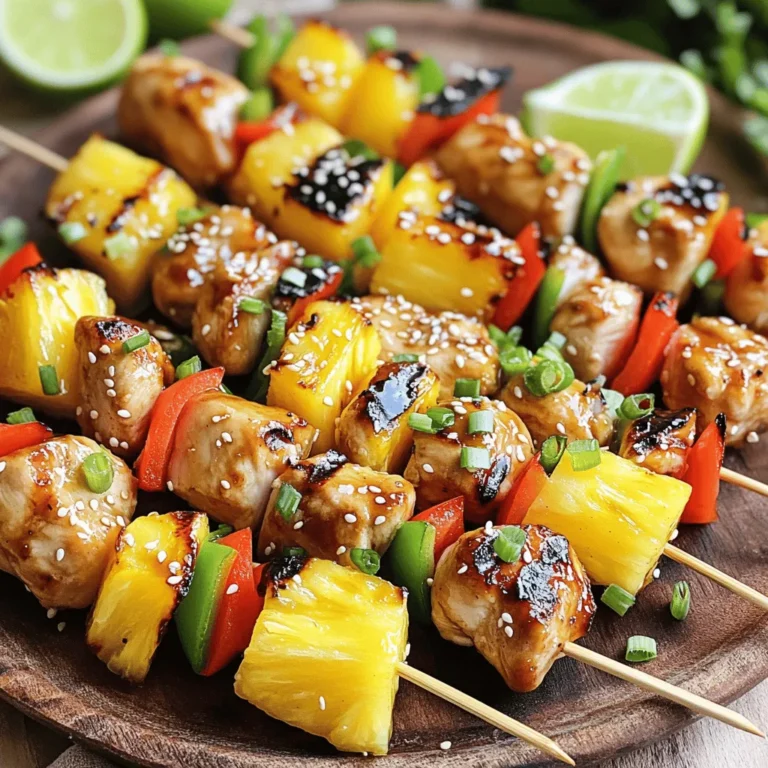 To make Teriyaki Chicken Pineapple Skewers, you need the right ingredients. Here is a list of what you'll need: - 1 lb boneless, skinless chicken breasts, cut into 1-inch cubes - 1 cup fresh pineapple, cut into 1-inch cubes - 1 bell pepper (choose red, yellow, or green), cut into 1-inch pieces - 1 small red onion, cut into wedges - 1/4 cup low-sodium soy sauce - 2 tablespoons honey or maple syrup - 1 tablespoon rice vinegar - 2 teaspoons fresh ginger, grated - 2 cloves garlic, minced - 1 teaspoon sesame oil - Salt and pepper to taste - Skewers (wooden or metal; if using wooden, soak them in water for at least 30 minutes) These ingredients come together to create a tasty meal. The chicken offers a great protein base. Pineapple adds natural sweetness and juiciness. The bell pepper and onion bring color and crunch. The marinade gives everything a rich flavor. Using fresh ingredients can make a big difference in taste. I recommend choosing ripe pineapple for the best flavor. The colors of the bell pepper can also enhance the look of your dish. Enjoy the process of gathering your ingredients; it sets the stage for a fun cooking experience! - Preparing the marinade: In a bowl, mix 1/4 cup soy sauce, 2 tablespoons honey or maple syrup, 1 tablespoon rice vinegar, 2 teaspoons grated ginger, 2 minced garlic cloves, and 1 teaspoon sesame oil. Whisk until smooth. - Combining chicken and marinade: Cut 1 pound of chicken into 1-inch cubes. Add the chicken to the bowl and stir well to coat each piece. - Recommended marinating time: Cover the bowl with plastic wrap and let it sit in the fridge for at least 30 minutes. For great flavor, you can marinate it for up to 2 hours. - Choosing and preparing skewers: Use wooden or metal skewers. If using wooden skewers, soak them in water for at least 30 minutes. This helps prevent burning. - Alternating chicken and veggies on skewers: Thread the marinated chicken onto the skewers. Alternate pieces of fresh pineapple, bell pepper, and red onion. Leave space between each piece for even cooking. - Preheating the grill: Heat your grill or grill pan to medium-high. This ensures a nice sear on the skewers. - Grilling the skewers: Place the skewers on the grill. Cook for about 12-15 minutes. Turn them often for even cooking and nice grill marks. - Tips for checking doneness: Use a meat thermometer to check the chicken. It should reach an internal temperature of 165°F (75°C). If you have extra marinade, brush it on in the last few minutes for more flavor. After grilling, let the skewers rest for a few minutes before serving. To boost flavor, try adding fresh herbs like cilantro or basil. A squeeze of lime juice can also brighten the dish. Use fresh pineapple for the best taste. Fresh pineapple adds sweetness and tang that canned pineapple can’t match. Canned pineapple may be softer and less vibrant in flavor. Use medium-high heat for grilling skewers. This heat cooks the chicken well while browning it nicely. To prevent sticking, oil the grill grates lightly. You can also brush the skewers with oil before grilling. Make sure to turn them often for even cooking. For a beautiful presentation, arrange the skewers on a large platter. Garnish with chopped green onions and sesame seeds for color. Serve lime wedges on the side for an extra zesty kick. Pair these skewers with rice or a fresh salad for a complete meal. {{image_4}} If you want to switch things up, try using shrimp or tofu. Shrimp cooks quickly and adds a nice touch. Tofu absorbs flavors well, making it a great choice for vegetarians. You can also explore other meats like pork or beef. They both pair nicely with the sweet teriyaki sauce. Each option brings its own unique flavor to the skewers. You can create many marinade options for your skewers. For a fresh twist, add citrus to your teriyaki sauce. Lemon or orange zest brightens up the dish. If you like heat, mix in some chili paste for a spicy kick. This variation brings a whole new layer of flavor. You can even experiment with different sweeteners like brown sugar or agave syrup. Not a fan of bell peppers or red onions? No problem! You can use zucchini or mushrooms instead. These veggies grill well and taste great with teriyaki sauce. Seasonal vegetables are also a fun option. Think about asparagus in spring or eggplant in summer. They add color and crunch to your skewers, making them even more appealing. To keep your Teriyaki Chicken Pineapple Skewers fresh, follow these tips: - Refrigeration: Place cooled skewers in an airtight container. They will stay fresh for 3-4 days. - Freezing: Wrap skewers tightly in plastic wrap, then place in a freezer bag. They can last up to 3 months in the freezer. To enjoy your skewers again, use these methods: - Best Methods: Reheat in the oven at 350°F (175°C) for about 10-15 minutes. This helps retain moisture. - Microwave: If you're short on time, use the microwave. Heat for 1-2 minutes. Cover the skewers with a damp paper towel to keep them juicy. By following these tips, you can savor your delicious skewers even after the first meal! Teriyaki Chicken Pineapple Skewers take about 12 to 15 minutes to cook on the grill. You want to cook them over medium-high heat. This timing allows the chicken to reach the safe temperature of 165°F (75°C). Remember to turn them often for even cooking. Yes, you can prepare these skewers ahead of time. You can marinate the chicken for up to two hours. If you want to make them even earlier, you can assemble the skewers. Just store them in the fridge until you are ready to grill. Several dipping sauces enhance the flavor of Teriyaki Chicken Pineapple Skewers. Some great options include: - Soy sauce - Sweet chili sauce - Peanut sauce - Spicy mayo These sauces add a nice kick and extra flavor. You can bake the skewers if you do not have a grill. Preheat your oven to 400°F (200°C). Arrange the skewers on a baking sheet. Bake for about 20 minutes, turning halfway through. This method works well, but grilling gives a better char and flavor. To check if the chicken is done, use a meat thermometer. Insert it into the thickest part of the chicken. It should read 165°F (75°C). When the chicken looks opaque and the juices run clear, it is also a good sign that it's cooked through. This blog post covered a fun and tasty recipe for Teriyaki Chicken Pineapple Skewers. You learned about the ingredients, how to marinate, assemble, and cook the skewers perfectly. I also shared tips to enhance flavor and storage advice. These skewers are easy to make and great for gatherings. With many variations, you can keep things exciting. Enjoy cooking and impress your friends with this delicious dish!