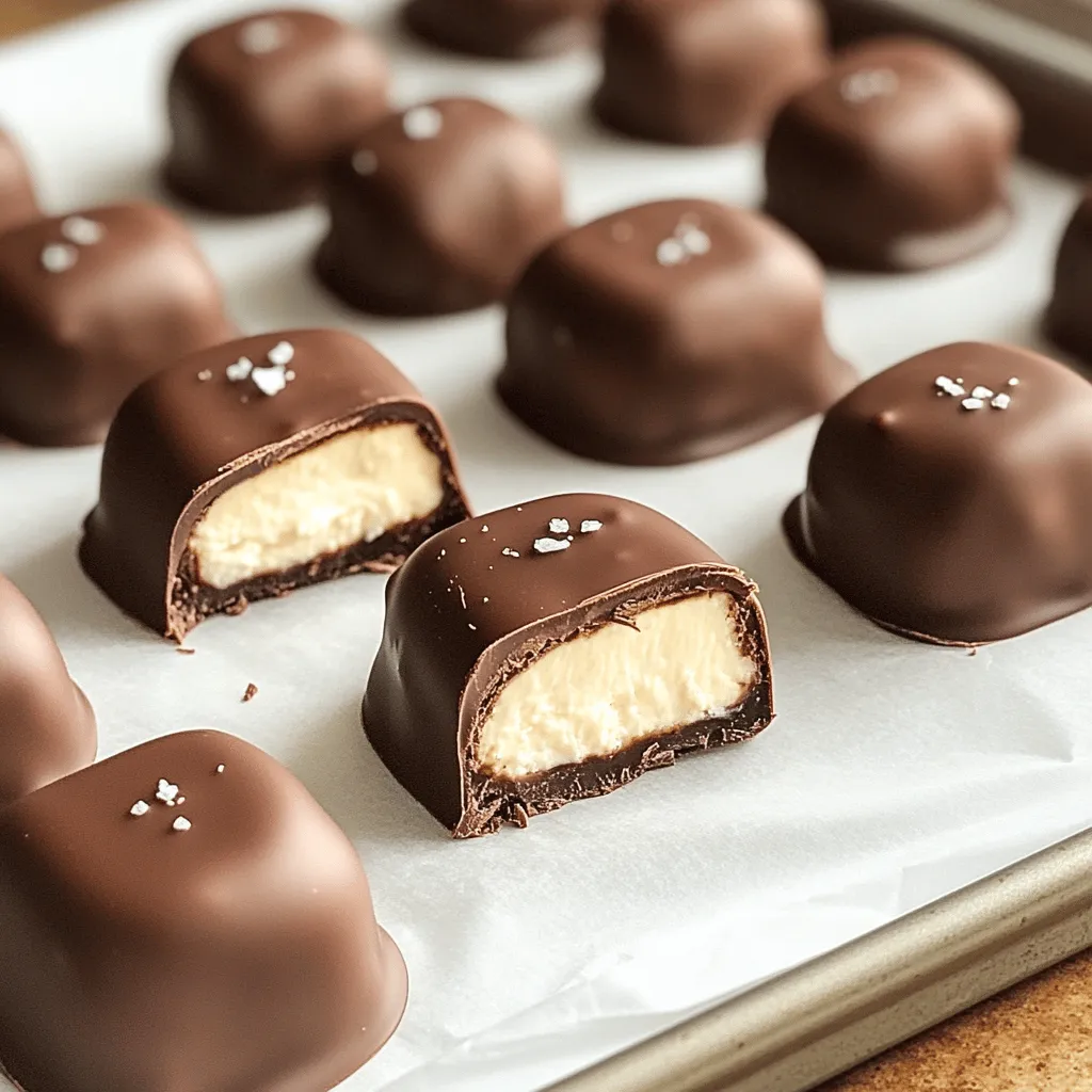 - 8 ounces cream cheese, softened to room temperature - 1/2 cup powdered sugar - 1 cup semi-sweet chocolate chips These three ingredients create the base of our rich and creamy cheesecake bites. Cream cheese adds that signature smoothness. The powdered sugar sweetens the mix, making it a dessert delight. The semi-sweet chocolate chips are crucial for that decadent chocolate coating. - 1 tablespoon coconut oil - Sea salt for garnish Coconut oil helps the chocolate melt smoothly. It adds a nice shine to the chocolate coating. A sprinkle of sea salt enhances the flavor, making each bite even better. You can skip these if you want, but I recommend trying them! - Mixing bowls - Electric mixer - Baking sheet You’ll need mixing bowls to blend your ingredients. An electric mixer saves time and helps create a smooth filling. The baking sheet is essential for chilling the bites before coating with chocolate. Using parchment paper makes clean-up easy and prevents sticking. Start with a medium bowl. In this bowl, combine 8 ounces of softened cream cheese, 1/2 cup of powdered sugar, and 1 teaspoon of pure vanilla extract. Use an electric mixer on medium speed. Mix until smooth and creamy. Make sure there are no lumps. Next, add 1/2 cup of sour cream. Blend it in fully. Then, gently fold in 1 cup of graham cracker crumbs. Use a spatula for this step. Mix until you achieve a smooth and cohesive texture. Prepare a baking sheet by lining it with parchment paper. Now, use a small cookie scoop or your hands to portion the cheesecake mixture. Roll each portion into bite-sized balls, about 1 inch in diameter. Place each ball on the lined baking sheet, spacing them evenly apart. Once you've shaped all the cheesecake bites, put the baking sheet in the freezer. Let them chill for about 30 minutes until they feel firm to the touch. While the bites chill, melt the chocolate coating. In a microwave-safe bowl, combine 1 cup of semi-sweet chocolate chips and 1 tablespoon of coconut oil. Microwave this mixture in 30-second intervals. Stir well between each interval until the chocolate is completely melted and glossy. After the cheesecake bites are firm, take them out of the freezer. Using a fork, dip each bite into the melted chocolate. Make sure each one is evenly coated. Allow any excess chocolate to drip back into the bowl. Carefully place the chocolate-covered bites back on the parchment-lined baking sheet. If you like, sprinkle a tiny pinch of sea salt on top for an extra flavor boost before the chocolate sets. Finally, refrigerate the bites for at least 15 minutes. This will let the chocolate coating firm up nicely. Enjoy these delicious treats! To get a smooth cheesecake bite, start with softened cream cheese. Beat it well with an electric mixer. Mix until it’s creamy and lump-free. This step is key for a great mouthfeel. Chilling the mixture is also important. After shaping the bites, freeze them for 30 minutes. This helps them firm up before coating in chocolate. If they are too soft, the coating will not stick well. To prevent chocolate from seizing, use coconut oil when melting chocolate chips. This oil keeps the chocolate smooth. Microwave the chocolate in short bursts of 30 seconds. Stir the chocolate in between to ensure even melting. When coating the cheesecake bites, dip each one fully. Use a fork to lift them out, letting excess chocolate drip off. This method gives you an even coating that looks great. Present your cheesecake bites on a pretty platter. This makes them look more inviting. For a fun touch, sprinkle sea salt on top. You can also add chocolate shavings or fresh berries for extra color. These garnishes not only enhance the look but also the flavor! {{image_4}} You can make these bites even more fun! Start with flavored cream cheese. Options like strawberry or blueberry add a tasty twist. You can also infuse your mix with extracts. Almond or orange extracts give a unique flavor. Just add a little to the cream cheese mix. Think about the type of chocolate you use. White chocolate offers a sweet and creamy taste. Semi-sweet chocolate adds a rich flavor. You might also try dark chocolate for a bold bite. Each option gives a different twist to your cheesecake bites. Get creative with seasonal decorations! For holidays, use themed chocolate shapes or colors. You can add seasonal fruits like strawberries in summer or pumpkin in fall. These small changes make your cheesecake bites festive and fun. To keep your chocolate covered cheesecake bites fresh, store them in the fridge. Place them in an airtight container to prevent them from drying out. If you use a glass container, it will also help keep them cool. Make sure to layer parchment paper between the bites if you stack them. This way, they won’t stick together. You can freeze chocolate covered cheesecake bites for longer storage. First, place them on a baking sheet in a single layer. Freeze them for about an hour until firm. Once frozen, transfer the bites to a freezer-safe container. Be sure to separate layers with parchment paper. To thaw, move them to the fridge for about 2 hours. This will help keep their texture intact. These cheesecake bites last about 5 days in the fridge. If you freeze them, they can last up to 3 months. Just make sure to keep them well-wrapped. This way, they stay tasty and fresh for when you want a sweet treat. Yes, you can prepare these cheesecake bites a day in advance. Simply follow the recipe steps and chill the bites in the freezer. Once set, store them in an airtight container in the fridge. This way, they stay fresh and ready to serve. You can use dairy-free cream cheese for a vegan option. Soft tofu blended until smooth also works well. A cashew cream made from soaked cashews can give a rich flavor too. All these options can bring a different twist to your bites while keeping them delicious. Keep the cheesecake bites cold before serving. Use a cool plate or dish to hold them. Serve in a cool area, away from sunlight. If you have to store them, keep them in the fridge until you're ready to serve. This helps the chocolate stay firm and tasty. You can create delicious chocolate-covered cheesecake bites by following the steps outlined. First, mix your essential ingredients and form the bites. Then, coat them in chocolate for a tasty treat. Use tips for the perfect texture and storage to enjoy them longer. Try variations for different flavors and seasonal tweaks. Now, you know how to make these fun bites that everyone will love. Get in the kitchen and enjoy your sweet creations!