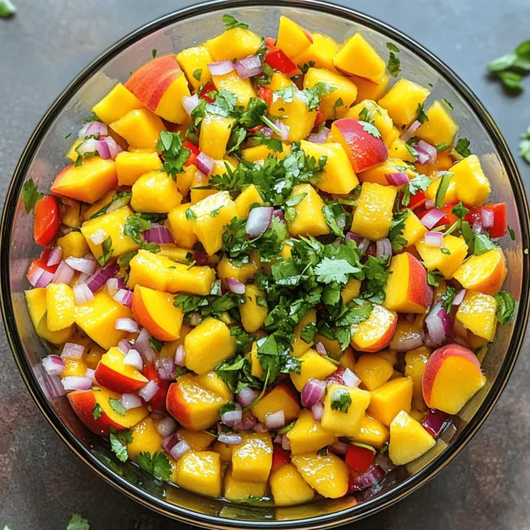 - 2 ripe peaches, diced into 1/2-inch pieces - 1 ripe mango, diced into 1/2-inch cubes - 1/2 red bell pepper, finely chopped for sweetness - 1/4 red onion, finely chopped for a little bite - 1 jalapeño, deseeded and minced (optional for a spicy kick) - 1/4 cup fresh cilantro, chopped for an herbaceous touch - Juice of 1 lime, to brighten the flavors - Salt and black pepper to taste, for seasoning - Mixing bowl - Knife and cutting board - Spoon or spatula - Calories per serving: Approximately 50 calories - Key nutrients: High in vitamins A and C, fiber, and antioxidants When I make Tropical Peach Mango Salsa, I focus on fresh, ripe ingredients. Ripe peaches and mangoes bring a sweet taste. The red bell pepper adds a nice crunch. Red onion gives it a slight bite. If you like heat, add jalapeño, but it's optional. Fresh cilantro adds a fragrant touch that ties it all together. For the best results, use a mixing bowl to combine everything. A sharp knife and cutting board help you chop the fruits and veggies easily. You’ll need a spoon or spatula for mixing. This salsa is not only tasty but also healthy. Each serving has about 50 calories. You get a boost of vitamins A and C from the fruits and veggies. Plus, it has fiber for digestion and antioxidants for overall health. Using fresh ingredients makes this salsa bright and full of flavor. It’s a delightful dish that pairs well with many meals. - Start by dicing 2 ripe peaches into 1/2-inch pieces. Make sure the pieces are even. - Next, take 1 ripe mango and dice it into 1/2-inch cubes. This adds a sweet touch. - Chop 1/2 red bell pepper finely. This will bring a nice sweetness to the mix. - Finely chop 1/4 red onion for a little bite in the salsa. - If you want some heat, mince 1 jalapeño after removing the seeds. - In a big mixing bowl, combine the diced peaches and mango. Gently mix them to avoid bruising. - Add the chopped bell pepper and onion to the bowl. If you like spice, toss in the minced jalapeño. - Sprinkle 1/4 cup of fresh cilantro over the mixture. The aroma will brighten the salsa. - Squeeze the juice of 1 lime over the salsa. This adds a bright flavor and keeps the colors fresh. - Season with salt and black pepper to taste. Mix it well to make sure the seasoning spreads evenly. - Allow the salsa to sit at room temperature for at least 15 minutes before serving. This helps the flavors blend. Select ripe peaches by checking their color and feel. They should be soft but not too mushy. Look for mangoes that give slightly when pressed. Their skin should have some color. Store fresh peaches and mangoes at room temperature until ripe. Once ripe, keep them in the fridge to stay fresh longer. Letting the salsa rest is key. This time allows the flavors to mix well. I suggest resting it for at least 15 minutes. This small wait makes a big difference. Balance the sweetness of the fruits with lime juice. A touch of lime adds a nice zing. Taste and adjust the salt and pepper as needed for a great mix. Serve the salsa in a bright bowl. This makes it look more inviting. Garnish it with whole cilantro leaves on top. Pair it with crispy tortilla chips for a tasty snack. You can also use it as a topping for grilled chicken or fish. This adds color and excitement to your meal. {{image_4}} Want to kick up the heat? You can easily make your salsa spicy. Here are two ways: - Adding more jalapeños: If you like spice, add more minced jalapeños. This will give your salsa a nice kick. Adjust the amount based on your heat preference. - Incorporating chili powder: You can also add chili powder for a different kind of spice. Start with a small pinch, then taste and add more if needed. You can change the flavor of your salsa by adding new fruits or herbs. Consider these options: - Introducing fruits like pineapple or kiwi: Pineapple adds a sweet and tangy taste. Kiwi brings a unique twist and bright color. Dice them finely so they blend well. - Using different herbs like mint or basil: Mint gives a refreshing taste, while basil adds a warm flavor. Try mixing these herbs in to see what you enjoy. Making salsa ahead of time can save you stress. Here’s how to do it: - Making salsa ahead of time: You can prepare your salsa a few hours before serving. This allows the flavors to blend nicely. Just keep it covered in the fridge. - Freezing for later use: If you have extra salsa, you can freeze it. Place it in an airtight container or a zip-top bag. When ready to eat, thaw it in the fridge overnight. To keep your tropical peach mango salsa fresh, store it in a tight container. Glass or plastic containers with a lid work well. Make sure to remove all air before sealing. This helps to keep the flavors bright. If you have any leftover salsa, don’t forget to place it in the fridge right away. Your salsa lasts about 3 to 5 days in the fridge. Check for signs of spoilage, like a change in color or texture. If the salsa starts to smell off or looks watery, it’s best to throw it away. Always trust your nose and eyes! For long-term storage, you can freeze the salsa. Start by placing it in a freezer-safe bag. Remove as much air as you can before sealing. This prevents freezer burn. To thaw, place it in the fridge overnight. For the best texture, use it within 2 to 3 months. Enjoy your tropical delight anytime! You can skip jalapeños if you want less heat. - Alternatives for spice: Try using a pinch of cayenne pepper for a light kick. You can also add diced bell pepper for sweetness. If you like stronger flavors, try a bit of hot sauce instead. Yes, you can use canned fruit, but the taste changes a bit. - Benefits and drawbacks of canned vs. fresh: Canned fruit is easy and quick. It lasts longer, too. But, fresh fruit has better taste and texture. It is also healthier with fewer added sugars. This salsa adds flair to many meals. - Serving suggestions and meal ideas: Use it as a topping for grilled chicken or fish. It also works great with tacos or as a dip with tortilla chips. You can even mix it into salads for a fresh twist. This blog post covers how to make a vibrant Tropical Peach Mango Salsa. We explored key ingredients, from juicy peaches to spicy jalapeños, and the tools you'll need. I provided step-by-step instructions for preparation and mixing, plus tips to enhance flavor and presentation. Variations let you tweak the recipe to your taste. With proper storage tips, your salsa can stay fresh and delicious. Enjoy making this flavorful dish that’s perfect for any meal!