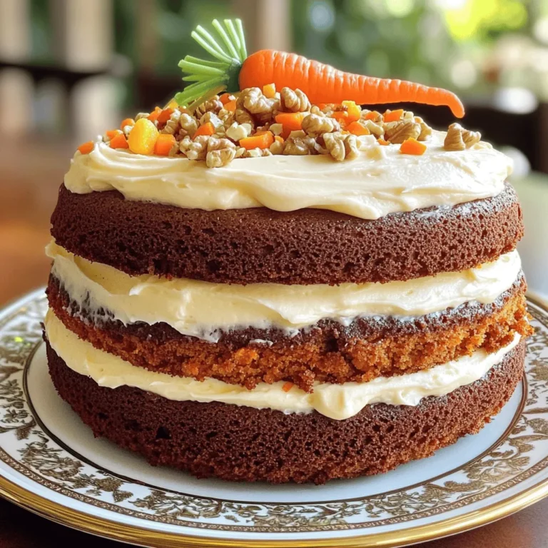 - 2 cups all-purpose flour - 2 cups granulated sugar - 1 teaspoon baking powder - 1 teaspoon baking soda - 1 teaspoon ground cinnamon - ½ teaspoon ground nutmeg - ½ teaspoon salt - 1 cup vegetable oil - 4 large eggs - 3 cups grated carrots (about 6 medium carrots) - 1 cup crushed pineapple, drained thoroughly - 1 cup chopped walnuts (optional) - 1 teaspoon vanilla extract For the Cream Cheese Frosting: - 8 oz cream cheese, softened - ½ cup unsalted butter, softened - 4 cups powdered sugar - 1 teaspoon vanilla extract - 2 tablespoons milk (adjust as needed) You can swap all-purpose flour with whole wheat flour for a nuttier taste. If you need a lower sugar option, use coconut sugar instead of granulated sugar. For a lighter cake, try using applesauce in place of some oil. If you can’t find walnuts, pecans work great too. If you want a nut-free option, just leave out the nuts entirely. For the frosting, you can use dairy-free cream cheese for a vegan option. This recipe contains common allergens like gluten (from flour), dairy (from cream cheese and butter), and nuts (if you use walnuts). If you have a nut allergy, skip the walnuts. For dairy allergies, replace the cream cheese and butter with suitable dairy-free options. Always check labels for any hidden allergens in packaged ingredients. First, set your oven to 350°F (175°C) to preheat. While it heats, grab two 9-inch round cake pans. Grease the pans with butter. Then, dust them lightly with flour. This step keeps your cake from sticking. In a large bowl, mix the dry items. Add 2 cups of all-purpose flour, 2 cups of granulated sugar, 1 teaspoon of baking powder, 1 teaspoon of baking soda, 1 teaspoon of ground cinnamon, ½ teaspoon of ground nutmeg, and ½ teaspoon of salt. Use a whisk to blend these well. This mix is key for a light cake. In another bowl, combine your wet ingredients. Whisk together 1 cup of vegetable oil, 4 large eggs, and 1 teaspoon of vanilla extract until smooth. Slowly pour this mixture into the dry bowl. Stir gently until just mixed. Overmixing can lead to a dense cake, so be careful! Pour the batter evenly into your two prepared pans. Place them in the oven. Bake for 30-35 minutes. To check if they're done, insert a toothpick. It should come out clean. Once baked, let the cakes cool in the pans for 10 minutes. After that, transfer them to wire racks to cool completely. In a clean bowl, beat together 8 oz of softened cream cheese and ½ cup of softened unsalted butter. Mix until fluffy. Gradually add 4 cups of powdered sugar and 1 teaspoon of vanilla extract. Blend on low speed until well mixed. If your frosting is too thick, add 2 tablespoons of milk, one at a time, until you reach a smooth texture. Once the cakes are cool, place one layer on a serving platter. Spread a thick layer of cream cheese frosting on top. Carefully place the second cake layer on top. Use the remaining frosting to cover the top and sides of the cake. For decoration, sprinkle chopped walnuts on top or add edible flowers for a fun touch. To keep your cake fresh, wrap it well. Use plastic wrap or aluminum foil. Store it in the fridge for up to one week. You can also freeze slices for later. Wrap each slice in plastic, then place in a freezer bag. It will last for three months in the freezer. Thaw in the fridge before enjoying. To get a moist cake, do not overmix the batter. Mix just until the dry ingredients are combined. Grating the carrots finely helps them blend well. Adding crushed pineapple keeps the cake moist too. Always bake at the right temperature, and check for doneness with a toothpick. If it comes out clean, your cake is ready. You can change the flavor of the cake easily. Try adding shredded coconut for a tropical twist. Raisins or dried cranberries add sweetness and texture. For a spice kick, increase the cinnamon or add ginger. You can also use different nuts, like pecans or almonds, for unique tastes. Experiment, and find your favorite mix! {{image_4}} You can try different frostings on your carrot cake. While cream cheese frosting is classic, you might enjoy buttercream frosting. This frosting is light and sweet. Another option is a tangy lemon frosting. The zest adds a nice twist. Whipped cream is also a fun choice. It gives a light and fluffy touch to the cake. For a healthier option, consider Greek yogurt frosting. It's creamy and rich but lower in sugar. To make your carrot cake even more special, add fun flavors. You can mix in raisins or dried cranberries for sweetness. Shredded coconut provides a tropical flair. If you like spice, add more cinnamon or ginger. For a nutty taste, try pecans instead of walnuts. You can also add a splash of orange juice or zest to brighten the flavor. Each mix-in makes the cake unique. If you need a gluten-free option, swap the all-purpose flour. Use a gluten-free flour blend instead. Make sure it has a good mix of starches and proteins. Almond flour is another great choice. It will add a lovely nutty flavor. Check that your baking soda and baking powder are gluten-free as well. This version is just as moist and tasty as the original. Store leftover carrot cake in an airtight container. This keeps moisture in and air out. If you do not have a container, wrap the cake in plastic wrap. This will help prevent it from drying out. Keep the cake at room temperature if you plan to eat it within 2 days. For longer storage, move it to the fridge. You can freeze carrot cake to enjoy later. First, let the cake cool completely. Wrap each layer in plastic wrap. Then, wrap it in aluminum foil for extra protection. Label the wrap with the date. You can freeze the cake for up to 3 months. When you're ready to enjoy it, thaw the cake in the fridge overnight. The cake lasts about 3 days in the fridge. It stays fresh if stored properly. If left at room temperature, the cake is best eaten within 2 days. Always check for any signs of spoilage before serving. Enjoy every slice while it's fresh! To keep your carrot cake moist, use fresh ingredients. Grate your carrots right before mixing. Add crushed pineapple to the batter. This adds moisture and flavor. Don't overmix the batter; mix just until combined. Bake at the right temperature and check for doneness with a toothpick. If it comes out clean, your cake is ready. Yes, you can use other nuts. Pecans or almonds work well in carrot cake. They add a nice crunch and flavor. You can also skip nuts if you prefer a nut-free cake. Just remember that the texture will change slightly. If you need a cream cheese substitute, try mascarpone cheese. It has a similar texture and taste. You can also use Greek yogurt for a lighter option. For a vegan version, use coconut cream or vegan cream cheese. These options will still give you a creamy frosting. Yes, you can make a vegan carrot cake. Replace eggs with flax eggs or applesauce. Use plant-based oil instead of regular oil. For the frosting, use vegan cream cheese or coconut cream. These swaps keep the cake moist and delicious. You can bake the cake a day in advance. Cool it completely, then wrap it tightly in plastic wrap. Store it at room temperature. You can frost it the next day. If you want to make it even earlier, freeze the cake layers. Just remember to thaw them before frosting. You now know how to make a classic carrot cake with cream cheese frosting. We covered ingredients, baking steps, and tips for the perfect texture. You learned about variations and storage too. Remember, feel free to adjust the recipe to suit your taste. Whether you want to make it gluten-free or try a different frosting, you have options. Enjoy your baking adventure and share your delicious carrot cake with friends!