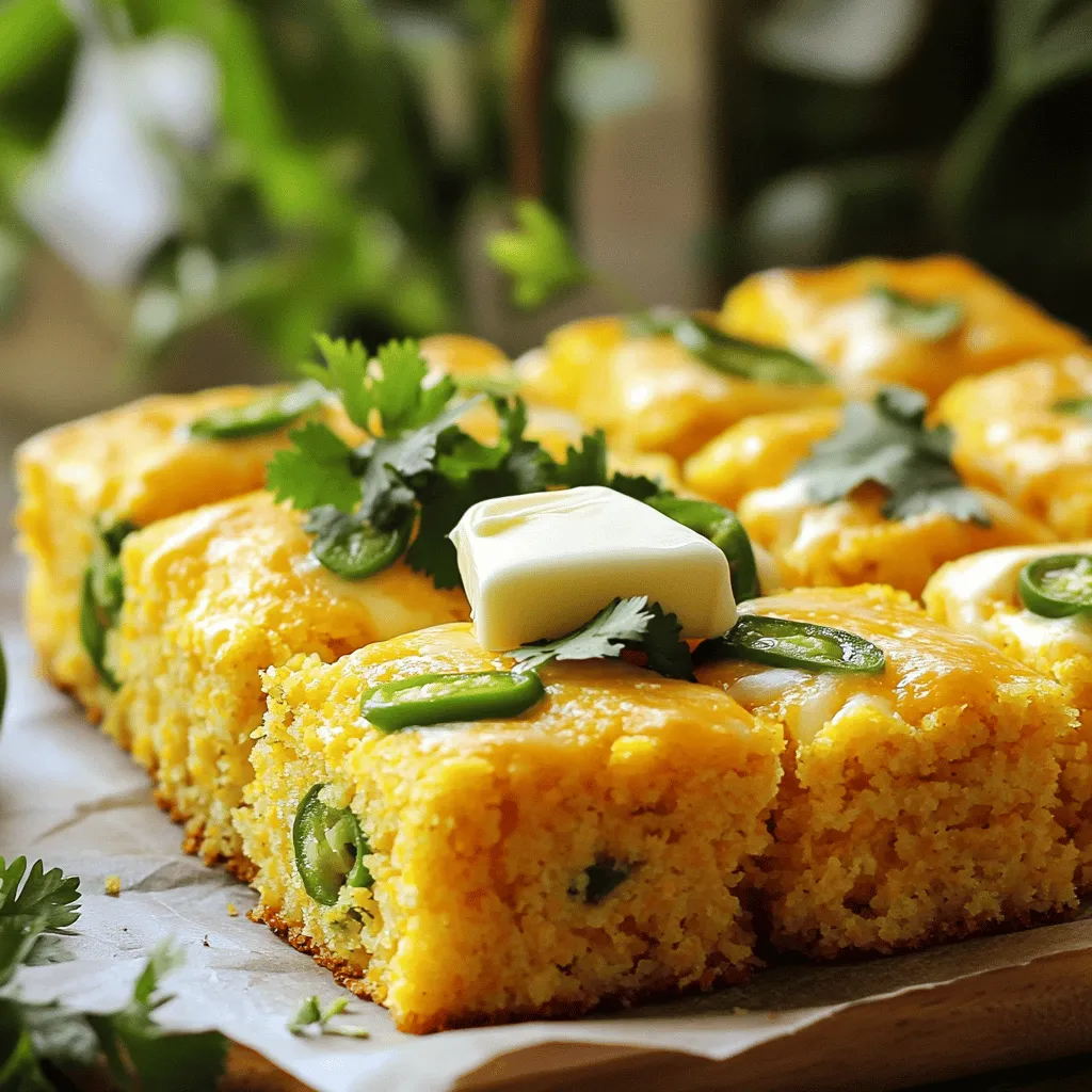 - 1 cup cornmeal - 1 cup all-purpose flour - 1 tablespoon granulated sugar - 1 tablespoon baking powder - 1/2 teaspoon fine salt - 1 cup buttermilk (at room temperature) - 1/4 cup vegetable oil - 2 large eggs (lightly beaten) - 1 cup shredded sharp cheddar cheese (preferably aged) - 2-3 jalapeños (finely chopped and seeds removed) - 1/4 cup fresh cilantro (optional for garnish) To make my Jalapeño Cheddar Cornbread, I gather a few simple yet essential items. First, I need cornmeal and all-purpose flour, which form the base. The sugar adds a small hint of sweetness, while baking powder helps the bread rise. A pinch of fine salt balances the flavors. For the wet mix, I use buttermilk. It adds moisture and a slight tang. Vegetable oil keeps the cornbread tender. I always add two beaten eggs for richness. Then comes the fun part: the flavor. I add sharp cheddar cheese for creaminess and bold taste. The jalapeños give it a spicy kick. I usually chop them finely and remove the seeds to control the heat. If I want a fresh touch, I toss in chopped cilantro as a garnish. Gathering these ingredients makes me excited to bake. Each item plays a key role in creating a delicious and flavorful cornbread. - Preheat the oven to 400°F (200°C). - Grease or line an 8-inch square baking dish. - In a large bowl, combine: - 1 cup cornmeal - 1 cup all-purpose flour - 1 tablespoon granulated sugar - 1 tablespoon baking powder - 1/2 teaspoon fine salt - Use a whisk to blend these well. - In another bowl, whisk: - 1 cup buttermilk (room temperature) - 1/4 cup vegetable oil - 2 large eggs (lightly beaten) - Mix until smooth and combined. - Gradually add the wet mixture to the dry ingredients. - Stir gently until just combined. It's okay if small lumps remain. - Fold in: - 1 cup shredded sharp cheddar cheese - 2-3 finely chopped jalapeños - Ensure they're evenly distributed in the batter. - Pour the batter into the prepared baking dish. - Spread it out evenly with a spatula. - Bake for 20-25 minutes. - Check for doneness with a toothpick. It should come out clean. - Let it cool in the dish for about 10 minutes before cutting. To get the best texture in your cornbread, mix carefully. Overmixing leads to a dense result. You want it light and fluffy. When adding wet to dry, stir gently. A few lumps are okay; they will bake out. If you want to control the heat, choose jalapeños wisely. Removing the seeds and ribs makes them milder. You can also use less jalapeño if you want less spice. For a milder flavor, try bell peppers instead. They add crunch without the heat. Serve your cornbread warm for the best taste. A pat of butter on top makes it rich. You can also sprinkle fresh cilantro for color and flavor. This cornbread pairs well with chili or soup. It’s a great side for barbecues too! {{image_4}} To add a sweet touch to your cornbread, try using honey instead of sugar. The honey gives a lovely flavor and moistness. You can swap out the 1 tablespoon of sugar with 2 tablespoons of honey. Mix it in with the wet ingredients to blend well. This twist makes the cornbread taste like a treat, perfect for breakfast or snacks. While sharp cheddar shines in this recipe, other cheeses can add fun flavors too. Consider using pepper jack for a spicy kick or mozzarella for a milder taste. Pepper jack brings heat while keeping the creamy texture. Mozzarella gives a stretchy quality that feels delightful. Feel free to mix and match to find your favorite cheese combo. You can customize your cornbread with tasty add-ins. Try folding in 1 cup of corn kernels for extra sweetness and texture. Diced bell peppers add a bright color and crunch. You can also mix in fresh herbs like chives or green onions for a fresh twist. Just make sure not to add too much, so the cornbread stays light and fluffy. To keep your leftover cornbread fresh, wrap it tightly in plastic wrap. Place it in an airtight container for best results. You can also use aluminum foil for a quick cover. If you want to store it longer, slice it first. This makes it easier to grab a piece later. For fridge storage, it stays good for about 3-4 days. For better longevity, freeze it. Just make sure to wrap it well. Reheating your cornbread is simple. For the oven method, set it to 350°F (175°C). Place the cornbread on a baking sheet. Heat for about 10-15 minutes. This keeps it warm and soft. You can also use the microwave. Just place a slice on a plate and cover it with a damp paper towel. Heat it for about 20-30 seconds. This method is quick and helps maintain moisture. When stored properly, cornbread lasts well. In the fridge, it can last up to 4 days. In the freezer, it can stay good for up to three months. Just make sure you label it with the date. This way, you can keep track of how long it has been stored. Enjoying your cornbread later is just as good as fresh! Yes, you can make this cornbread ahead of time. After baking, let it cool completely. Wrap it tightly in plastic wrap. Store it in the fridge for up to three days. You can also freeze it for up to three months. Just make sure to cut it into squares for easy serving. When you're ready to eat, reheat individual pieces in the oven or microwave. This method keeps the cornbread moist and tasty. Absolutely! You can use gluten-free flour blends instead of all-purpose flour. Look for a blend that works well for baking. Some great options are almond flour or coconut flour. You might need to adjust the liquid amounts slightly. Test the batter for the right consistency. Enjoy the same great taste without gluten! You can spice up your cornbread in many ways. Try adding: - Cumin: Gives a warm, earthy flavor. - Smoked paprika: Adds a nice smoky touch. - Chopped herbs: Fresh basil or thyme can brighten the taste. You can also add more jalapeños for heat or cheese for richness. Experiment with flavors that you love to make this dish your own! Jalapeño cheddar cornbread combines rich flavors with simple steps. You learned the essential ingredients and how to mix them. I also shared tips for texture and spiciness. Exploring variations could make your cornbread even more exciting. Remember, storing leftovers well helps keep them tasty. With this recipe, you can enjoy warm, flavorful cornbread at any meal. Experiment and make it your own!