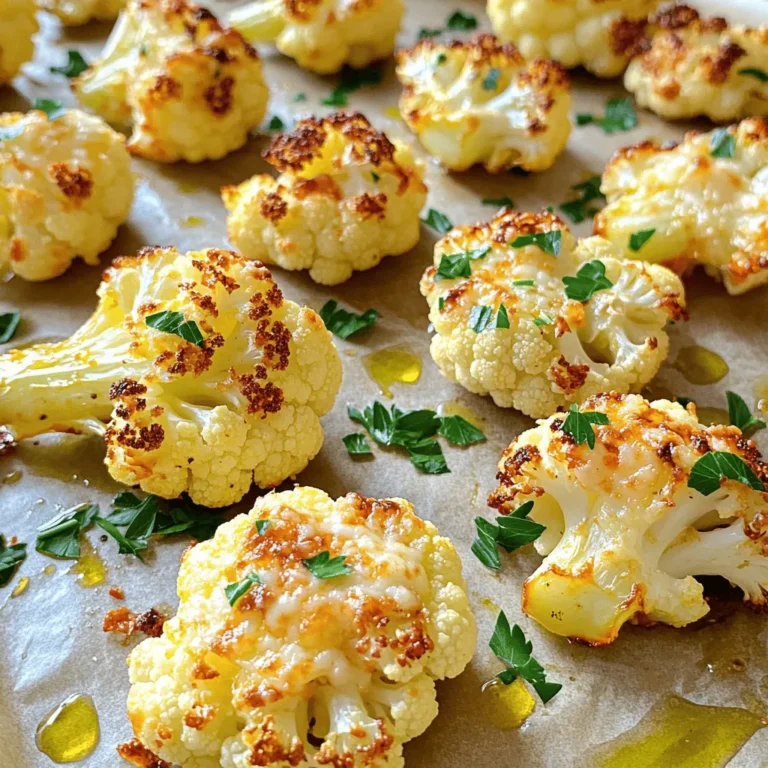 - 1 large head of cauliflower, cut into bite-sized florets - 4 cloves of garlic, finely minced - 3 tablespoons extra virgin olive oil - 1 cup freshly grated Parmesan cheese - 1 teaspoon smoked paprika - ½ teaspoon sea salt - ½ teaspoon freshly ground black pepper - 2 tablespoons fresh parsley, finely chopped (for garnish) You can swap the Parmesan cheese for a dairy-free option if needed. Nutritional yeast works well for a cheesy flavor. For a gluten-free dish, all listed ingredients are safe. You can also use different oils like avocado or canola. If you don't like garlic, try onion powder instead. When picking cauliflower, look for heads that are firm and heavy. The leaves should be bright green and fresh. Avoid any that have dark spots or soft spots. Fresh cauliflower has a mild scent. If it smells strong, it's past its prime. Store it in the fridge, wrapped in plastic, to keep it fresh longer. Use it within a week for the best taste and texture. Start by preheating your oven to 425°F (220°C). This heat helps the cauliflower roast perfectly. Next, take a large head of cauliflower and cut it into bite-sized florets. Aim for even sizes. This helps them cook uniformly. In a mixing bowl, add the cauliflower florets. Then, finely mince four cloves of garlic and add them to the bowl. Pour in three tablespoons of extra virgin olive oil. Use your hands or a spatula to mix everything well. Make sure the cauliflower is fully coated in oil and garlic. Once mixed, sprinkle one teaspoon of smoked paprika, half a teaspoon of sea salt, and half a teaspoon of black pepper over the florets. Toss again to spread the spices evenly. Prepare a baking sheet by lining it with parchment paper. This step makes cleanup a breeze. Lay the cauliflower florets on the sheet in a single layer. Make sure they have space to roast evenly. Place the baking sheet in the oven. Roast for 20 minutes. Halfway through, stir the cauliflower to ensure even cooking. You want the florets to become tender and start browning. Once the 20 minutes are up, carefully take the baking sheet out of the oven. Now, sprinkle one cup of freshly grated Parmesan cheese over the roasted cauliflower. This cheese will add a rich flavor. Return the baking sheet to the oven and roast for an additional 5 to 7 minutes. Watch for the cheese to melt, bubble, and get slightly crispy. After this, take the baking sheet out and let it sit for a minute. Before serving, garnish with two tablespoons of finely chopped fresh parsley. This adds a pop of color and freshness. Serve your roasted garlic Parmesan cauliflower in a large bowl. A drizzle of extra olive oil and a few lemon wedges can enhance the flavor. Enjoy! For great roasted cauliflower, you must ensure even cooking. First, cut the cauliflower into uniform florets. This helps them cook at the same rate. Spread the florets on a baking sheet in a single layer. Avoid crowding them; if they touch, they will steam instead of roast. Stir the cauliflower halfway through cooking. This step helps brown all sides and promotes even cooking. To achieve the perfect cheese melt, use freshly grated Parmesan cheese. Pre-grated cheese may not melt as well due to added fillers. After roasting for 20 minutes, sprinkle the cheese evenly over the cauliflower. Return it to the oven for an extra 5-7 minutes. This allows the cheese to melt, bubble, and turn golden. Keep an eye on it to avoid burning. You can enhance the flavor with other seasonings. Try adding a pinch of red pepper flakes for heat. Fresh herbs like thyme or rosemary also work well. Mix in lemon zest for a bright twist. For a smoky flavor, use smoked paprika, or swap it for regular paprika. These small changes can make your dish even more delightful. {{image_4}} You can mix in other veggies for a fun twist. Try adding broccoli, carrots, or bell peppers. Cut them into similar sizes for even cooking. This adds color and nutrition to your dish. Each veggie brings its own flavor, making it unique. Get creative! If you're vegan, swap out the cheese. Use nutritional yeast for a cheesy flavor. It adds a nice, savory taste without dairy. You can also try vegan cheese options. Just make sure they melt well when heated. This way, everyone can enjoy the dish! Spices can change the whole vibe of this dish. You can try curry powder for a warm, earthy taste. Or use Italian herbs like oregano and basil for a fresh touch. Experiment with chili powder or cumin for some heat. Each spice adds a new layer of flavor, so don’t be shy! After you enjoy your roasted garlic Parmesan cauliflower, store leftovers in an airtight container. Keep it in the fridge for up to four days. Make sure the cauliflower has cooled before sealing the container. This helps keep it fresh and tasty. If you notice any moisture inside the container, it’s best to wipe it out. This will prevent sogginess. To reheat, place the leftovers on a baking sheet. Preheat your oven to 350°F (175°C). Heat the cauliflower for about 10–15 minutes until it warms through. This method keeps the florets crisp. You can also use a microwave, but the texture may change. If using the microwave, heat for 1–2 minutes, stirring halfway through. You can freeze roasted garlic Parmesan cauliflower, but for best results, freeze it before adding cheese. Place the cooled florets in a single layer on a baking sheet. Freeze until solid, then transfer to a freezer-safe bag. Label it with the date. This way, it can last up to three months. When ready to eat, thaw overnight in the fridge, then reheat as mentioned above. Roasted Garlic Parmesan Cauliflower pairs well with many dishes. You can serve it as a side to grilled chicken or steak. It also fits nicely with fish dishes like salmon. For a meatless meal, serve it alongside quinoa or brown rice. This dish also works well in a salad. Toss it with leafy greens and a light dressing for a fresh touch. Yes, you can prepare this dish ahead of time. You can cut the cauliflower and mix it with garlic and olive oil. Just store it in the fridge until you are ready to roast. This will save you time on busy days. However, I recommend roasting it fresh for the best taste and texture. To keep your cauliflower crisp, follow a few simple tips. First, make sure you cut the florets evenly. This ensures they cook at the same rate. Second, don’t overcrowd the baking sheet. Give the florets space to roast evenly. Lastly, use high heat, around 425°F (220°C), to help them brown and crisp up. In this post, we explored how to prepare delicious roasted cauliflower. We discussed ingredient choices and how to keep your dish fresh. You learned step-by-step instructions for preparing and roasting. We covered tips for even cooking and perfect cheese melts. Plus, I shared variations and storage tips for your leftovers. Remember, cooking is fun and easy. Keep experimenting with flavors and methods. With these tips, you’ll make a tasty dish everyone loves. Enjoy your cooking!