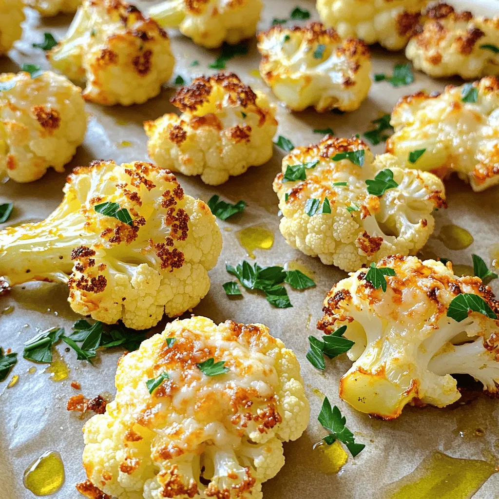 - 1 large head of cauliflower, cut into bite-sized florets - 4 cloves of garlic, finely minced - 3 tablespoons extra virgin olive oil - 1 cup freshly grated Parmesan cheese - 1 teaspoon smoked paprika - ½ teaspoon sea salt - ½ teaspoon freshly ground black pepper - 2 tablespoons fresh parsley, finely chopped (for garnish) You can swap the Parmesan cheese for a dairy-free option if needed. Nutritional yeast works well for a cheesy flavor. For a gluten-free dish, all listed ingredients are safe. You can also use different oils like avocado or canola. If you don't like garlic, try onion powder instead. When picking cauliflower, look for heads that are firm and heavy. The leaves should be bright green and fresh. Avoid any that have dark spots or soft spots. Fresh cauliflower has a mild scent. If it smells strong, it's past its prime. Store it in the fridge, wrapped in plastic, to keep it fresh longer. Use it within a week for the best taste and texture. Start by preheating your oven to 425°F (220°C). This heat helps the cauliflower roast perfectly. Next, take a large head of cauliflower and cut it into bite-sized florets. Aim for even sizes. This helps them cook uniformly. In a mixing bowl, add the cauliflower florets. Then, finely mince four cloves of garlic and add them to the bowl. Pour in three tablespoons of extra virgin olive oil. Use your hands or a spatula to mix everything well. Make sure the cauliflower is fully coated in oil and garlic. Once mixed, sprinkle one teaspoon of smoked paprika, half a teaspoon of sea salt, and half a teaspoon of black pepper over the florets. Toss again to spread the spices evenly. Prepare a baking sheet by lining it with parchment paper. This step makes cleanup a breeze. Lay the cauliflower florets on the sheet in a single layer. Make sure they have space to roast evenly. Place the baking sheet in the oven. Roast for 20 minutes. Halfway through, stir the cauliflower to ensure even cooking. You want the florets to become tender and start browning. Once the 20 minutes are up, carefully take the baking sheet out of the oven. Now, sprinkle one cup of freshly grated Parmesan cheese over the roasted cauliflower. This cheese will add a rich flavor. Return the baking sheet to the oven and roast for an additional 5 to 7 minutes. Watch for the cheese to melt, bubble, and get slightly crispy. After this, take the baking sheet out and let it sit for a minute. Before serving, garnish with two tablespoons of finely chopped fresh parsley. This adds a pop of color and freshness. Serve your roasted garlic Parmesan cauliflower in a large bowl. A drizzle of extra olive oil and a few lemon wedges can enhance the flavor. Enjoy! For great roasted cauliflower, you must ensure even cooking. First, cut the cauliflower into uniform florets. This helps them cook at the same rate. Spread the florets on a baking sheet in a single layer. Avoid crowding them; if they touch, they will steam instead of roast. Stir the cauliflower halfway through cooking. This step helps brown all sides and promotes even cooking. To achieve the perfect cheese melt, use freshly grated Parmesan cheese. Pre-grated cheese may not melt as well due to added fillers. After roasting for 20 minutes, sprinkle the cheese evenly over the cauliflower. Return it to the oven for an extra 5-7 minutes. This allows the cheese to melt, bubble, and turn golden. Keep an eye on it to avoid burning. You can enhance the flavor with other seasonings. Try adding a pinch of red pepper flakes for heat. Fresh herbs like thyme or rosemary also work well. Mix in lemon zest for a bright twist. For a smoky flavor, use smoked paprika, or swap it for regular paprika. These small changes can make your dish even more delightful. {{image_4}} You can mix in other veggies for a fun twist. Try adding broccoli, carrots, or bell peppers. Cut them into similar sizes for even cooking. This adds color and nutrition to your dish. Each veggie brings its own flavor, making it unique. Get creative! If you're vegan, swap out the cheese. Use nutritional yeast for a cheesy flavor. It adds a nice, savory taste without dairy. You can also try vegan cheese options. Just make sure they melt well when heated. This way, everyone can enjoy the dish! Spices can change the whole vibe of this dish. You can try curry powder for a warm, earthy taste. Or use Italian herbs like oregano and basil for a fresh touch. Experiment with chili powder or cumin for some heat. Each spice adds a new layer of flavor, so don’t be shy! After you enjoy your roasted garlic Parmesan cauliflower, store leftovers in an airtight container. Keep it in the fridge for up to four days. Make sure the cauliflower has cooled before sealing the container. This helps keep it fresh and tasty. If you notice any moisture inside the container, it’s best to wipe it out. This will prevent sogginess. To reheat, place the leftovers on a baking sheet. Preheat your oven to 350°F (175°C). Heat the cauliflower for about 10–15 minutes until it warms through. This method keeps the florets crisp. You can also use a microwave, but the texture may change. If using the microwave, heat for 1–2 minutes, stirring halfway through. You can freeze roasted garlic Parmesan cauliflower, but for best results, freeze it before adding cheese. Place the cooled florets in a single layer on a baking sheet. Freeze until solid, then transfer to a freezer-safe bag. Label it with the date. This way, it can last up to three months. When ready to eat, thaw overnight in the fridge, then reheat as mentioned above. Roasted Garlic Parmesan Cauliflower pairs well with many dishes. You can serve it as a side to grilled chicken or steak. It also fits nicely with fish dishes like salmon. For a meatless meal, serve it alongside quinoa or brown rice. This dish also works well in a salad. Toss it with leafy greens and a light dressing for a fresh touch. Yes, you can prepare this dish ahead of time. You can cut the cauliflower and mix it with garlic and olive oil. Just store it in the fridge until you are ready to roast. This will save you time on busy days. However, I recommend roasting it fresh for the best taste and texture. To keep your cauliflower crisp, follow a few simple tips. First, make sure you cut the florets evenly. This ensures they cook at the same rate. Second, don’t overcrowd the baking sheet. Give the florets space to roast evenly. Lastly, use high heat, around 425°F (220°C), to help them brown and crisp up. In this post, we explored how to prepare delicious roasted cauliflower. We discussed ingredient choices and how to keep your dish fresh. You learned step-by-step instructions for preparing and roasting. We covered tips for even cooking and perfect cheese melts. Plus, I shared variations and storage tips for your leftovers. Remember, cooking is fun and easy. Keep experimenting with flavors and methods. With these tips, you’ll make a tasty dish everyone loves. Enjoy your cooking!
