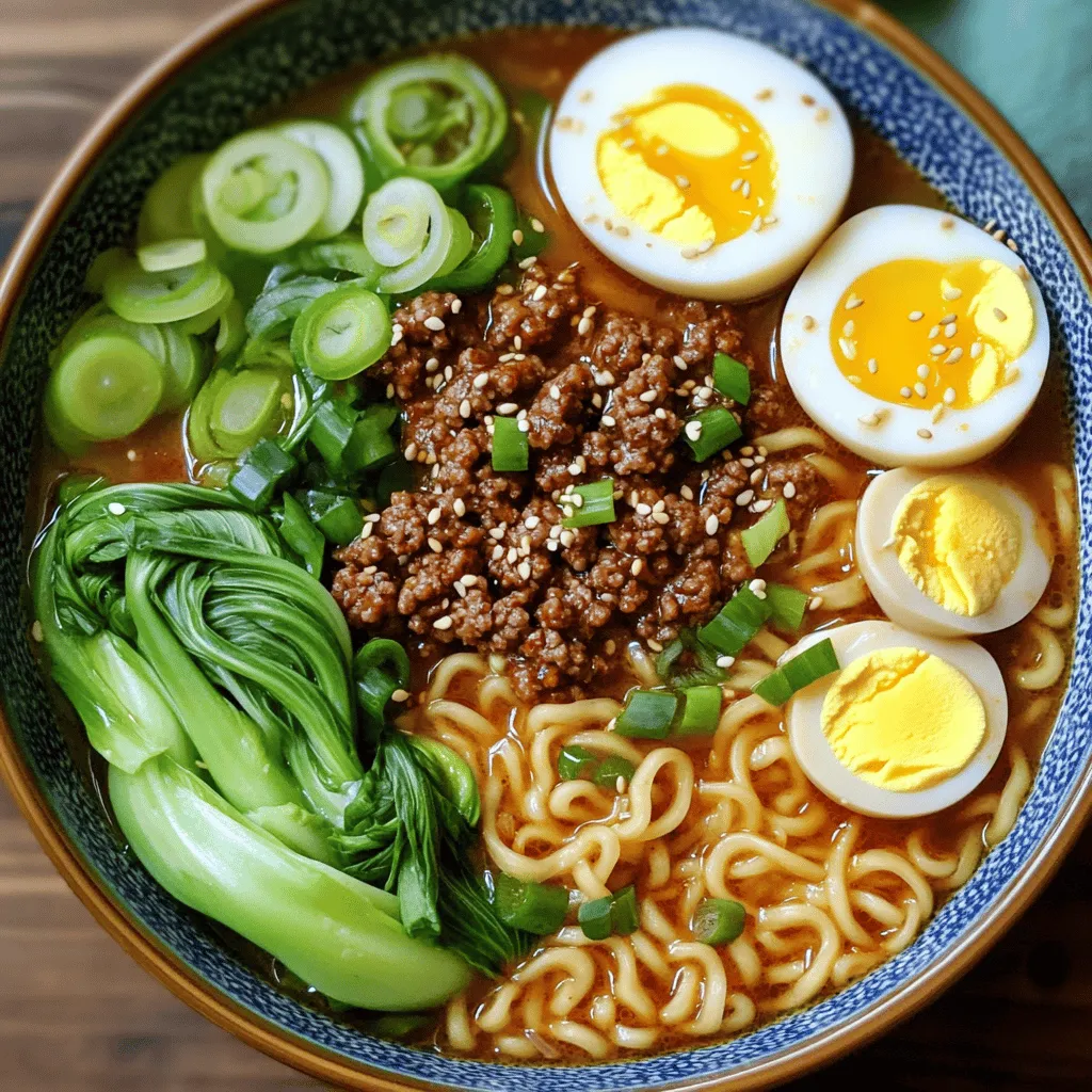 To make the best spicy beef ramen bowls, gather these key ingredients: - 200g ramen noodles - 250g ground beef - 1 tablespoon vegetable oil - 1 small onion, diced - 2 cloves garlic, minced - 1 inch ginger, freshly grated - 2 cups beef broth - 2 tablespoons soy sauce - 1 tablespoon chili paste (adjust for heat) - 1 teaspoon sesame oil - 1 cup bok choy, chopped - 1 cup shiitake mushrooms, sliced - 2 green onions, thinly sliced (for garnish) - 2 soft-boiled eggs (optional) - Sesame seeds (for garnish) These ingredients create a rich and spicy base for your dish. Toppings can take your ramen bowls to the next level. Consider these options: - Thinly sliced green onions add freshness. - Soft-boiled eggs bring creaminess. - Sesame seeds provide a crunchy texture. - Chili oil adds extra heat. - Nori sheets bring a sea flavor. Mix and match these toppings to create your perfect bowl. If you lack some ingredients, here are some easy swaps: - Use chicken or vegetable broth instead of beef broth for a lighter taste. - Ground turkey or pork can replace ground beef. - Spinach or kale can substitute for bok choy. - Any type of mushrooms can work in place of shiitake. These substitutions keep your ramen flavorful while adapting to your pantry. To cook the ramen noodles, follow the package instructions. Usually, this means boiling them in water for about 3 to 5 minutes. Keep an eye on them so they don’t get too soft. Once cooked, drain the noodles and place them in a bowl. This step is key for a great texture in your spicy beef ramen. In a large pot, heat one tablespoon of vegetable oil over medium heat. When the oil is hot, add one small diced onion. Cook it for about 3 to 4 minutes until it becomes translucent. Then, stir in two minced garlic cloves and one inch of freshly grated ginger. Cook this mix for another minute. It should smell amazing! Now, increase the heat to medium-high. Add 250 grams of ground beef. Use a spoon to break it apart and cook it for about 5 to 7 minutes until it’s browned and no longer pink. Next, pour in 2 cups of beef broth. Add 2 tablespoons of soy sauce, 1 tablespoon of chili paste, and 1 teaspoon of sesame oil. Stir the mixture well and bring it to a gentle simmer. This is where the magic happens! Add 1 cup of chopped bok choy and 1 cup of sliced shiitake mushrooms. Cook for about 3 to 4 minutes, until the veggies are tender but still bright. The broth should now have a rich, spicy flavor that will make your ramen unforgettable. To get a rich broth, start with good beef broth. Use low-sodium broth for better control over salt. Add soy sauce and chili paste for depth and heat. Adjust the chili paste according to your spice level. A touch of sesame oil adds a nutty flavor. Let the broth simmer to meld all the tastes. The longer it simmers, the better it gets. For soft-boiled eggs, start with room temperature eggs. Boil water in a pot, then gently add the eggs. Cook for exactly six to seven minutes. Remove them and place them in ice water for a few minutes. This stops the cooking process. Peel the eggs carefully. Slice them in half for a beautiful garnish. Presentation matters! Use large, shallow bowls for your ramen. Place the noodles in the center and ladle the broth over them. Arrange bok choy and mushrooms around the noodles for color. Top with soft-boiled eggs, green onions, and sesame seeds. A sprinkle of chili flakes adds an extra pop. Serve with chopsticks for a fun touch! {{image_4}} You can make this dish vegetarian by swapping the ground beef. Use tofu or tempeh instead. They both soak up the broth well. You can also add more veggies like bell peppers, carrots, or zucchini. This keeps the meal hearty and full of flavor. To tweak the heat, play with the chili paste. Start with a small amount, then add more if you like. You can also use fresh chili slices for a kick. If it's too spicy, add a bit of sugar. This balances the heat and brings out the flavors. If ground beef isn’t your thing, try ground turkey or chicken. These proteins work well in the broth. You can also use shrimp or fish for a seafood twist. Each option gives a unique taste to the ramen bowls. To keep your spicy beef ramen fresh, store leftovers in an airtight container. Make sure to separate the noodles from the broth. This helps prevent the noodles from getting too soft. You can keep the broth and veggies together. Place the container in the fridge. Consume the leftovers within three days for the best taste. When you are ready to enjoy your leftovers, reheat them carefully. Pour the broth and veggies into a pot. Heat them over medium-low until hot. For the noodles, add them to the broth for a minute. This warms them quickly without making them mushy. If you like, top your bowl with fresh green onions for extra flavor. If you want to save some ramen for later, freezing is a great option. Cool the broth and veggies completely first. Then, pour them into a freezer-safe container. For the noodles, freeze them separately. Use the noodles within three months for the best quality. When you are ready to eat, thaw in the fridge overnight and reheat as mentioned above. Enjoy your spicy beef ramen bowls anytime! For a nice meal, serve these bowls with: - Edamame: Steamed and sprinkled with salt. - Seaweed salad: Fresh and tangy for a crunchy side. - Pickled vegetables: Add a zesty touch to your meal. - Gyoza: These dumplings pack a great flavor punch. Each side brings a unique taste. They balance the spicy, savory notes of the ramen. Yes, you can prepare parts of this dish ahead of time. Cook the beef and broth mix. Store it in the fridge for up to three days. When ready, heat it up and cook the noodles fresh. This keeps the noodles from becoming soggy. You can also prep your veggies in advance. Just chop and store them in the fridge. To keep ramen noodles firm, follow these tips: - Cook noodles just until tender. Drain and rinse them under cold water. - Toss them with a teaspoon of oil to prevent sticking. - Serve noodles and broth separately. This keeps the noodles fresh. These steps help you enjoy a perfect bowl of ramen every time! You learned how to make tasty spicy beef ramen bowls. We explored key ingredients, and options to make it your own. I shared step-by-step tips to cook noodles and blend flavors. You also found ways to store leftovers and reheat them right. Remember, the best ramen can match your taste. Enjoy tweaking this dish as you like. Happy cooking!