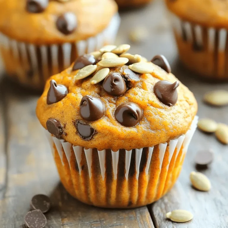 - 1 cup canned pumpkin puree - 1/2 cup packed brown sugar - 1/2 cup granulated sugar - 1/3 cup vegetable oil - 2 large eggs - 1 teaspoon vanilla extract - 1 1/2 cups all-purpose flour - 1 teaspoon baking powder - 1 teaspoon baking soda - 1 teaspoon ground cinnamon - 1/2 teaspoon ground nutmeg - 1/4 teaspoon ground ginger - 1/2 teaspoon salt - 1 cup chocolate chips (semisweet or dark) - Optional: Pumpkin seeds for topping When I make Chocolate Chip Pumpkin Muffins, I love using canned pumpkin puree. It adds moisture and rich flavor. The brown sugar and granulated sugar give a sweet touch. I use vegetable oil for a soft texture. Eggs help the muffins rise and bind the ingredients nicely. I always choose all-purpose flour for the base. Baking powder and baking soda are key for a fluffy muffin. The spices—cinnamon, nutmeg, and ginger—bring warmth and fall vibes. Chocolate chips add delicious bursts of sweetness. If you want to get creative, sprinkle pumpkin seeds on top for crunch. This mix of ingredients creates a cozy, flavorful treat perfect for any fall day. Each bite gives you that warm, seasonal taste. Trust me, you will love these muffins! First, preheat your oven to 350°F (175°C). This warms the oven so your muffins bake evenly. Prepare your muffin tin by lining each cup with paper liners or greasing them lightly with cooking spray or oil. Next, in a large mixing bowl, mix the wet ingredients. Combine 1 cup of canned pumpkin puree, 1/2 cup of packed brown sugar, 1/2 cup of granulated sugar, 1/3 cup of vegetable oil, 2 large eggs, and 1 teaspoon of vanilla extract. Whisk these together until smooth. Now, it’s time to sift and combine the dry ingredients. In a separate bowl, sift together 1 1/2 cups of all-purpose flour, 1 teaspoon of baking powder, 1 teaspoon of baking soda, 1 teaspoon of ground cinnamon, 1/2 teaspoon of ground nutmeg, 1/4 teaspoon of ground ginger, and 1/2 teaspoon of salt. This process helps mix the leavening agents well. Gradually mix the dry ingredients into the wet mixture. Add the dry ingredients in thirds, stirring gently with a spatula or wooden spoon. It’s okay to have a few lumps; avoid overmixing. This keeps the muffins soft. Next, fold in 1 cup of chocolate chips carefully. Make sure they spread evenly throughout the batter. Then, using a scoop or spoon, fill each muffin cup about two-thirds full with the batter. For a nice touch, add a sprinkle of pumpkin seeds on top. Bake the muffins for 18-22 minutes. They are ready when a toothpick comes out clean or with a few moist crumbs. Once baked, let the muffins cool in the tin for 5 minutes before moving them to a wire rack. This cooling step helps them set properly. How to prevent overmixing Overmixing can lead to tough muffins. To avoid this, mix the wet and dry ingredients gently. Stir until just combined. A few small lumps are fine. This keeps the muffins light and fluffy. Ensuring even baking To help your muffins bake evenly, place the muffin tin in the center of the oven. This allows hot air to flow around the muffins. Keep an eye on them during baking. Rotate the tin halfway through for best results. Alternatives for sugar If you want a healthier option, use maple syrup or honey instead of sugar. You may need to adjust the liquid in the batter. Use less liquid if you add a wet sweetener. Vegan substitutions To make these muffins vegan, replace the eggs with flaxseed meal. Mix 1 tablespoon of flaxseed with 3 tablespoons of water for each egg. Let it sit until it thickens. You can also use plant-based milk instead of regular milk. Best pairings with beverages These muffins pair well with coffee or tea. The flavors of pumpkin and chocolate blend nicely with both. Try serving them with a warm spiced cider for a cozy treat. Ideas for garnishing For a special touch, sprinkle powdered sugar on top of the muffins before serving. You can also add pumpkin seeds for crunch. A dollop of whipped cream adds sweetness and creaminess. {{image_4}} You can easily change the taste of your chocolate chip pumpkin muffins. Adding nuts or dried fruits gives a new twist. Try walnuts, pecans, or dried cranberries for texture. You can also explore different types of chocolate. Semisweet chocolate is a classic choice, but milk or dark chocolate adds a rich flavor. Mix and match to find your favorite combo! For those needing gluten-free options, swap all-purpose flour with almond or gluten-free flour. Your muffins will still be fluffy and tasty! If you want to reduce sugar, use a sugar substitute like stevia or applesauce. This keeps the muffins sweet while cutting calories. Fall brings lovely flavors. You can add apple chunks or chopped dates for a seasonal touch. For holiday themes, consider adding spices like allspice or cloves. You could even top your muffins with a cream cheese frosting for festive flair. These changes make your muffins perfect for any occasion! To keep your muffins fresh, use airtight containers. Plastic or glass containers work well. You can also use a resealable bag. Make sure to cool the muffins before you store them. This helps prevent moisture build-up. Place parchment paper between layers to avoid sticking. For refrigeration, store the muffins in the fridge if you want them to last longer. They stay fresh for about a week in the fridge. Remember to wrap them tightly to keep them moist. Freezing muffins is a great way to enjoy them later. First, let the muffins cool completely. Then, wrap each muffin in plastic wrap. You can also use aluminum foil for better protection. Place wrapped muffins in a freezer-safe bag. To thaw, remove a muffin from the freezer. Leave it at room temperature for about an hour. If you want to eat it warm, pop it in the microwave for 15-20 seconds. This brings back the fluffy texture. Chocolate chip pumpkin muffins stay fresh for about 3-5 days at room temperature. If stored in the fridge, they can last a week. Signs of spoilage include mold, an off smell, or a dry texture. If you see any of these signs, it’s best to toss them. Enjoy your muffins while they’re at their best! You can use a toothpick test for doneness. Insert a toothpick into the center of a muffin. If it comes out clean or with a few moist crumbs, your muffins are ready. This simple test helps you avoid underbaking or overbaking. Trust me, it works every time! Yes, you can use fresh pumpkin! To prepare fresh pumpkin, start by cutting it in half and removing the seeds. Roast the halves in the oven until soft. Scoop out the flesh and mash it until smooth. This method gives a rich flavor. Just make sure to measure the same amount as you would with canned pumpkin. You have several options for egg replacements in baking. Common choices include: - 1/4 cup unsweetened applesauce per egg - 1/4 cup mashed banana per egg - 1 tablespoon ground flaxseed mixed with 3 tablespoons water, let sit for a few minutes These substitutes work well in muffins and keep them moist. Yes, you can make these muffins ahead of time! Bake them and let them cool completely. Store them in an airtight container at room temperature. They stay fresh for up to three days. You can also freeze them for longer storage. Just thaw before enjoying. In this article, we explored how to make delicious pumpkin muffins from scratch. We covered the essential ingredients, detailed step-by-step instructions, and shared tips for perfect baking. You can also try variations and discover how to store leftovers. Making these muffins can bring warmth to your kitchen, especially during fall. With a bit of creativity, every batch can be unique. Enjoy your baking journey, and share your tasty results!