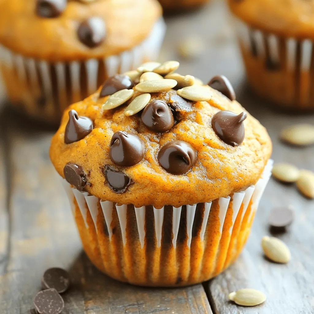 - 1 cup canned pumpkin puree - 1/2 cup packed brown sugar - 1/2 cup granulated sugar - 1/3 cup vegetable oil - 2 large eggs - 1 teaspoon vanilla extract - 1 1/2 cups all-purpose flour - 1 teaspoon baking powder - 1 teaspoon baking soda - 1 teaspoon ground cinnamon - 1/2 teaspoon ground nutmeg - 1/4 teaspoon ground ginger - 1/2 teaspoon salt - 1 cup chocolate chips (semisweet or dark) - Optional: Pumpkin seeds for topping When I make Chocolate Chip Pumpkin Muffins, I love using canned pumpkin puree. It adds moisture and rich flavor. The brown sugar and granulated sugar give a sweet touch. I use vegetable oil for a soft texture. Eggs help the muffins rise and bind the ingredients nicely. I always choose all-purpose flour for the base. Baking powder and baking soda are key for a fluffy muffin. The spices—cinnamon, nutmeg, and ginger—bring warmth and fall vibes. Chocolate chips add delicious bursts of sweetness. If you want to get creative, sprinkle pumpkin seeds on top for crunch. This mix of ingredients creates a cozy, flavorful treat perfect for any fall day. Each bite gives you that warm, seasonal taste. Trust me, you will love these muffins! First, preheat your oven to 350°F (175°C). This warms the oven so your muffins bake evenly. Prepare your muffin tin by lining each cup with paper liners or greasing them lightly with cooking spray or oil. Next, in a large mixing bowl, mix the wet ingredients. Combine 1 cup of canned pumpkin puree, 1/2 cup of packed brown sugar, 1/2 cup of granulated sugar, 1/3 cup of vegetable oil, 2 large eggs, and 1 teaspoon of vanilla extract. Whisk these together until smooth. Now, it’s time to sift and combine the dry ingredients. In a separate bowl, sift together 1 1/2 cups of all-purpose flour, 1 teaspoon of baking powder, 1 teaspoon of baking soda, 1 teaspoon of ground cinnamon, 1/2 teaspoon of ground nutmeg, 1/4 teaspoon of ground ginger, and 1/2 teaspoon of salt. This process helps mix the leavening agents well. Gradually mix the dry ingredients into the wet mixture. Add the dry ingredients in thirds, stirring gently with a spatula or wooden spoon. It’s okay to have a few lumps; avoid overmixing. This keeps the muffins soft. Next, fold in 1 cup of chocolate chips carefully. Make sure they spread evenly throughout the batter. Then, using a scoop or spoon, fill each muffin cup about two-thirds full with the batter. For a nice touch, add a sprinkle of pumpkin seeds on top. Bake the muffins for 18-22 minutes. They are ready when a toothpick comes out clean or with a few moist crumbs. Once baked, let the muffins cool in the tin for 5 minutes before moving them to a wire rack. This cooling step helps them set properly. How to prevent overmixing Overmixing can lead to tough muffins. To avoid this, mix the wet and dry ingredients gently. Stir until just combined. A few small lumps are fine. This keeps the muffins light and fluffy. Ensuring even baking To help your muffins bake evenly, place the muffin tin in the center of the oven. This allows hot air to flow around the muffins. Keep an eye on them during baking. Rotate the tin halfway through for best results. Alternatives for sugar If you want a healthier option, use maple syrup or honey instead of sugar. You may need to adjust the liquid in the batter. Use less liquid if you add a wet sweetener. Vegan substitutions To make these muffins vegan, replace the eggs with flaxseed meal. Mix 1 tablespoon of flaxseed with 3 tablespoons of water for each egg. Let it sit until it thickens. You can also use plant-based milk instead of regular milk. Best pairings with beverages These muffins pair well with coffee or tea. The flavors of pumpkin and chocolate blend nicely with both. Try serving them with a warm spiced cider for a cozy treat. Ideas for garnishing For a special touch, sprinkle powdered sugar on top of the muffins before serving. You can also add pumpkin seeds for crunch. A dollop of whipped cream adds sweetness and creaminess. {{image_4}} You can easily change the taste of your chocolate chip pumpkin muffins. Adding nuts or dried fruits gives a new twist. Try walnuts, pecans, or dried cranberries for texture. You can also explore different types of chocolate. Semisweet chocolate is a classic choice, but milk or dark chocolate adds a rich flavor. Mix and match to find your favorite combo! For those needing gluten-free options, swap all-purpose flour with almond or gluten-free flour. Your muffins will still be fluffy and tasty! If you want to reduce sugar, use a sugar substitute like stevia or applesauce. This keeps the muffins sweet while cutting calories. Fall brings lovely flavors. You can add apple chunks or chopped dates for a seasonal touch. For holiday themes, consider adding spices like allspice or cloves. You could even top your muffins with a cream cheese frosting for festive flair. These changes make your muffins perfect for any occasion! To keep your muffins fresh, use airtight containers. Plastic or glass containers work well. You can also use a resealable bag. Make sure to cool the muffins before you store them. This helps prevent moisture build-up. Place parchment paper between layers to avoid sticking. For refrigeration, store the muffins in the fridge if you want them to last longer. They stay fresh for about a week in the fridge. Remember to wrap them tightly to keep them moist. Freezing muffins is a great way to enjoy them later. First, let the muffins cool completely. Then, wrap each muffin in plastic wrap. You can also use aluminum foil for better protection. Place wrapped muffins in a freezer-safe bag. To thaw, remove a muffin from the freezer. Leave it at room temperature for about an hour. If you want to eat it warm, pop it in the microwave for 15-20 seconds. This brings back the fluffy texture. Chocolate chip pumpkin muffins stay fresh for about 3-5 days at room temperature. If stored in the fridge, they can last a week. Signs of spoilage include mold, an off smell, or a dry texture. If you see any of these signs, it’s best to toss them. Enjoy your muffins while they’re at their best! You can use a toothpick test for doneness. Insert a toothpick into the center of a muffin. If it comes out clean or with a few moist crumbs, your muffins are ready. This simple test helps you avoid underbaking or overbaking. Trust me, it works every time! Yes, you can use fresh pumpkin! To prepare fresh pumpkin, start by cutting it in half and removing the seeds. Roast the halves in the oven until soft. Scoop out the flesh and mash it until smooth. This method gives a rich flavor. Just make sure to measure the same amount as you would with canned pumpkin. You have several options for egg replacements in baking. Common choices include: - 1/4 cup unsweetened applesauce per egg - 1/4 cup mashed banana per egg - 1 tablespoon ground flaxseed mixed with 3 tablespoons water, let sit for a few minutes These substitutes work well in muffins and keep them moist. Yes, you can make these muffins ahead of time! Bake them and let them cool completely. Store them in an airtight container at room temperature. They stay fresh for up to three days. You can also freeze them for longer storage. Just thaw before enjoying. In this article, we explored how to make delicious pumpkin muffins from scratch. We covered the essential ingredients, detailed step-by-step instructions, and shared tips for perfect baking. You can also try variations and discover how to store leftovers. Making these muffins can bring warmth to your kitchen, especially during fall. With a bit of creativity, every batch can be unique. Enjoy your baking journey, and share your tasty results!