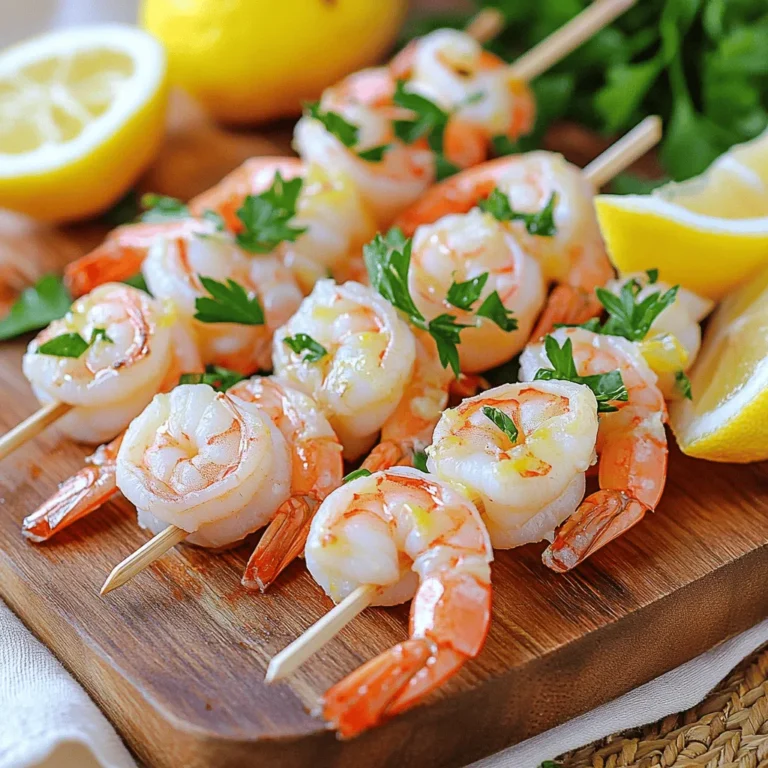 - 1 pound large shrimp, peeled and deveined - 3 tablespoons olive oil - 3 tablespoons freshly squeezed lemon juice - Zest of 1 lemon - 4 cloves garlic, finely minced - 1 teaspoon smoked paprika - 1 teaspoon dried oregano - Salt and pepper, to taste - Fresh parsley, finely chopped (for garnish) - Wooden or metal skewers - Red pepper flakes for heat - Lemon slices for grilling - Fresh herbs like thyme or basil - Cherry tomatoes for color and taste - Use shrimp with the shell on for extra flavor. - Swap olive oil for avocado oil if desired. - Replace smoked paprika with regular paprika for less smokiness. - Use lime juice instead of lemon juice for a fun twist. These ingredients set the stage for a bright and zesty dish. The key lies in the fresh flavors and simple preparation. Enjoy the process of cooking, and feel free to play around with the ingredients! First, decide if you want to use wooden skewers or metal ones. If you pick wooden skewers, soak them in water for at least 30 minutes. This step helps to stop them from burning on the grill. It’s an important part of the process. If you skip this, your skewers may catch fire. Now, grab a medium bowl. In it, mix three tablespoons of olive oil, three tablespoons of fresh lemon juice, and the zest of one lemon. Add four cloves of minced garlic for that punch of flavor. Sprinkle in one teaspoon of smoked paprika and one teaspoon of dried oregano. Lastly, add salt and pepper to taste. Whisk these ingredients well. This marinade adds depth to your shrimp. Next, take your one pound of peeled and deveined shrimp and place them in the bowl. Gently toss the shrimp so they are fully coated in the marinade. Let them sit at room temperature for about 15 to 20 minutes. Avoid marinating longer than 30 minutes. The lemon’s acidity can start to cook your shrimp if you leave them too long. While the shrimp marinates, preheat your grill or grill pan to medium-high heat. If you’re using an outdoor grill, clean the grates and oil them lightly. This helps prevent sticking. After marinating, thread about four to five shrimp onto each skewer. Space them evenly to ensure they cook well. Place the skewers on the hot grill. Cook for about 2 to 3 minutes on each side. Watch them closely. When the shrimp turn pink and opaque, they are done. Remove them quickly. Overcooked shrimp can become rubbery. Once grilled, take the skewers off the heat and let them rest for a minute. This helps the juices settle back in. For the final touch, sprinkle fresh parsley on top. Serve with lemon wedges for extra zest. These details make your dish pop! For the best flavor, use fresh lemon juice. It brightens the shrimp. Combine it with olive oil, garlic, paprika, and oregano. This mix creates a tasty coat that enhances each bite. Whisk well to blend the flavors. A good marinade needs about 15-20 minutes. Don't go over 30 minutes. The lemon can start to cook the shrimp. Shrimp cooks fast. Watch them closely! Grill for only 2-3 minutes on each side. Look for a pink color and opaque look. If they curl tightly, they may be overcooked. Remove them as soon as they change color. Perfectly cooked shrimp should be tender, not rubbery. To get those beautiful grill marks, preheat your grill well. A hot grill gives you nice sear lines. Place the skewers down and don't move them for a couple of minutes. This helps create those marks. Turn the skewers only once to keep the marks even. Enjoy the look as much as the taste! {{image_4}} You can easily change the flavor of your lemon garlic shrimp skewers. For a spicy kick, add red pepper flakes to the marinade. If you like a sweet touch, mix in some honey or brown sugar. Want a tropical twist? Use lime juice instead of lemon juice. You can also experiment with fresh herbs like cilantro or basil. Each change gives the dish a new taste. Grilling is great, but there are other ways to cook shrimp skewers. You can broil them in your oven for a quick and easy option. Just set your oven to high, place the skewers on a baking sheet, and cook for 2-3 minutes on each side. Another method is to pan-sear them in a skillet. Use a bit of olive oil over medium-high heat. This method gives you a lovely sear and keeps the shrimp juicy. Serve your lemon garlic shrimp skewers with a variety of sides. They pair well with a green salad or grilled vegetables. You can also serve them over rice or quinoa for a hearty meal. For a fun twist, try them in tacos with fresh salsa and avocado. Don’t forget to add extra lemon wedges on the side for a bright finish! After enjoying your lemon garlic shrimp skewers, store any leftovers right away. Place them in an airtight container. This helps keep them fresh. You can store them in the fridge for up to 2 days. If you want to keep them longer, freezing is a great option. To reheat the shrimp skewers, you have a few choices. You can use a pan on low heat. Just add a little olive oil to keep them moist. Alternatively, you can microwave them in short bursts of 30 seconds. Check often to avoid overcooking. You want them warm, not rubbery. If you decide to freeze the skewers, follow these steps. First, make sure the shrimp are completely cooled. Then, wrap the skewers in plastic wrap. Place them in a freezer bag, squeezing out as much air as possible. They can last up to 3 months in the freezer. When ready to use, thaw them overnight in the fridge before reheating. Yes, you can use frozen shrimp. Just thaw them first. Place the shrimp in a bowl of cold water for about 15-20 minutes. This will help them thaw quickly. Once thawed, peel and devein them if needed. Using frozen shrimp can save time and still taste great. Shrimp cook fast. They turn pink and opaque when done. This usually takes about 2-3 minutes per side on the grill. You can also check if they curl into a tight "C" shape. If they look firm and not rubbery, they are ready to eat. Lemon garlic shrimp skewers pair well with many sides. Here are some tasty options: - Green salad with a light dressing - Fluffy rice or quinoa - Grilled vegetables like zucchini or bell peppers - Garlic bread for a crunchy contrast You can prep some parts ahead. Marinate the shrimp and store them in the fridge for up to 30 minutes. You can also soak wooden skewers ahead of time. However, it’s best to grill the skewers right before serving for the best taste and texture. This blog covered the key steps to make delicious lemon garlic shrimp skewers. We discussed all necessary ingredients and how to customize your dish. I shared tips to perfect your marinade and avoid overcooked shrimp. We explored various cooking methods and storage tips for leftovers. Remember, cooking is fun, so experiment with flavors and sides. Enjoy your skewers and share your results!