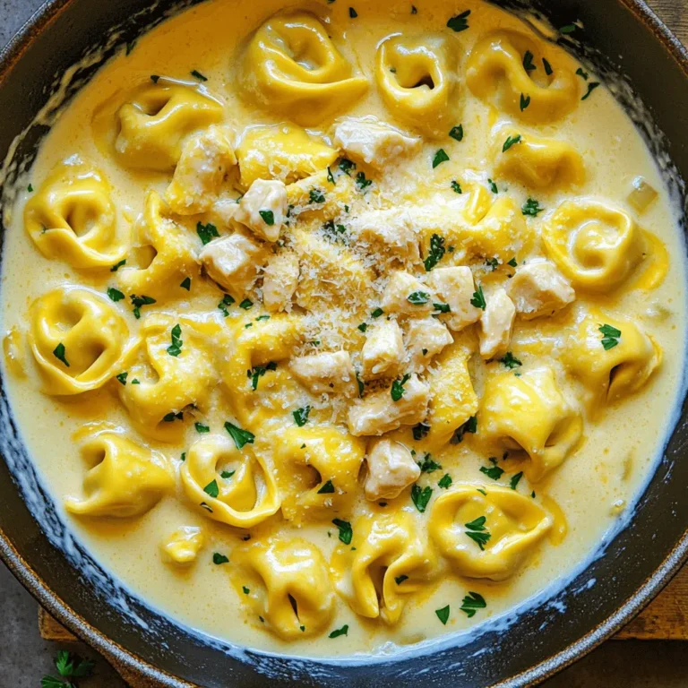 - 2 cups cheese tortellini (fresh or frozen) - 1 pound boneless, skinless chicken breast - 1 cup heavy whipping cream - 1 cup freshly grated Parmesan cheese - 1 tablespoon extra virgin olive oil - 3 cloves garlic - 1 teaspoon Italian seasoning blend - Salt and freshly ground black pepper - Fresh parsley for garnish When it comes to making Creamy Chicken Alfredo Tortellini, having the right ingredients is key. First, choose high-quality cheese tortellini. You can use fresh or frozen tortellini. Fresh adds a nice touch, but frozen works well too. Next, you need a pound of boneless, skinless chicken breast. Cut it into small pieces for even cooking. The chicken brings protein and a nice texture to the dish. Heavy whipping cream is a must for the Alfredo sauce. It creates that rich, creamy base. You will also need freshly grated Parmesan cheese. Grating it yourself makes a big difference in flavor and texture. Now for the seasonings. Extra virgin olive oil is great for cooking the chicken. Garlic adds a lovely aroma and a punch of flavor. Italian seasoning gives it a nice herbal note. Don't forget to add salt and freshly ground black pepper to taste. Finally, fresh parsley is perfect for garnish. It adds color and a hint of freshness. This simple yet elegant dish needs these ingredients to shine. Each one plays a role in making the meal delicious and satisfying. To cook cheese tortellini, follow the package instructions. Bring a pot of water to a boil. Add a pinch of salt to the water. Drop in the tortellini gently. Cook until they float to the top, which usually takes 2-4 minutes. This means they are al dente, which is firm but not hard. Drain the tortellini well and set them aside to keep them warm. For the chicken, heat one tablespoon of extra virgin olive oil in a large skillet over medium heat. Once the oil is hot, add one pound of diced chicken breast. Sprinkle with salt and freshly ground black pepper. Sauté the chicken for about 7-10 minutes. Stir occasionally until the chicken is golden and no longer pink. This ensures even cooking and great flavor. Now, let’s make the Alfredo sauce. Add three finely minced garlic cloves to the skillet with the chicken. Sauté for about one minute until it smells nice. Be careful not to burn the garlic. Next, pour in one cup of heavy whipping cream. Stir well to mix it with the chicken and garlic. Bring this to a gentle simmer. Gradually add one cup of freshly grated Parmesan cheese. Stir continuously until it melts. This makes the sauce rich and creamy. Now it’s time to combine everything. Gently fold the cooked tortellini into the sauce. Toss carefully until the pasta is well coated. Let this simmer on low heat for 2-3 minutes. This helps the flavors blend together beautifully. Serve hot and enjoy your creamy chicken Alfredo tortellini! To make your dish pop, adjust the seasonings to your taste. Start with salt and pepper. Always taste as you go. This helps you find the right balance. Fresh herbs like parsley and basil add bright flavors. Dried herbs are okay too, but fresh is best. You can swap dried herbs for fresh at a 1:3 ratio. Plating is key for a great look. Use warm bowls to serve the creamy tortellini. Start with a base of tortellini, then add the sauce on top. For a pop of color, sprinkle extra Parmesan cheese. A sprig of parsley adds freshness and makes the dish eye-catching. Using the right pans makes cooking easier. A large skillet works best for this recipe. Look for one with a non-stick surface for easy clean-up. Quality utensils, like a good spatula, help you stir without damaging your pan. Investing in these tools makes your cooking experience better. {{image_4}} You can enhance your creamy chicken Alfredo tortellini by adding fresh vegetables. Great options include: - Spinach - Broccoli - Peas - Bell peppers To cook these veggies, you can sauté them in the same skillet as the chicken. Start with the denser vegetables like broccoli and bell peppers. Add them first and cook for about 3-4 minutes. Then add spinach and peas, cooking them just until tender. If you want to switch up the protein, try shrimp or tofu. Both options work well! For shrimp, cook them for about 4-5 minutes until they turn pink. If you choose tofu, cut it into cubes. Sauté it for about 7-10 minutes until golden brown. Adjust the cooking time depending on the protein you choose. You can also play with pasta types in this dish. Use penne, fettuccine, or even whole wheat pasta for a twist. If using a different shape, check the package for cooking times. Most pasta shapes will cook in about 8-12 minutes. Make sure to cook them al dente for the best texture in your dish. To keep your Creamy Chicken Alfredo Tortellini fresh, follow these tips: - Place leftovers in an airtight container. - Store them in the fridge within two hours of cooking. - This dish stays good in the fridge for up to three days. Make sure to check for any signs of spoilage before eating. If it smells off or looks strange, it’s best to toss it out. If you want to freeze your tortellini, here’s how: - Let the dish cool completely before freezing. - Portion it into freezer-safe containers. - Seal tightly and label with the date. You can freeze it for up to three months. To keep the creaminess, avoid freezing it with too much sauce. When you’re ready to eat, thaw it in the fridge overnight. Reheating is easy if you do it right: - You can use the stove or microwave. - For the stove, heat in a skillet over low heat. - Stir occasionally until heated through. If using a microwave, cover the dish and heat in short bursts. Make sure the dish reaches an internal temperature of 165°F. Enjoy your meal just like it was made fresh! You can store Creamy Chicken Alfredo Tortellini in the fridge. Use an airtight container. It stays fresh for about three days. For longer storage, freeze it. Place the dish in a freezer-safe container. It can last up to three months in the freezer. To reheat, thaw it overnight in the fridge. Then, warm it gently on the stove or in the microwave. Yes, you can make this dish ahead of time. Cook the tortellini and chicken first. You can prepare the sauce too, but don’t mix them yet. Store each part separately in the fridge. When ready to serve, combine everything in a skillet. Heat gently until warm. This helps keep the flavors fresh. To thicken the sauce, add more Parmesan cheese. You can also let it simmer longer. This reduces the liquid and thickens it. If the sauce is too thick, add a splash of chicken broth or cream. Stir well until you reach the right consistency. Always check the taste after adjusting. Yes, you can make a vegetarian version. Substitute the chicken with sautéed mushrooms or spinach. Use vegetable broth instead of chicken broth in the sauce. You can also try adding sun-dried tomatoes for extra flavor. The cheese tortellini can stay the same or switch to a veggie type. This creamy chicken Alfredo tortellini recipe is simple and delicious. We discussed key ingredients, step-by-step cooking, and tips for perfecting the dish. You can customize it with veggies or different proteins. Remember to adjust the seasonings to suit your taste. Store leftovers properly, so they stay fresh. Enjoy your cooking and impress others with your new skill!