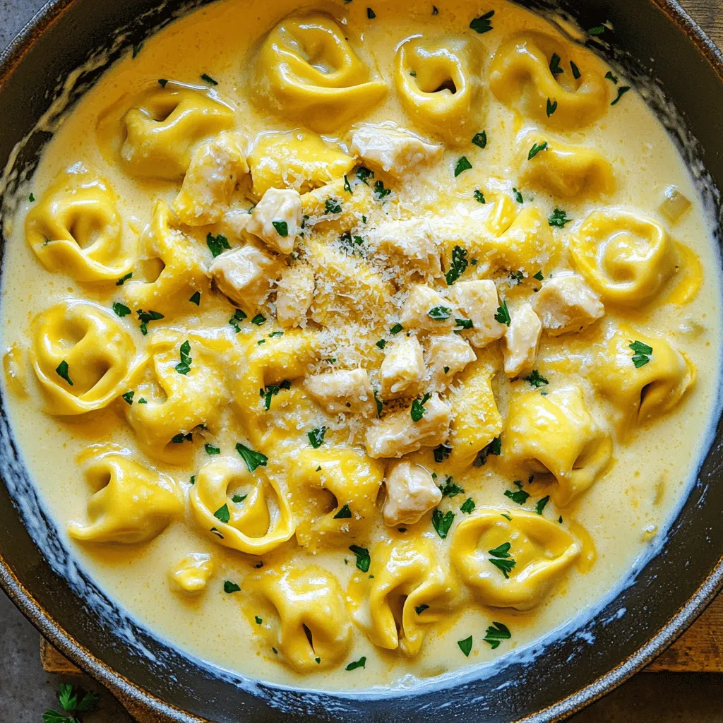 - 2 cups cheese tortellini (fresh or frozen) - 1 pound boneless, skinless chicken breast - 1 cup heavy whipping cream - 1 cup freshly grated Parmesan cheese - 1 tablespoon extra virgin olive oil - 3 cloves garlic - 1 teaspoon Italian seasoning blend - Salt and freshly ground black pepper - Fresh parsley for garnish When it comes to making Creamy Chicken Alfredo Tortellini, having the right ingredients is key. First, choose high-quality cheese tortellini. You can use fresh or frozen tortellini. Fresh adds a nice touch, but frozen works well too. Next, you need a pound of boneless, skinless chicken breast. Cut it into small pieces for even cooking. The chicken brings protein and a nice texture to the dish. Heavy whipping cream is a must for the Alfredo sauce. It creates that rich, creamy base. You will also need freshly grated Parmesan cheese. Grating it yourself makes a big difference in flavor and texture. Now for the seasonings. Extra virgin olive oil is great for cooking the chicken. Garlic adds a lovely aroma and a punch of flavor. Italian seasoning gives it a nice herbal note. Don't forget to add salt and freshly ground black pepper to taste. Finally, fresh parsley is perfect for garnish. It adds color and a hint of freshness. This simple yet elegant dish needs these ingredients to shine. Each one plays a role in making the meal delicious and satisfying. To cook cheese tortellini, follow the package instructions. Bring a pot of water to a boil. Add a pinch of salt to the water. Drop in the tortellini gently. Cook until they float to the top, which usually takes 2-4 minutes. This means they are al dente, which is firm but not hard. Drain the tortellini well and set them aside to keep them warm. For the chicken, heat one tablespoon of extra virgin olive oil in a large skillet over medium heat. Once the oil is hot, add one pound of diced chicken breast. Sprinkle with salt and freshly ground black pepper. Sauté the chicken for about 7-10 minutes. Stir occasionally until the chicken is golden and no longer pink. This ensures even cooking and great flavor. Now, let’s make the Alfredo sauce. Add three finely minced garlic cloves to the skillet with the chicken. Sauté for about one minute until it smells nice. Be careful not to burn the garlic. Next, pour in one cup of heavy whipping cream. Stir well to mix it with the chicken and garlic. Bring this to a gentle simmer. Gradually add one cup of freshly grated Parmesan cheese. Stir continuously until it melts. This makes the sauce rich and creamy. Now it’s time to combine everything. Gently fold the cooked tortellini into the sauce. Toss carefully until the pasta is well coated. Let this simmer on low heat for 2-3 minutes. This helps the flavors blend together beautifully. Serve hot and enjoy your creamy chicken Alfredo tortellini! To make your dish pop, adjust the seasonings to your taste. Start with salt and pepper. Always taste as you go. This helps you find the right balance. Fresh herbs like parsley and basil add bright flavors. Dried herbs are okay too, but fresh is best. You can swap dried herbs for fresh at a 1:3 ratio. Plating is key for a great look. Use warm bowls to serve the creamy tortellini. Start with a base of tortellini, then add the sauce on top. For a pop of color, sprinkle extra Parmesan cheese. A sprig of parsley adds freshness and makes the dish eye-catching. Using the right pans makes cooking easier. A large skillet works best for this recipe. Look for one with a non-stick surface for easy clean-up. Quality utensils, like a good spatula, help you stir without damaging your pan. Investing in these tools makes your cooking experience better. {{image_4}} You can enhance your creamy chicken Alfredo tortellini by adding fresh vegetables. Great options include: - Spinach - Broccoli - Peas - Bell peppers To cook these veggies, you can sauté them in the same skillet as the chicken. Start with the denser vegetables like broccoli and bell peppers. Add them first and cook for about 3-4 minutes. Then add spinach and peas, cooking them just until tender. If you want to switch up the protein, try shrimp or tofu. Both options work well! For shrimp, cook them for about 4-5 minutes until they turn pink. If you choose tofu, cut it into cubes. Sauté it for about 7-10 minutes until golden brown. Adjust the cooking time depending on the protein you choose. You can also play with pasta types in this dish. Use penne, fettuccine, or even whole wheat pasta for a twist. If using a different shape, check the package for cooking times. Most pasta shapes will cook in about 8-12 minutes. Make sure to cook them al dente for the best texture in your dish. To keep your Creamy Chicken Alfredo Tortellini fresh, follow these tips: - Place leftovers in an airtight container. - Store them in the fridge within two hours of cooking. - This dish stays good in the fridge for up to three days. Make sure to check for any signs of spoilage before eating. If it smells off or looks strange, it’s best to toss it out. If you want to freeze your tortellini, here’s how: - Let the dish cool completely before freezing. - Portion it into freezer-safe containers. - Seal tightly and label with the date. You can freeze it for up to three months. To keep the creaminess, avoid freezing it with too much sauce. When you’re ready to eat, thaw it in the fridge overnight. Reheating is easy if you do it right: - You can use the stove or microwave. - For the stove, heat in a skillet over low heat. - Stir occasionally until heated through. If using a microwave, cover the dish and heat in short bursts. Make sure the dish reaches an internal temperature of 165°F. Enjoy your meal just like it was made fresh! You can store Creamy Chicken Alfredo Tortellini in the fridge. Use an airtight container. It stays fresh for about three days. For longer storage, freeze it. Place the dish in a freezer-safe container. It can last up to three months in the freezer. To reheat, thaw it overnight in the fridge. Then, warm it gently on the stove or in the microwave. Yes, you can make this dish ahead of time. Cook the tortellini and chicken first. You can prepare the sauce too, but don’t mix them yet. Store each part separately in the fridge. When ready to serve, combine everything in a skillet. Heat gently until warm. This helps keep the flavors fresh. To thicken the sauce, add more Parmesan cheese. You can also let it simmer longer. This reduces the liquid and thickens it. If the sauce is too thick, add a splash of chicken broth or cream. Stir well until you reach the right consistency. Always check the taste after adjusting. Yes, you can make a vegetarian version. Substitute the chicken with sautéed mushrooms or spinach. Use vegetable broth instead of chicken broth in the sauce. You can also try adding sun-dried tomatoes for extra flavor. The cheese tortellini can stay the same or switch to a veggie type. This creamy chicken Alfredo tortellini recipe is simple and delicious. We discussed key ingredients, step-by-step cooking, and tips for perfecting the dish. You can customize it with veggies or different proteins. Remember to adjust the seasonings to suit your taste. Store leftovers properly, so they stay fresh. Enjoy your cooking and impress others with your new skill!