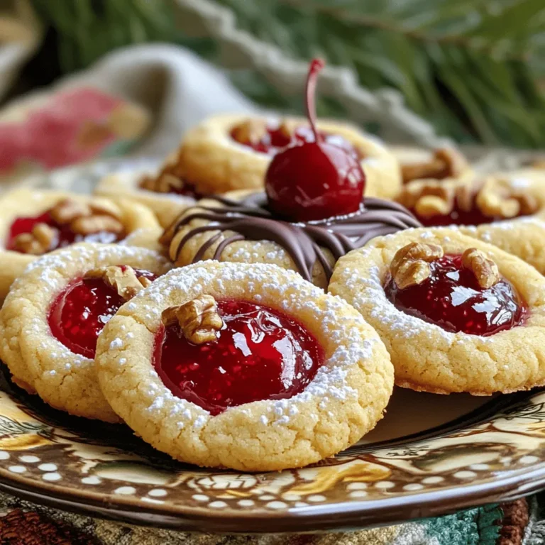 - 1 cup unsalted butter, softened - 1 cup granulated sugar - 1 large egg, at room temperature - 2 teaspoons pure vanilla extract - 2 ½ cups all-purpose flour - ½ teaspoon baking powder - ¼ teaspoon fine sea salt - 1 cup cherry jam or preserves - ½ cup finely chopped walnuts or almonds (optional) - Powdered sugar, for dusting I pick unsalted butter for better control over salt levels. It gives a rich flavor without overpowering. Granulated sugar adds sweetness and helps with texture. The egg binds the dough and adds moisture. Pure vanilla extract gives a warm, inviting aroma. When choosing flour, I recommend all-purpose flour for its versatility. Baking powder helps the cookies rise slightly. Fine sea salt enhances the overall taste, balancing sweetness. Cherry jam is key for that classic flavor, while walnuts or almonds add crunch. For high-quality ingredients, I visit local markets or trusted brands. Freshness matters, especially for butter and eggs. Always check the jam for real fruit content. This ensures your cookies taste great and look appealing. 1. Start by preheating your oven to 350°F (175°C). This step is crucial for even baking. 2. Line a baking sheet with parchment paper. This helps prevent the cookies from sticking. 3. In a large bowl, cream together 1 cup of softened unsalted butter and 1 cup of granulated sugar. Mix until light and fluffy, about 3-4 minutes. 4. Beat in 1 large egg and 2 teaspoons of pure vanilla extract. Ensure the mixture is smooth and well combined. 5. In another bowl, whisk together 2 ½ cups of all-purpose flour, ½ teaspoon of baking powder, and ¼ teaspoon of fine sea salt. 6. Gradually add the dry mixture to the wet ingredients. Mix slowly until a soft dough forms. 7. If you want extra crunch, fold in ½ cup of finely chopped walnuts or almonds. Make sure they are evenly mixed in. 8. Use a tablespoon to scoop the dough. Roll each scoop into a ball about the size of a golf ball. 9. Place the dough balls on the baking sheet, leaving about 2 inches between them. 10. Using your thumb or a teaspoon, press a small indentation in the center of each ball. 11. Fill each thumbprint with a spoonful of cherry jam. Be careful not to overflow. 12. Bake the cookies for 12-15 minutes. Look for lightly golden edges and set centers. 13. Let the cookies cool on the baking sheet for 5 minutes. Then transfer them to a wire rack to cool completely. 14. Once cool, dust the tops lightly with powdered sugar for a lovely finish. These steps ensure you make the best Cherry Pie Thumbprint Cookies. Enjoy the fun of baking! For the best Cherry Pie Thumbprint Cookies, aim for a light and fluffy texture. Cream your butter and sugar well. Mix for about 3-4 minutes until pale and airy. This step adds air, making your cookies soft. Keep your oven at the right temperature. Preheat it to 350°F (175°C) before baking. Use an oven thermometer to check accuracy. This ensures even baking and helps prevent burnt edges. Pair these cookies with a glass of milk or a cup of tea. Their sweet cherry flavor goes well with these drinks. You can also serve them with coffee for a cozy treat. For a pretty presentation, arrange cookies on a decorative plate. Drizzle melted chocolate over them for a touch of elegance. Add a fresh cherry on top to make them pop. This makes your cookies look as good as they taste! {{image_4}} You can switch up the cherry jam for other fruit jams. Try raspberry, strawberry, or even blueberry. Each choice adds a unique twist. You can also mix in spices or flavorings. A pinch of cinnamon or a dash of almond extract can elevate the taste. Consider adding lemon zest for a fresh zing. For those needing gluten-free options, use almond flour or gluten-free flour blends. You can make these cookies dairy-free by using coconut oil instead of butter. To cut down on sugar, try using a sugar substitute like stevia or monk fruit. This keeps the sweetness without the extra calories. To keep your Cherry Pie Thumbprint Cookies fresh, store them in the right way. Use an airtight container to keep moisture out. Place parchment paper between layers to avoid sticking. This method helps maintain their soft texture. For best results, eat the cookies within one week. If you want to keep them longer, freezing is a great option. To freeze, first let the cookies cool completely. Then, place them in a single layer on a baking sheet. Freeze for about one hour until firm. Once frozen, transfer the cookies to a freezer-safe bag or container. For thawing, take out the cookies and leave them at room temperature for about 30 minutes. If you want a warm cookie, pop them in the oven at 350°F (175°C) for 5-7 minutes. This warms them and makes the filling gooey again. Enjoy every bite! How to fix crumbly dough? If your dough is crumbly, add a little water. Start with a teaspoon. Mix well. You want it to stick together but not be wet. If it stays dry, add more water slowly. What can I use if I don't have cherry jam? You can use any jam you like. Try raspberry, strawberry, or blueberry. Each will give a tasty twist to the cookies. Just make sure the jam is thick enough to hold its shape. How long do the cookies last? These cookies can last up to a week when stored well. Keep them in an airtight container. They stay fresh and tasty this way. Can I make the dough ahead of time? Yes, you can prepare the dough a day ahead. Wrap it in plastic wrap and chill it. This makes it easy to bake when you need them. Can this recipe be doubled or halved? You can easily double or halve the recipe. Just keep the same ratios for each ingredient. This way, you get the right taste and texture every time. What is the best way to avoid soggy cookies? To avoid soggy cookies, bake them until lightly golden. Don’t overfill the jam, as it can make them wet. Let them cool fully before storing. This blog post covered all the key steps to bake delicious cookies. We discussed ingredient choices, preparation, and baking tips to ensure success. I shared ideas for flavor variations and dietary options to fit your needs. Plus, I provided storage tips and answered common questions you may have. With the right ingredients and methods, you can make cookies that taste great and impress others. Enjoy the process, and have fun experimenting!